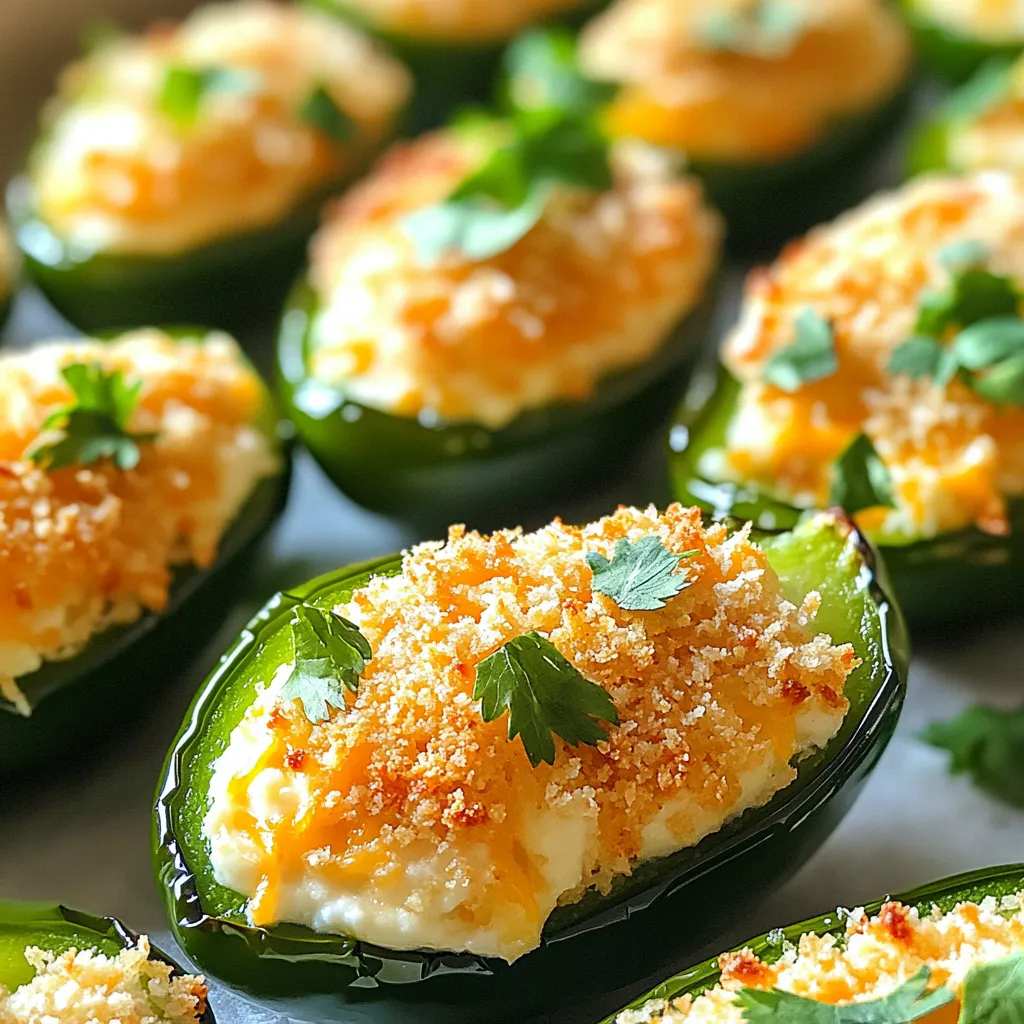 To make Air Fryer Jalapeño Popper Bites, you'll need a few simple ingredients. These flavors come together to create a tasty snack that everyone will love. Here’s what you need: - 12 fresh jalapeño peppers, halved and seeded - 1 cup cream cheese, softened - 1 cup shredded cheddar cheese - ½ cup panko breadcrumbs - 1 teaspoon garlic powder - ½ teaspoon onion powder - Salt and pepper to taste - Cooking spray - Optional: chopped fresh cilantro for garnish The fresh jalapeño peppers give these bites their spicy kick. I love using cream cheese and cheddar cheese for a rich filling. The garlic powder and onion powder add great flavor. Panko breadcrumbs create a nice crunch when air-fried. You can also add chopped cilantro as a garnish for a pop of color. It adds freshness and makes the dish look great. This simple list of ingredients makes it easy to whip up a batch. Enjoy preparing these delightful bites! First, take the fresh jalapeños. Cut each one in half lengthwise. Use a small spoon to scoop out the seeds and membranes. This step helps reduce the heat, making them more enjoyable. Next, grab a mixing bowl. Add 1 cup of softened cream cheese and 1 cup of shredded cheddar cheese. Also, add 1 teaspoon of garlic powder, ½ teaspoon of onion powder, and some salt and pepper. Mix everything together until it’s nice and smooth. This cheese filling is creamy and packed with flavor. Now, take each jalapeño half. Fill it generously with the cheese mixture. Press the cheese down gently to keep it in place. Make sure every half is full of that delicious filling. The more cheese, the better! For the next step, get a shallow dish and spread out ½ cup of panko breadcrumbs. Coat each stuffed jalapeño in the breadcrumbs. Press down a bit to help them stick. This coating will give them a nice crunch when they cook. Preheat your air fryer to 350°F (175°C). Lightly spray the air fryer basket with cooking spray. Place the breaded jalapeños in a single layer. Make sure there’s space around them for good airflow. Air fry the jalapeños for 8-10 minutes. You want them golden brown and the jalapeños tender. When they are done, carefully remove them and let them cool for a few minutes. Enjoy your tasty snack! To get the best cheese filling, start with softened cream cheese. This makes mixing easy. I use equal parts cream cheese and cheddar cheese. This gives a nice balance of flavor. Add garlic powder and onion powder for extra taste. Mix until smooth and creamy. If you want more kick, add a pinch of cayenne pepper. Make sure to press the cheese mixture into each jalapeño half. This helps it stay put while cooking. When air frying, use a light coat of cooking spray. This helps the poppers crisp up nicely. Keep space between each jalapeño in the basket. This ensures good air flow. If you overcrowd, they may not cook evenly. I recommend checking them halfway through cooking. This way, you can shake the basket for better results. Cook at 350°F for 8-10 minutes until golden brown. You want them tender but not mushy. These jalapeño popper bites pair well with many sauces. I love serving them with ranch or blue cheese dressing. For a fresh twist, try a cilantro lime dip. You can also serve them with crunchy veggies or tortilla chips. Garnish with chopped cilantro on top for color. This adds a nice touch to the plate. Enjoy these bites as a snack or at parties! {{image_2}} You can change up the cheese in your jalapeño popper bites. Instead of cream cheese and cheddar, try using mozzarella for a gooey texture. Goat cheese gives a tangy flavor that many love. You can even mix different cheeses for a unique taste. Keep your taste buds excited by swapping flavors! Want to add some protein? Bacon or sausage works great! Cook the bacon until crispy, then chop it up. Mix it into the cheese filling for an extra savory kick. If you like sausage, cook and crumble it before adding. This will make your bites heartier and more filling. If you crave more heat, explore different peppers. Try serrano or habanero for a fiery twist. You can also add hot sauce or chili flakes to the cheese mixture. This will kick up the spice level and keep things exciting. Adjust the heat to match your taste. To keep your jalapeño popper bites fresh, store them in an airtight container. Place a paper towel in the container to absorb moisture. This helps keep the bites crispy. You can store them in the fridge for up to three days. For longer storage, freeze them. Wrap each popper in plastic wrap, then place them in a freezer bag. This method prevents freezer burn. When you're ready to enjoy leftovers, reheating is key. The best way to reheat them is in the air fryer. Preheat the air fryer to 350°F (175°C). Place the poppers in a single layer and heat for about 5 minutes. This keeps them crispy and warms them through. You can also use an oven. Place them on a baking sheet and heat at 350°F (175°C) for 10-15 minutes. Avoid using the microwave, as it can make them soggy. For the best taste, eat your jalapeño popper bites within three days if stored in the fridge. If you freeze them, they can last for up to three months. After that, their taste and texture may change. Always check for any signs of spoilage before eating. If they look or smell off, it’s best to toss them out. To make jalapeño popper bites in an oven, preheat your oven to 375°F (190°C). Follow the same steps for mixing the filling and stuffing the jalapeños. After you coat them with panko breadcrumbs, place them on a baking sheet lined with parchment paper. Bake for about 15-20 minutes or until golden brown and crisp. This method gives you a great flavor and texture, too. Yes, you can prepare jalapeño popper bites ahead of time! You can stuff the jalapeños and coat them with breadcrumbs. Then, place them in an airtight container in the fridge. When you are ready to cook them, just pop them in the air fryer or oven. This makes for a quick snack or appetizer when you have guests. You can serve air fryer jalapeño popper bites with a variety of dips. Some great options include ranch dressing, sour cream, or guacamole. You can also pair them with crunchy veggie sticks or tortilla chips. These sides add extra flavor and texture to your snack time! This article covered how to make delicious jalapeño popper bites. We included essential ingredients, detailed steps, tips for success, and flavorful variations. Remember, customizing your recipe can lead to exciting new flavors. Proper storage ensures your leftovers stay fresh for longer. I hope you feel ready to try these tasty bites. Enjoy sharing them with friends or family!