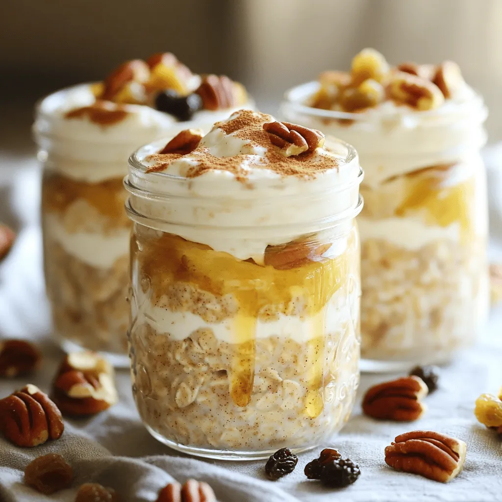 To make tasty cinnamon roll overnight oats, you need these key items: - 1 cup rolled oats - 1 cup almond milk (or any milk of choice) - 1 tablespoon chia seeds - 1 tablespoon maple syrup - 1 teaspoon vanilla extract - 1 teaspoon ground cinnamon - 1/2 teaspoon nutmeg - 1/4 cup Greek yogurt (or dairy-free yogurt) These ingredients create a creamy, sweet base that mimics the flavor of cinnamon rolls. The oats soak up the milk and spices overnight, making them soft and delicious. To boost the taste, consider adding: - 1/4 cup chopped pecans or walnuts - 2 tablespoons raisins Nuts give a nice crunch, while raisins add sweetness. Both ingredients make your oats feel more like dessert! If you have special dietary needs, here are some swaps: - Use oat milk or coconut milk instead of almond milk. - Replace Greek yogurt with dairy-free yogurt or silken tofu for a vegan option. - For a nut-free recipe, skip the nuts and add seeds like pumpkin or sunflower instead. These swaps keep the recipe tasty while fitting your diet! Start by grabbing a large mixing bowl. Add 1 cup of rolled oats. Pour in 1 cup of almond milk or any milk you like. Next, add 1 tablespoon of chia seeds for extra nutrition. Then, drizzle in 1 tablespoon of maple syrup to sweeten the mix. Don’t forget 1 teaspoon of vanilla extract for flavor. Sprinkle in 1 teaspoon of ground cinnamon and 1/2 teaspoon of nutmeg. Stir it all together until well mixed. Now, take 1/4 cup of Greek yogurt and fold it into your oat mixture. This step is key. The yogurt makes the oats creamy, just like the frosting on a cinnamon roll. Mix until it’s smooth and well combined. If you want more texture, toss in 1/4 cup of chopped pecans or walnuts and 2 tablespoons of raisins. These add a nice crunch and extra flavor. Once your mixture is ready, divide it into jars or containers that have lids. Make sure to seal them tightly. This helps keep the oats fresh. Place the jars in the fridge overnight. If you can’t wait, let them soak for at least 4 hours. This soaking time is important. It allows the oats to absorb the liquid and become soft. In the morning, stir the oats well. If they seem thick, add a splash of milk to loosen them up. Enjoy your delicious cinnamon roll overnight oats! To get creamy oats, use rolled oats. They soak up the milk well. I like almond milk, but any milk works. Add chia seeds for extra creaminess and nutrition. Mix all ingredients well before chilling. This helps the flavors blend beautifully. Ensure you fold in the yogurt smoothly. It mimics the frosting of a cinnamon roll. For a great look, use clear jars. Start with a layer of oats. Then add a layer of yogurt. Repeat these layers until the jar is full. Top it with nuts, raisins, and a sprinkle of cinnamon. This makes your oats look as good as they taste. A mini cinnamon roll on the side adds fun. If your oats seem too thick, add a splash of milk before serving. Stir well to mix. If they are too runny, use less milk next time. Letting the oats soak longer helps them soften, too. For a sweeter taste, add more maple syrup. Don't be afraid to adjust the spices to fit your taste. {{image_2}} You can change the flavor of your cinnamon roll overnight oats easily. Try adding some ginger or allspice for a warm kick. You can also mix in cocoa powder for a chocolate twist. If you like fruit, add apples or bananas for natural sweetness. This will give your oats a fun surprise. To make this recipe vegan, use almond milk or coconut milk. Replace Greek yogurt with dairy-free yogurt made from coconut or soy. You can also swap maple syrup with agave nectar or a different sweetener. This way, everyone can enjoy a tasty breakfast. If you need a nut-free version, use sunflower seed butter instead of nuts. You can also skip the nuts and add seeds, like pumpkin or chia seeds. This keeps your oats safe for those with nut allergies while still giving you great flavor and crunch. To store leftover overnight oats, place them in airtight jars or containers. Make sure the lids fit tightly. This keeps the oats fresh and tasty. If you have extra toppings, store them in a separate container to keep them crunchy. These oats last about 3 to 5 days in the fridge. If you want to keep them longer, you can freeze them. Just scoop the oats into freezer-safe jars. Leave some space at the top for expansion. They can stay frozen for about 3 months. When you want to eat them, let them thaw in the fridge overnight. If you like warm oats, here’s how to reheat them. Pour the oats into a bowl and add a splash of milk. This helps them heat evenly. Microwave for about 30 seconds to 1 minute. Stir well and check the temperature. If they need more heat, warm them in 15-second bursts. Enjoy them warm for a cozy breakfast! You should let the oats soak for at least 4 hours. I prefer soaking them overnight. This way, the oats become soft and creamy. They absorb all the yummy flavors, too. If you are in a hurry, aim for a minimum of 4 hours. Yes, you can use instant oats. However, they will change the texture. Instant oats cook faster, so they absorb liquid differently. Your overnight oats may turn mushy if soaked too long. I recommend sticking with rolled oats for the best results. They give a nice chewy texture. You can add many healthy items to boost the nutrition. Here are a few ideas: - Fresh fruits like bananas or berries - More seeds, like hemp or flaxseeds - Nut butters for healthy fats - A scoop of protein powder for extra protein - Spinach for a hidden veggie boost These extras will enhance flavor and make your oats more filling. Plus, they add a fun twist to your breakfast! Cinnamon roll overnight oats are easy and fun to make. We covered essential ingredients, helpful tips, and tasty variations. Remember to store your oats properly for the best texture. These oats suit many diets, so you can customize them to your liking. Enjoy the creamy, sweet treat that saves you time in the morning. With these steps, you can create a delicious breakfast that fits your needs. Dive into this new breakfast and make it your own!