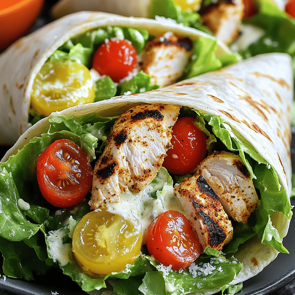 To make Cajun Chicken Caesar Wraps, gather these key items: - 2 boneless, skinless chicken breasts - 2 tablespoons Cajun seasoning - 1 tablespoon olive oil These ingredients create a tasty base for our wraps. The chicken provides protein, while Cajun seasoning adds a nice kick. Olive oil helps keep the chicken moist. Next, we need the main wrap parts: - 4 large tortillas (flour or whole wheat) - 2 cups romaine lettuce, chopped - 1/2 cup Caesar dressing Tortillas hold everything together. Choose flour for softness or whole wheat for a nutty flavor. Romaine adds crunch, and Caesar dressing gives a creamy taste. Finally, add these delicious toppings: - 1/2 cup grated Parmesan cheese - 1/4 cup cherry tomatoes, halved - Freshly cracked black pepper to taste Parmesan cheese enhances flavor with its salty richness. Cherry tomatoes bring sweetness and color. Cracked black pepper adds a hint of spice. These toppings make the wraps even more delightful. To start, we need to marinate the chicken. Mix Cajun seasoning with olive oil in a small bowl. This marinade adds great flavor. Coat both chicken breasts well. Let them sit for about 15-20 minutes. This time helps the chicken soak up the spices. Next, heat your grill or grill pan to medium-high. Place the marinated chicken on the grill. Cook for about 5-7 minutes on each side. The chicken is ready when it reaches 165°F (75°C). Once cooked, take it off the grill and let it rest. This resting time keeps the chicken juicy. After a few minutes, slice the chicken into strips. While the chicken rests, it's time to make the salad. In a large bowl, mix chopped romaine lettuce, Caesar dressing, and grated Parmesan cheese. Toss them together until the lettuce is well coated. This mixture should taste creamy and fresh. Next, add halved cherry tomatoes to the bowl. These tomatoes bring a burst of color and flavor. Mix gently to combine everything. Now, you have a tasty salad ready for the wraps. Now, let’s build the wraps! Take a tortilla and lay it flat on a clean surface. In the center, place a good amount of the Caesar salad mixture. Top this with sliced Cajun chicken. If you like more cheese, sprinkle extra Parmesan on top. To fold the wrap, start by folding in the sides. Then, roll it tightly from the bottom. Make sure the filling stays inside. This method keeps everything secure. Serve the wraps right away or wrap them in parchment paper for later. Enjoy your fresh and flavorful Cajun Chicken Caesar Wraps! For the best flavor, marinate the chicken for at least 15 to 20 minutes. This time allows the spices to soak in well. You can also try different seasonings. A blend of smoked paprika and garlic powder adds a nice twist. Experiment with your favorite spices to create your unique flavor. Use large flour or whole wheat tortillas for easy wrapping. They hold the filling well and offer a soft bite. To get a crispy exterior, grill the wraps for a few minutes after wrapping them. This step makes the outside nice and crunchy. Serve your wraps on a colorful platter for a fun look. Slice them in half to show off the vibrant filling. Pair your wraps with sweet potato fries or a fresh side salad. This combo makes for a complete meal that everyone will love. {{image_2}} You can spice up your Cajun Chicken Caesar Wraps in fun ways. Start by adding jalapeños for a kick. Slice them thin and mix them into the salad. You can also drizzle hot sauce over the chicken for more heat. Another option is to switch up the Cajun seasoning. Try different blends to change the flavor. Each spice mix adds its own twist. If you want a lighter wrap, choose low-calorie dressing options. Look for yogurt-based Caesar dressings. They taste great and cut calories. You can also substitute the chicken with grilled vegetables. Bell peppers, zucchini, and mushrooms work well. This version is vegetarian and still filling. Want to explore global flavors? Start by incorporating different herbs and spices. Try adding cilantro or basil for a fresh taste. You can also use sauces from around the world. Swap the Caesar dressing for tahini or a spicy sriracha sauce. Each option gives your wrap a unique flair. To keep your Cajun Chicken Caesar Wraps fresh, store them in the fridge. Use airtight containers or plastic wrap. This will help prevent them from drying out. You can eat the wraps within three days for the best taste. After three days, the flavors may fade. Always check for any signs of spoilage before eating. You can freeze the wraps, but it's best to do this before assembly. Wrap each tortilla tightly in plastic wrap. Then, place them in a freezer bag. They will last for up to three months in the freezer. If you freeze them after making, it can affect the texture. To reheat, remove the wrap from the freezer and let it thaw in the fridge overnight. Once thawed, heat it in a skillet over medium heat for 5-7 minutes. This will help restore the wrap’s crunch. Enjoy your flavorful meal again! Store your wraps in the fridge. Wrap them tightly in plastic wrap or foil. This keeps them fresh for up to three days. If you want to freeze them, wrap each one well. Use freezer bags for extra protection. They can last for up to three months. Thaw them in the fridge overnight before eating. Yes, you can use other proteins! Try shrimp for a seafood twist. Grilled steak adds a nice flavor too. For a lighter option, use turkey. Each protein will bring its own taste and texture. Just make sure to adjust the cooking time based on what you choose. Making a vegetarian wrap is simple. Skip the chicken and add grilled veggies like peppers or zucchini. You can also use chickpeas for protein. Consider adding some avocado for creaminess. This keeps the wrap hearty and satisfying. Use your favorite plant-based Caesar dressing for flavor. Cajun Chicken Caesar Wraps blend flavor and fun in every bite. We covered key ingredients, from juicy chicken to tasty toppings. You learned how to grill chicken, assemble the salad, and wrap it securely. I shared tips to enhance flavor and texture, plus fun variations to try. Enjoy experimenting and making these wraps your own. They are easy to store and even freeze well. Dive into this recipe, and get creative! You’ll love each delicious, crunchy bite.