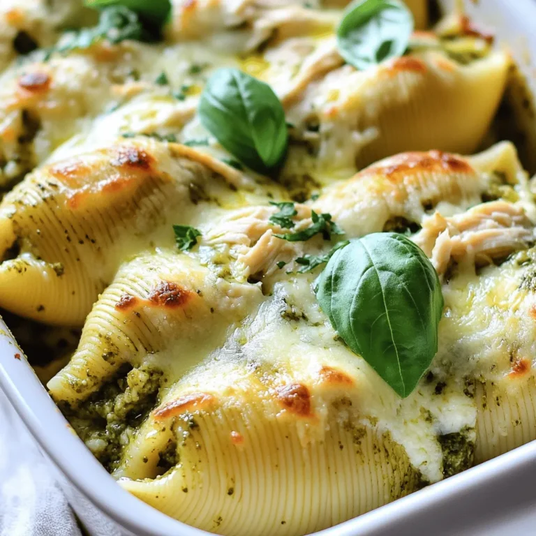 - 12 large jumbo pasta shells - 1 cup cooked chicken, shredded - 1 cup ricotta cheese - 1 cup mozzarella cheese, shredded - 1/2 cup grated Parmesan cheese - 1/2 cup basil pesto - 1 cup heavy cream - 1 teaspoon garlic powder - Salt and pepper to taste - Fresh basil leaves for garnish To make Creamy Pesto Chicken Stuffed Shells, you need some key tools: - A large pot for boiling pasta - A mixing bowl for the filling - A greased 9x13 inch baking dish - A small saucepan for the creamy sauce - A spatula or spoon for mixing and stuffing You can change some ingredients if needed. Here are a few ideas: - Use cooked turkey instead of chicken for a different taste. - Swap ricotta with cottage cheese for a lighter option. - Try Greek yogurt instead of heavy cream for a healthier sauce. - Use vegan cheese for a dairy-free version. - Replace basil pesto with sun-dried tomato pesto for a unique flavor. These swaps can help you make this dish fit your taste or diet! To start, boil water in a large pot. Add salt to the water for flavor. Once it boils, add 12 large jumbo pasta shells. Cook them until they are al dente, about 8 to 10 minutes. Drain the shells and rinse them under cold water. This keeps them from sticking together. Set the shells aside on a clean towel. In a mixing bowl, combine the filling ingredients. Add 1 cup of shredded chicken. Next, mix in 1 cup of ricotta cheese. Then, add half of the 1 cup of shredded mozzarella cheese. Sprinkle in 1/2 cup of grated Parmesan cheese. Add 1/2 cup of basil pesto for flavor. Lastly, add 1 teaspoon of garlic powder. Season with salt and pepper to taste. Mix everything well until it's creamy and smooth. Preheat your oven to 375°F (190°C). Now, take each cooked shell and fill it with the chicken and cheese mixture. Be gentle, so the shells don't break. Place the stuffed shells in a greased 9x13 inch baking dish. Arrange them in a single layer for even cooking. To make your creamy sauce, take a small saucepan and heat it over medium heat. Combine 1 cup of heavy cream and the remaining basil pesto. Stir the mixture gently until it heats up. It should take about 5 minutes. You want the sauce to be warm and slightly thickened. Pour this creamy pesto sauce evenly over the stuffed shells in your baking dish. Cover the baking dish with aluminum foil. Bake in the preheated oven for 25 minutes. After that, remove the foil and bake for another 10 to 15 minutes. You want the cheese on top to be bubbly and golden. Once done, take the dish out and let it cool for a few minutes. Garnish with fresh basil leaves to add color and flavor. To cook the pasta shells just right, you need to watch the time. Boil them in salted water. Follow the package instructions closely. They should be al dente, firm but not hard. Once done, drain and rinse them under cold water. This step keeps them from sticking together. Lay them out flat to cool. For a tasty filling, balance is key. Use a mix of chicken, ricotta, and cheeses. I love adding basil pesto for a fresh taste. Don’t forget the garlic powder, too. Season with salt and pepper to boost flavor. Mix everything well, so each bite is full of goodness. Tasting your filling is a must. Adjust the spices if needed. When it comes to baking, preheat your oven to 375°F (190°C). This ensures even cooking. Cover the dish with foil for the first part of baking. This keeps the shells moist. After 25 minutes, remove the foil. Let the cheese get bubbly and golden for 10 to 15 minutes more. Keep an eye on it to prevent burning. Let the dish cool for a few minutes before serving. This helps the cheese set and makes serving easier. {{image_2}} You can make vegetarian pesto stuffed shells easily. Just skip the chicken. Use more ricotta and add your favorite veggies. Spinach, zucchini, or bell peppers work great. These shells taste fresh and colorful. Adding vegetables to the filling makes it more nutritious. You can mix in cooked broccoli, carrots, or even mushrooms. Chop them small so they fit well in the shells. This adds flavor and a nice crunch to each bite. Feel free to change the sauce and cheese. Instead of pesto, use marinara or Alfredo. You can also mix different cheeses. Try goat cheese, feta, or a sharp cheddar. Each change will give a new twist to this dish. Get creative and find your favorite mix! To keep your creamy pesto chicken stuffed shells fresh, let them cool first. Place them in an airtight container. Store the container in the fridge for up to three days. If you want to keep them longer, freezing is a great option. To freeze, wrap the stuffed shells tightly in plastic wrap. Then, place them in a freezer-safe bag or container. They can stay frozen for up to three months. When you’re ready to eat, thaw the shells in the fridge overnight. Reheat them in the oven at 350°F (175°C) for about 25 minutes. Cover with foil to prevent drying out. Each ingredient has a different shelf life: - Cooked chicken can last in the fridge for up to 4 days. - Ricotta cheese stays fresh for about a week once opened. - Mozzarella cheese lasts around 5 days in the fridge. - Heavy cream can last up to a week after opening. - Basil pesto usually stays good for about a week in the fridge, too. Keeping an eye on these dates helps ensure your stuffed shells taste great every time you enjoy them! Yes, you can use other pasta shapes. Bowtie, rotini, or even lasagna sheets work well. Just make sure the pasta can hold the filling. Each shape gives a unique look and texture. To make this dish gluten-free, swap regular pasta for gluten-free pasta. Many brands offer gluten-free shells or similar shapes. Check the package for cooking times, as they may vary. I love serving these stuffed shells with a fresh salad. A side of garlic bread pairs nicely too. You could try roasted vegetables for a healthy option. Yes, you can. Make the dish, then cover it and store it in the fridge. Bake it the next day when you're ready to eat. You may need to adjust the baking time if it's cold. In this blog post, we explored the tasty recipe for Creamy Pesto Chicken Stuffed Shells. We covered the needed ingredients and tools, plus ingredient swaps. I shared step-by-step instructions for cooking and stuffing the shells, along with baking tips. We also discussed fun variations and how to store your leftovers properly. I hope you feel inspired to try this dish. It’s easy and delicious, perfect for any occasion. Enjoy making and sharing it!