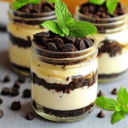 - 24 Oreo cookies (divided into halves) - 1 cup cream cheese, softened - 1/2 cup powdered sugar - 1 cup heavy whipping cream To make No-Bake Oreo Cheesecake Jars, you need a few key ingredients. First, you will need Oreo cookies. These provide a rich and chocolatey flavor. Use 24 cookies, and remember to divide them into halves. Next, cream cheese is essential. It gives the cheesecake its creamy texture and tangy taste. Make sure to soften the cream cheese before mixing. You will need 1 cup for this recipe. Powdered sugar adds sweetness and helps blend the cream cheese. You'll need 1/2 cup. This sugar dissolves easily and gives a smooth finish. Heavy whipping cream is what makes the dessert light and fluffy. You need 1 cup of this for the best results. Whipping it to stiff peaks is key to a perfect texture. - Chocolate chips - Fresh mint leaves Garnishes can elevate your dessert. You can add chocolate chips for extra sweetness. Just 1/4 cup will do. They add a nice crunch and look great on top. Fresh mint leaves are another option. They give a touch of color and a burst of freshness. Use them if you want a pop of green on your jars. - Start by taking 12 Oreo cookies and place them in a food processor. - Crush the cookies until they turn into fine crumbs. - Set these crumbs aside in a bowl. - In a mixing bowl, add 1 cup of softened cream cheese. - Sprinkle in 1/2 cup of powdered sugar and 1 teaspoon of vanilla extract. - Beat the mixture until it is smooth and creamy. - In a separate bowl, pour in 1 cup of heavy whipping cream. - Whip the cream until stiff peaks form. - Gently fold the whipped cream into the cream cheese mixture. - Take small jars or cups and start layering your dessert. - Begin with a tablespoon of Oreo crumbs at the bottom of each jar. - Next, add about 2 tablespoons of the cheesecake mixture over the crumbs. - Repeat these layers until the jars are filled. - Finish with a layer of the cream cheese mixture on top. - Crush the remaining Oreo cookies and sprinkle them on top for decoration. - Place the jars in the fridge for at least 2 hours. - This chilling time helps the cheesecake to set perfectly. - Before serving, add chocolate chips on top and a mint leaf if you like. To make your cheesecake smooth, start with soft cream cheese. Cold cream cheese will not mix well. Leave it out for about 30 minutes before you use it. This helps you avoid lumps in your cheesecake. Next, let’s talk about stiff peaks. When you whip the heavy cream, beat it until stiff peaks form. This means the cream will hold its shape when you lift the whisk. It should not fall back into the bowl. Gently fold the whipped cream into the cream cheese mix. This keeps your dessert light and fluffy. Pair your No-Bake Oreo Cheesecake Jars with fresh fruit, like strawberries or raspberries. They add a nice pop of color and flavor. You can also serve it with a drizzle of chocolate sauce for extra sweetness. Serve the jars chilled for the best taste. The coolness makes each bite refreshing. Enjoy them straight from the fridge, or let them sit out for about 10 minutes before serving. This slight warming can enhance the flavors. {{image_2}} You can change the flavor of your no-bake Oreo cheesecake jars easily. Try using different cookies. Instead of Oreos, use chocolate chip cookies or graham crackers. This twist gives a new taste to the dessert. You can also add fruit flavors. Try mixing in crushed strawberries or blueberries. These fruits add a fresh, sweet touch. For a chocolate boost, add cocoa powder to the cream cheese mix. You could also use chocolate cookies for a double chocolate delight. If you need gluten-free options, choose gluten-free cookies. Many brands offer tasty gluten-free Oreos. You can also use almond flour for the crust if you want to skip the cookies. For dairy-free alternatives, use vegan cream cheese. Coconut cream is a great substitute for heavy whipping cream. This way, you still enjoy a rich and creamy dessert without dairy. To keep your No-Bake Oreo Cheesecake Jars fresh, store them in the fridge. Use an airtight container to cover the jars. This prevents air from getting in and keeps the dessert creamy. Avoid stacking jars to prevent crushing the layers. If you want to freeze them, it's simple. Just make sure to use freezer-safe jars. Leave some space at the top for expansion. Thaw them in the fridge before serving. These jars can last up to five days in the fridge. Always check for any signs of spoilage. If you see any discoloration or mold, it's best to discard them. If the cheesecake smells off or has an unusual texture, don't eat it. Keeping an eye on freshness helps you enjoy every delicious bite! Yes, you can use other cookies. Some tasty alternatives include chocolate chip cookies, graham crackers, or even peanut butter cookies. Each option will give a unique twist to your cheesecake jars. For a fun mix, try using half Oreos and half chocolate chip cookies. The flavors will blend well together, creating a new dessert favorite. The cheesecake jars need at least two hours to chill. This allows the mixture to firm up and set properly. If you have more time, letting them chill overnight makes them even better. The flavors deepen, and the texture becomes perfect for serving. Yes, you can make these jars ahead of time. They store well in the fridge for up to three days. This is great for parties or meal prep. Just layer the jars and cover them tightly with a lid or plastic wrap. Before serving, add the chocolate chips and mint leaves for a fresh touch. In this blog post, we explored how to make delicious Oreo cheesecake jars. You learned about key ingredients like Oreos, cream cheese, and heavy cream. We walked through each step, from the crust to the perfect layer. I shared tips for great texture and tasty garnishes. You also discovered ways to adjust the recipe for different diets and flavors. Now, you have the tools to create a simple, tasty dessert. Enjoy your cheesecake jars and your time in the kitchen!