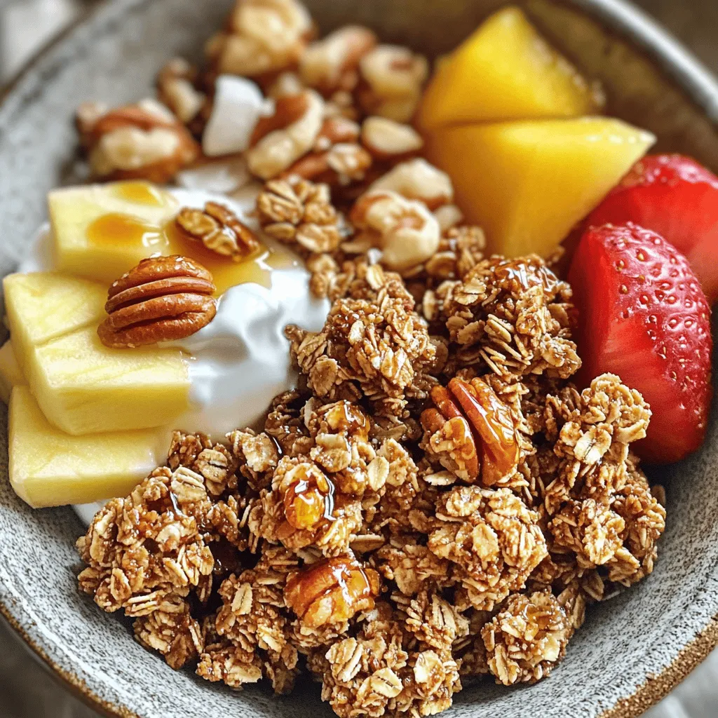 - 2 cups rolled oats - 1 cup pecans, roughly chopped - 1/2 cup unsweetened shredded coconut - 1/4 cup sunflower seeds - 1/2 teaspoon cinnamon - 1/4 teaspoon salt - 1/2 cup maple syrup - 1/4 cup coconut oil, melted - 1 teaspoon vanilla extract - 1/2 cup dried cranberries (optional) When it comes to making Maple Pecan Granola Clusters, the right ingredients make all the difference. First, you need rolled oats. They create a hearty base and add great texture. Next, we have pecans. Roughly chop them for a nutty crunch. Unsweetened shredded coconut brings a touch of tropical flavor. Sunflower seeds add a nice bite. In the spice department, cinnamon adds warmth. Just a little salt brightens all the flavors. Maple syrup brings sweetness and a lovely glaze. Melted coconut oil helps bind the mixture together. Don’t forget the vanilla extract; it enhances the overall taste. If you want to get creative, add dried cranberries for a fruity twist. They complement the nuts and oats well. Each ingredient plays a role, so choose quality ones for the best results. Enjoy every bite of your crunchy and tasty treat! - Preheat oven to 350°F (175°C). - Line a baking sheet with parchment paper. - In a large bowl, combine: - 2 cups rolled oats - 1 cup pecans, roughly chopped - 1/2 cup unsweetened shredded coconut - 1/4 cup sunflower seeds - 1/2 teaspoon cinnamon - 1/4 teaspoon salt Mix these dry ingredients well. This mixture gives your granola its core flavors. - In a separate bowl, whisk together: - 1/2 cup maple syrup - 1/4 cup coconut oil, melted - 1 teaspoon vanilla extract This blend adds sweetness and moisture. - Pour the wet mixture over the dry ingredients. Mix thoroughly. - If you want to add cranberries, fold them in gently now. This step helps each piece stick together for clusters. - Transfer the mixture onto the baking sheet. Press it down firmly. - Bake for 20-25 minutes, stirring halfway through. This helps achieve a golden color and crisp texture. - Let the granola cool completely on the baking sheet. - Once cool, break it into clusters of your choice. - Store in an airtight container. Cooling is key; it helps form those yummy clusters! To make your granola clusters stick together, press the mixture down firmly on the baking sheet. This step helps create a solid base. If you skip this, your clusters may break apart. Baking time is also key. For crunchier clusters, add a few more minutes to the bake time. Keep an eye on them to avoid burning. You can boost the flavor of your granola by adding spices. Consider adding nutmeg or ginger for a warm touch. If you want different nuts, swap pecans for almonds or walnuts. You can also try maple extract instead of vanilla for a richer taste. Feel free to mix in seeds like chia or pumpkin for added nutrition. Granola clusters shine when served with yogurt or fresh fruit. Layer them in a bowl with your favorite yogurt and top with berries for a tasty breakfast. You can also use them as a crunchy topping on ice cream or smoothies. For a quick snack, grab a handful on the go or mix them into trail mix. {{image_2}} If you want to change the nuts in the recipe, you can use almonds or walnuts instead of pecans. Both options add a nice crunch and flavor. Almonds give a sweet taste, while walnuts add a rich, earthy note. Just chop them roughly like the pecans. This way, you keep the texture fun and exciting. You can switch the flavor by adding different extracts. Try using almond extract instead of vanilla for a unique twist. Almond extract adds a lovely, nutty flavor that pairs well with maple. Just use the same amount, one teaspoon, for a nice balance. This small change can make your granola taste new and different. For extra texture, think about adding chocolate chips or seeds. Chocolate chips can make your granola a sweet treat, perfect for a snack. You can use dark, milk, or even white chocolate. If you prefer something healthy, add seeds like pumpkin or chia. These options boost the crunch and give a nutritional kick. Just fold them in with the other ingredients before baking. To keep your maple pecan granola clusters fresh, use airtight containers. Glass jars work great. If you use plastic, make sure they seal well. Store them in a cool, dry place. Avoid areas with heat or moisture. This helps maintain their crunch and flavor. In an airtight container, your granola clusters can last up to two weeks. After that, they may lose their crispness. If you want them to stay fresh longer, consider freezing them. Always check for any signs of spoilage before eating. To freeze granola clusters, first let them cool completely. Then, pack them into freezer bags or containers. Press out as much air as you can to prevent freezer burn. They can stay fresh in the freezer for up to three months. When you’re ready, thaw them at room temperature or in the fridge. Enjoy them whenever you want! To make your granola clusters crunchy, I recommend a few simple tips: - Press down the mixture: After mixing, press the granola tightly on the baking sheet. - Bake until golden: Keep an eye on the oven. Bake until the edges turn golden brown. - Cool completely: Let the granola cool fully on the sheet. This helps it firm up. - Stir halfway, but gently: When you stir halfway, do it lightly to keep clusters intact. These steps work together to give you that delightful crunch we all love! Yes, you can easily make this recipe gluten-free! Just use gluten-free rolled oats. Many brands offer them, so check your local store. Make sure to read the labels for any cross-contamination. This simple swap ensures you can enjoy these tasty clusters without worry. There are many fun ways to serve your granola clusters! Here are some ideas: - Breakfast: Serve them in a bowl with yogurt and fresh fruit. - Snacks: Grab a handful for a quick, healthy snack. - Dessert: Top ice cream with granola for a crunchy treat. Feel free to get creative! Your granola clusters can shine in many meals. This blog post shared a simple recipe for maple pecan granola clusters. You learned which base ingredients you need and how to mix them. We covered step-by-step instructions for baking and tips for the best results. Remember, you can customize the recipe to suit your taste. Enjoy your homemade granola clusters for breakfast or as a snack. Keep them fresh by storing them correctly. Happy baking!