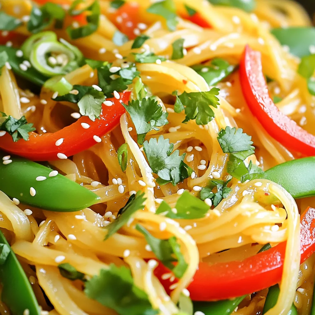 - 200g rice noodles - 3 tablespoons soy sauce - 2 tablespoons chili garlic sauce - 1 tablespoon sesame oil - 3 cloves garlic, minced - 1 tablespoon fresh ginger, grated - 1 red bell pepper, thinly sliced - 1 cup snap peas, trimmed - 3 green onions, chopped - 1 tablespoon toasted sesame seeds - Fresh cilantro for garnish (optional) - Salt and pepper to taste To make Spicy Garlic Chili Noodles, you need simple, fresh ingredients. The rice noodles serve as the base, giving the dish a nice texture. Soy sauce and chili garlic sauce add bold flavor. The sesame oil adds a rich, nutty taste. Next, the aromatics are key. Garlic and ginger bring warmth and depth. The red bell pepper and snap peas add crunch and color. For garnishes, green onions and sesame seeds give the final touch. Gather all your ingredients, so you are ready to cook. This dish comes together fast, perfect for a quick meal. First, boil a pot of water. Add your rice noodles to the water. Cook them according to the package instructions, usually about 4 to 5 minutes. Once done, drain the noodles in a colander. Rinse them with cold water to stop the cooking process. Set the noodles aside while you prepare the sauce and vegetables. In a mixing bowl, combine three tablespoons of soy sauce, two tablespoons of chili garlic sauce, and one tablespoon of sesame oil. Stir well until everything blends nicely. This sauce adds flavor and heat to your noodles. Heat a large skillet over medium heat. Add a splash of oil to the skillet. Once hot, toss in three minced garlic cloves and one tablespoon of grated ginger. Sauté for about 30 seconds until they smell great. Be careful; you don’t want to burn them. Next, add one sliced red bell pepper and one cup of trimmed snap peas. Stir-fry for about 2 to 3 minutes until the veggies are tender-crisp. Now, add your cooked noodles to the skillet. Pour in the sauce mixture and toss everything together. Make sure the noodles and vegetables are coated well with the sauce. Cook for an additional 1 to 2 minutes to heat everything through. Taste your noodles and season with salt and pepper as needed. Remove the skillet from the heat. Stir in three chopped green onions for added freshness. Serve your spicy garlic chili noodles hot. For garnish, sprinkle with one tablespoon of toasted sesame seeds. If you like, add fresh cilantro on top for an extra touch. Enjoy your quick and spicy meal! To cook rice noodles just right, start by boiling water. Follow the package instructions, usually around 4-5 minutes. Test them for doneness. They should be soft but still firm. Drain the noodles and rinse them under cold water. This stops the cooking and keeps them from sticking. You can customize the heat of your dish. If you like it mild, use less chili garlic sauce. You could also mix in some honey or sugar to balance it. For more heat, add extra chili garlic sauce or some red pepper flakes. Taste as you go to find your perfect balance. To save time on busy days, prep your ingredients ahead. Chop the vegetables and store them in the fridge. You can also cook the noodles in bulk. Store them in a container with a little oil to prevent sticking. This way, you can whip up your noodles in just a few minutes. {{image_2}} You can make Spicy Garlic Chili Noodles even better by adding protein. Chicken, shrimp, or tofu all work great. For chicken, use thin strips and cook them in the skillet before adding garlic and ginger. If you love shrimp, toss them in right after you sauté the aromatics. Tofu is a fantastic choice for a vegetarian option. Just cube it and pan-fry until golden before mixing it in with the noodles. Feel free to swap in different veggies to suit your taste. Broccoli, carrots, or bell peppers add great color and crunch. You can even toss in some baby corn or mushrooms for a twist. Just remember to cook them until they are crisp-tender. This keeps the dish fresh and vibrant. If you need a gluten-free meal, you have options! Use rice noodles, which are naturally gluten-free. You can also try zucchini noodles or shirataki noodles for a lighter choice. They both soak up the sauce well and make the dish feel just as hearty. To keep your spicy garlic chili noodles fresh, store them in an airtight container. Allow the noodles to cool down before sealing. This helps avoid moisture build-up. Place the container in the fridge. Your leftovers should last for about three days. When it’s time to enjoy leftovers, reheat them gently. Use a skillet over medium heat for the best results. Add a splash of water or extra sauce to keep them moist. Stir often to prevent sticking. This way, you’ll keep the flavor and texture intact. Yes, you can freeze this dish! Pack the noodles in a freezer-safe container. Make sure to leave some space for expansion. When you want to eat them, thaw overnight in the fridge. Reheat as mentioned before for a delicious meal. You can store leftover Spicy Garlic Chili Noodles in the fridge for up to three days. Make sure to place them in an airtight container. This keeps them fresh and tasty for your next meal. When you want to eat them, simply reheat in a pan or microwave. Yes, you can use other types of noodles! Some great options are egg noodles, udon, or soba noodles. Each type brings its own texture and flavor, so feel free to experiment. Just remember to adjust the cooking time based on the noodle type you choose. These spicy garlic chili noodles go well with many sides. You can serve them with a simple salad or steamed veggies. A light drink, like iced green tea or sparkling water, complements the spice nicely. You can even add some grilled chicken or tofu for extra protein! You’ve learned how to make Spicy Garlic Chili Noodles from scratch. We covered the key ingredients, step-by-step cooking, and tips for customization. You can adjust spice levels and even add proteins or veggies to make it your own. Plus, we discussed how to store leftovers and reheat them properly. Enjoy creating this dish, and don’t hesitate to experiment with flavors. Your adventure with cooking can be fun and delicious!