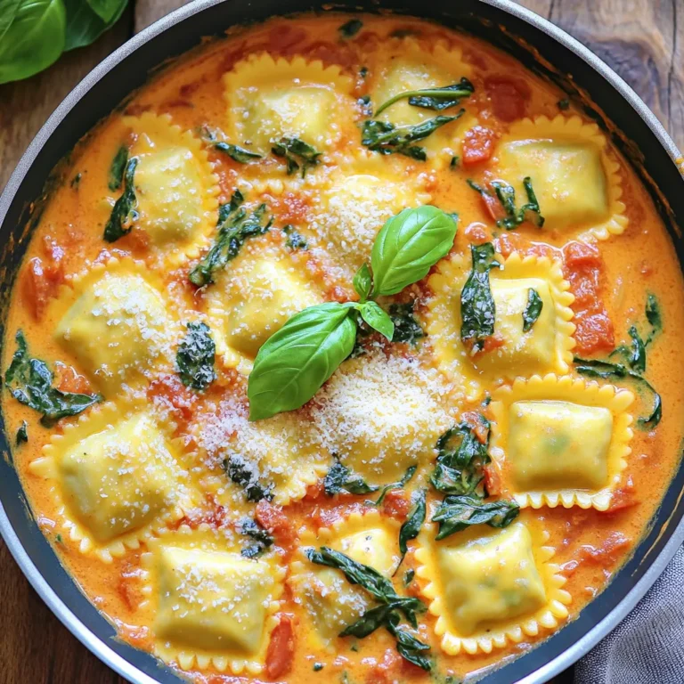 - 12 oz refrigerated cheese ravioli - 1 (14 oz) can diced tomatoes (with juices) - 3 cups fresh spinach These main ingredients make this dish creamy and tasty. The cheese ravioli adds a rich, comforting flavor. Diced tomatoes bring sweetness and acidity, making every bite exciting. Fresh spinach adds color and nutrients, making the meal healthy. - 2 tablespoons olive oil - 1 cup heavy cream - 1 teaspoon Italian seasoning Olive oil is perfect for cooking and adds a nice flavor. Heavy cream transforms the dish into a creamy delight. Italian seasoning adds a mix of herbs, enhancing the overall taste. - 1/4 cup grated Parmesan cheese (plus more for serving) - Fresh basil leaves Garnishes make your dish look and taste better. Grated Parmesan cheese adds saltiness and richness. Fresh basil gives a pop of color and a nice aroma. These extras elevate the meal and make it feel special. 1. First, grab a large skillet and heat 2 tablespoons of olive oil over medium heat. 2. Once the oil is hot, add 3 minced garlic cloves. Sauté for about 1 minute. Make sure not to burn the garlic, as it will taste bitter. 1. Next, pour in 1 can of diced tomatoes with juices and 1 cup of vegetable broth. Stir well to mix. 2. Bring the mixture to a gentle simmer. Now, add 12 ounces of refrigerated cheese ravioli. Cook them according to the package, usually about 4 to 5 minutes. This is when the ravioli become tender and delicious. 1. Once the ravioli are cooked, reduce the heat to low. Stir in 1 cup of heavy cream. Let it cook for another 2 to 3 minutes to warm through. 2. Now, fold in 3 cups of fresh spinach and 1 teaspoon of Italian seasoning. Cook until the spinach wilts, which takes about 2 minutes. 3. Finally, stir in 1/4 cup of grated Parmesan cheese. Season with salt and pepper to taste. Mix well until everything is combined. Your creamy tomato spinach ravioli is now ready to be served! To cook ravioli just right, follow these tips: - Cooking time tips: Read the package instructions. Most fresh ravioli cooks in about 4-5 minutes. Keep an eye on them to avoid overcooking. - Testing for doneness: Check the ravioli by gently pressing one. If it feels soft and the filling is warm, it’s ready. Want to boost the flavor? Try these ideas: - Alternative herbs and spices: Swap Italian seasoning for fresh herbs like thyme or oregano. You can also add a pinch of red pepper flakes for heat. - Suggestions for extra veggies: Toss in some diced bell peppers, zucchini, or mushrooms for added texture and nutrition. A beautiful dish makes it even tastier. Here’s how to serve it: - Serving suggestions: Use deep bowls to serve the ravioli. Top with fresh basil and more Parmesan cheese for a nice touch. - Pairing with sides: Serve with crusty bread and a fresh salad. This combination makes for a delightful meal. {{image_2}} You can make One-Pan Creamy Tomato Spinach Ravioli even better with added protein. For a meaty twist, try adding chicken or shrimp. Simply cook the protein first in olive oil and set it aside. Then, follow the recipe as directed, adding the cooked chicken or shrimp back in with the spinach. This gives you a hearty and filling meal. If you prefer a vegetarian option, beans are a great choice. Black beans or chickpeas add protein without meat. Just rinse and drain the beans, then stir them in when you add the spinach. This keeps your dish nutritious and satisfying. While the creamy tomato sauce is fantastic, you can mix it up with different sauces. If you love a rich, cheesy flavor, try using Alfredo sauce instead. Just replace the heavy cream with Alfredo, and you'll create a new twist on the dish. You can also go for a stronger tomato flavor. Use a marinara sauce or a spicy arrabbiata instead of diced tomatoes. Just heat the sauce with the broth before adding the ravioli. This change gives a nice kick to your meal. For those who avoid dairy, there are easy swaps. For cream, you can use coconut cream or cashew cream. These substitutes will give you a similar texture without dairy. Also, if you want cheese on top, try nutritional yeast or dairy-free cheese. These options add flavor and texture while keeping your dish vegan. You can still enjoy a delicious meal without dairy! To store leftovers of your creamy tomato spinach ravioli, let it cool first. Place it in a clean container. Use airtight containers to keep it fresh. Glass or plastic containers work well. You can store it in the fridge for up to three days. For the best way to warm up leftover ravioli, use the stove. Heat it in a pan over low heat. Stir often to prevent sticking. You can also add a splash of broth or cream for moisture. Avoid using the microwave if you want to keep the texture nice. Microwaving can make the ravioli rubbery. If you want to freeze cooked ravioli, let it cool completely. Place it in freezer-safe bags or containers. Remove as much air as possible. This keeps the ravioli from getting freezer burn. You can freeze it for up to three months. When you're ready to eat, thaw it in the fridge overnight. Reheat gently in a pan. This helps maintain the flavor and texture. Yes, you can use frozen ravioli. Just add a few extra minutes to the cooking time. Instead of 4-5 minutes, cook them for about 6-7 minutes. Frozen ravioli might have a slightly different texture. They can be a bit softer but still taste great. You have some great options! For dairy, you can use whole milk or half-and-half. For non-dairy, use coconut milk or cashew cream. Each option changes the flavor and texture a bit. Whole milk makes it lighter, while coconut milk adds a hint of sweetness. To add heat, try some red pepper flakes or cayenne pepper. Start with a small pinch and taste it. You can also add hot sauce. Brands like Sriracha or Frank's RedHot work well. Just remember, it’s easier to add heat than to take it away. This blog post covered how to make a tasty dish with cheese ravioli. We explored main ingredients, pantry staples, and optional garnishes. You learned step-by-step instructions for cooking, plus tips for flavor and presentation. We also shared variations, storage info, and answered common FAQs. Now, you can create a delicious meal that fits your style. Enjoy experimenting with different flavors and ingredients. Don't be afraid to make it your own!