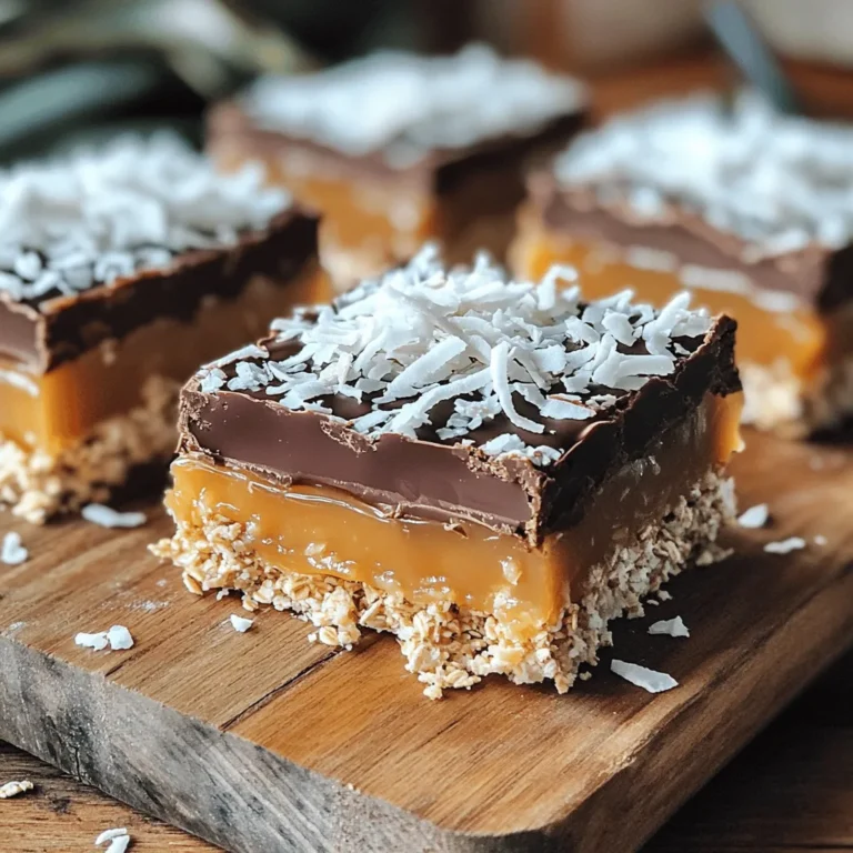 - 2 cups rolled oats - 1 cup shredded coconut (sweetened or unsweetened) - 1/2 cup almond butter (or peanut butter) - 1/2 cup maple syrup (or honey) - 1/2 cup dark chocolate chips - 1/4 cup coconut oil - 1 tsp vanilla extract - Pinch of salt The main ingredients in these No Bake Caramel Coconut Bars are simple. They offer great flavor and texture. First, rolled oats give the bars a chewy base. They add fiber and nutrients too. You can use either sweetened or unsweetened coconut. I recommend sweetened for extra flavor. Almond butter adds creaminess and protein. If you prefer peanut butter, feel free to swap. Maple syrup sweetens the bars naturally. Honey works well too if you want a different taste. Dark chocolate chips are a must for a rich topping. They melt beautifully and add sweetness. Coconut oil helps bind everything together and gives a nice shine. Vanilla extract boosts the flavor, while a pinch of salt balances the sweetness. - Nut butter options - Sweetener alternatives - Coconut variations (different kinds of flakes) You can easily change a few ingredients if you like. For nut butter, sunflower seed butter is another great choice. It’s nut-free and still creamy. For sweeteners, agave syrup can replace maple syrup. It’s light and sweet. You could even use brown sugar, but it changes the texture a bit. When it comes to coconut, there are many options. You can use coconut flakes, chips, or even shredded coconut. Each will give a different feel and look to your bars. Feel free to mix and match these ingredients. You can create a bar that you will love! - Combining dry ingredients Start by taking a large mixing bowl. Add 2 cups of rolled oats and 1 cup of shredded coconut. Mix them well. This forms the base of your bars. The oats provide great texture, while coconut adds flavor. - Preparing the wet mixture Next, grab a small saucepan. Over low heat, combine 1/2 cup of almond butter, 1/2 cup of maple syrup, 1/4 cup of coconut oil, 1 teaspoon of vanilla extract, and a pinch of salt. Stir until the mixture is smooth and melted. This step is key for binding the bars together. - Pouring and mixing the wet ingredients with dry Now, pour the warm mixture over the oats and coconut in your bowl. Stir carefully until all the dry ingredients are fully coated. This ensures every bite is delicious. - Pressing into the baking pan Line an 8x8 inch baking pan with parchment paper. This makes it easy to remove the bars later. Press the mixture firmly into the pan. Use a spatula or your hands to create an even layer. Make sure it’s packed well. - Melting the chocolate In the same saucepan, melt 1/2 cup of dark chocolate chips over low heat. Stir until it’s smooth and glossy. This rich topping will add a sweet finish. - Spreading chocolate over the bars Pour the melted chocolate over your pressed mixture in the baking pan. Spread it evenly with a spatula. This adds a delightful layer of flavor to your no-bake bars. To get the best bars, press the mixture firmly into the pan. This step is key. A good thickness helps keep them together. Use your hands or a spatula to pack it down well. For toppings, spread the melted chocolate evenly. This way, every bite has a touch of that rich chocolate flavor. One mistake is letting the bars become too crumbly. To avoid this, ensure you mix well before pressing it into the pan. Also, check the setting time in the fridge. If they are not set long enough, they might fall apart when you cut them. A full two hours should work well. When serving, stack the bars in a small tower. This adds height and looks appealing. A sprinkle of extra shredded coconut on top makes it pop. For a fun pairing, serve these bars with vanilla ice cream or fresh fruit. This combination adds a nice contrast to the rich flavors. {{image_2}} You can make these bars even more fun. Try adding nuts or seeds. Chopped almonds or sunflower seeds give a nice crunch. You can also mix in dried fruits. Dried cherries or raisins add a sweet kick. If you need gluten-free options, use certified gluten-free oats. Most nut butters are also gluten-free. For vegan adaptations, use maple syrup instead of honey. This keeps your bars plant-based and delicious. Coconut and cranberry are perfect for the holidays. The tartness of cranberries pairs well with sweet coconut. For a tropical flair, try peanut butter and banana. This combination brings a sunny vibe to your snack. To keep your No Bake Caramel Coconut Bars fresh, use an airtight container. This helps to keep moisture out and keeps the bars tasty. You can store them in the fridge for up to one week. If you prefer a firmer texture, refrigeration is best. Avoid using a non-airtight container, as this can lead to drying out. If you want to save some bars for later, freezing is a great option. Cut the bars into squares before freezing. Wrap each piece in plastic wrap or foil. Then, place them in a freezer-safe bag or container. They can last for up to three months in the freezer. When you're ready to eat them, thaw the bars in the fridge overnight for the best texture. This keeps them nice and chewy. Check your bars for signs of spoilage. Look for any changes in color or smell. If they develop an off smell or mold, it’s time to toss them. Fresh bars should smell sweet and coconutty. If they feel hard or dry, they may have lost their goodness. Always trust your senses; when in doubt, throw it out! Yes, you can use any nut butter you like. Almond butter and peanut butter work best. Cashew butter or sunflower seed butter are good choices too. They all add flavor and help bind the bars together. Just keep in mind, the taste may change with different nut butters. These bars stay fresh for about one week in the fridge. Make sure to store them in an airtight container. This helps keep them moist and tasty. If you want them longer, consider freezing them for up to three months. Absolutely! You can skip the chocolate if you prefer. The bars will still taste great with the caramel and coconut flavors. You can even add extra nuts or seeds for crunch. If you want a sweet touch, drizzle some honey on top after they set. If your mixture feels dry, add a bit more maple syrup or nut butter. Start with one tablespoon at a time. Mix well after each addition. This will help bind the ingredients together. You want a sticky consistency, so don’t be shy with the liquid! You learned how to make delicious bars using simple ingredients. We covered each step, from mixing dry and wet items to adding the chocolate topping. Remember to press firmly for the best texture and avoid common mistakes. Feel free to explore variations for different flavors and dietary needs. Store them well for freshness, and enjoy them as a tasty snack. With these tips, you can create your perfect treat!