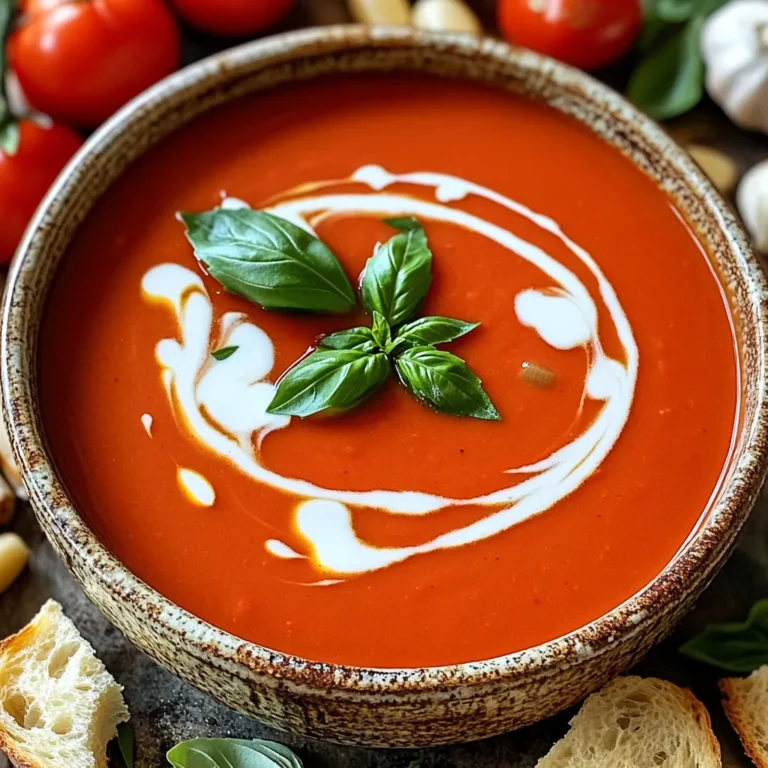 To make Creamy One-Pot Roasted Garlic Tomato Soup, you need fresh and simple ingredients. Here’s the list: - 10 ripe Roma tomatoes, halved - 1 whole head of garlic - 1 medium onion, chopped - 1 carrot, diced - 2 tablespoons olive oil - 4 cups vegetable broth - 1 cup heavy cream - 1 teaspoon dried basil - 1 teaspoon dried oregano - Salt and pepper to taste - Fresh basil leaves for garnish Using ripe Roma tomatoes is key. Their sweetness and rich flavor bring the soup to life. Roasting garlic adds a deep taste. It becomes soft and sweet, perfect for blending. Chopping the onion and dicing the carrot gives the soup a great base. Olive oil helps everything sauté nicely. Vegetable broth adds depth, making the soup comforting and warm. Heavy cream gives the soup its creamy texture. It makes each spoonful rich and delightful. Dried herbs like basil and oregano add a fragrant touch. Finally, fresh basil leaves not only garnish but also brighten the dish. Gather these ingredients, and you’re on your way to a delicious soup! - Preheat your oven to 400°F (200°C). - Cut the Roma tomatoes in half. Place them cut-side up on a baking sheet. - Drizzle the tomatoes with one tablespoon of olive oil. Season with salt, pepper, dried basil, and oregano. - Take the whole head of garlic and cut off the top. Drizzle with olive oil, wrap in foil, and add it to the baking sheet. - Bake the tomatoes and garlic in the oven for about 25-30 minutes. The tomatoes should look caramelized and soft. - Check the garlic; it should be tender and easy to squeeze out of the skin. - While your tomatoes and garlic roast, heat the remaining olive oil in a large pot over medium heat. - Add the chopped onion and diced carrot to the pot. Sauté for 5-7 minutes until they soften and smell great. - Once the tomatoes and garlic are done, add them to the pot. Squeeze the roasted garlic into the pot as well. - Pour in four cups of vegetable broth. Bring the mixture to a boil. Once boiling, reduce the heat to a simmer and cook for 10 minutes. - Use an immersion blender to blend the soup until smooth. If you don’t have one, carefully blend in batches using a regular blender. - Stir in one cup of heavy cream. Heat it through but don’t boil. Adjust the taste with salt and pepper. To get the best flavor, roast your tomatoes until they are soft and caramelized. This gives your soup a deep, rich taste. Season them well with salt, pepper, basil, and oregano before roasting. Don't forget to roast the garlic, too! Wrap it in foil and drizzle it with olive oil. Once roasted, the garlic will turn sweet and creamy, adding a lovely flavor. For the right consistency, blend the soup until it is smooth. If you like a thicker soup, use less broth. If you prefer it thinner, add a bit more broth. This way, you control how creamy or light you want your soup to be. When serving, ladle the soup into bowls and swirl in some extra cream. This makes a nice visual effect. Top each bowl with a fresh basil leaf for color and flavor. You can also sprinkle a bit of extra herbs on top for a fresh taste. Pair this soup with crusty bread for dipping. A nice sourdough or garlic bread works great. The bread adds texture and makes for a hearty meal. Want to spice things up? Add a pinch of red pepper flakes for some heat. If you love herbs, try adding fresh thyme or parsley. These will boost the flavor even more. For garnishes, consider a drizzle of olive oil or a sprinkle of cheese. Shaved Parmesan or crumbled feta can add a nice touch. You can also add a dollop of sour cream for extra creaminess. {{image_2}} You can switch up the vegetables in this soup. Try using bell peppers or zucchini. Fresh herbs like thyme or parsley can also work well. If you want a dairy-free option, replace the heavy cream with coconut milk or nut milk. This keeps the soup creamy but lighter. Want to make your soup heartier? Add protein! Shredded chicken or cooked beans are great choices. If you prefer a vegan option, consider chickpeas or lentils. Both add good texture and nutrition without meat. Looking for a twist? Add a pinch of red pepper flakes for spice. You can also stir in a bit of smoked paprika for depth. Fresh herbs, like cilantro or dill, can change the flavor profile. Get creative and find what excites your taste buds! To store leftovers, let the soup cool to room temperature first. Then, transfer it to an airtight container. Seal the container tightly to keep out air. I recommend using a glass or food-safe plastic container. You can store the soup in the fridge for up to three days. This way, you can enjoy it later without losing flavor. If you want to keep the soup longer, freezing is a great option. Pour the cooled soup into freezer-safe containers or bags. Leave some space at the top for expansion. Label the bags with the date you froze them. This soup can last up to three months in the freezer. When you’re ready to eat, thaw it in the fridge overnight. To reheat, pour the soup into a pot and warm it over low heat. Stir occasionally to ensure even heating. If the soup seems thick, add a little vegetable broth or water to reach your desired consistency. Enjoy the delightful flavors fresh again! To make this soup vegan, swap the heavy cream for a non-dairy option. You can use coconut cream, cashew cream, or any plant-based cream. These substitutes add richness without dairy. Make sure to check the labels for added sugars or preservatives. Yes, you can use canned tomatoes. They can save time and still taste great. Look for whole or crushed canned tomatoes with no added sugars or preservatives. Use about 2 cans for this recipe. Adjust the seasoning since canned tomatoes can be saltier. To thicken the soup, you have a few options. You can add more vegetables like potatoes or sweet potatoes. Another way is to stir in a tablespoon of cornstarch mixed with water. You can also blend in some cooked beans for added creaminess. This soup pairs well with crusty bread or grilled cheese. You can also serve a simple salad on the side. For a fun twist, try adding some roasted vegetables for extra flavor and texture. In this post, we explored how to make a delicious creamy roasted garlic tomato soup. We covered the key ingredients, from ripe tomatoes to fresh basil, and detailed each step. We shared tips for perfecting the recipe, including variations and storage options. Remember, cooking allows for creativity. Don't hesitate to try your own flavors or tweaks. Enjoy this comforting soup with friends or family. It’s a simple dish that can bring everyone together. Make it your own and savor each bite.