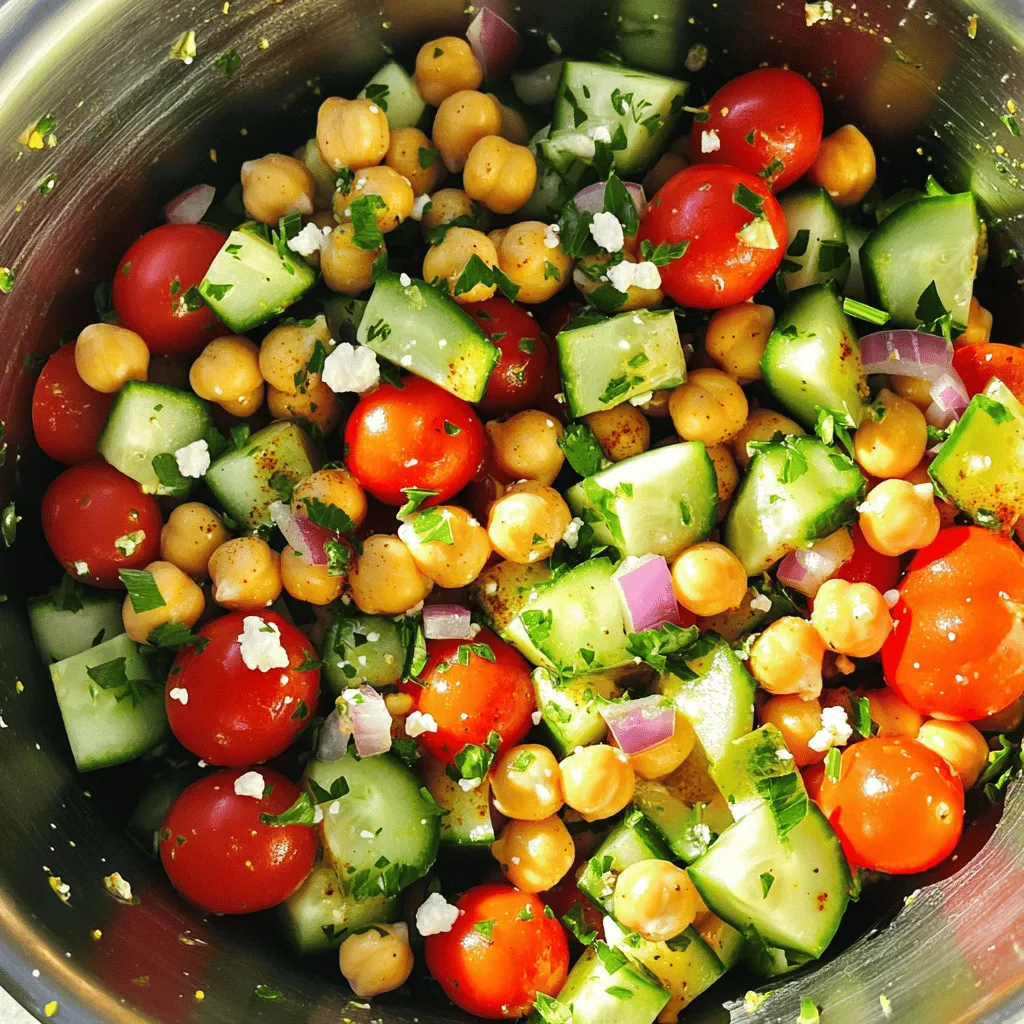 To make a delicious Lemon Garlic Chickpea Salad, you'll need the following items: - 1 can (15 oz) chickpeas, drained and rinsed - 1 cup cherry tomatoes, halved - 1 cucumber, diced - 1/4 red onion, finely chopped - 1/4 cup fresh parsley, finely chopped - 3 tablespoons olive oil - 2 tablespoons lemon juice (freshly squeezed) - 1 clove garlic, minced - 1/2 teaspoon ground cumin - Salt and pepper to taste These ingredients come together to create a fresh and zesty dish. Each one plays a key role in making the salad tasty and healthy. If you want to add extra flavor, try these toppings: - Feta cheese, crumbled - Avocado slices - Toasted nuts like almonds or walnuts These optional ingredients can elevate your salad. They add creaminess and crunch for a more satisfying meal. You can swap out some ingredients if you don't have them. Here are a few ideas: - Use canned beans like kidney or black beans instead of chickpeas. - Swap cherry tomatoes for regular tomatoes, diced. - If you don't have fresh parsley, use basil or cilantro. These substitutions allow you to customize the salad to your taste. Don't worry if you can't find everything; you can still make a great dish! First, you need to prepare the chickpeas. Open a can of chickpeas and drain them well. Rinse them under cold water. This removes extra salt and helps them taste fresh. In a large bowl, add the chickpeas. Next, chop the vegetables. Halve the cherry tomatoes, dice the cucumber, and finely chop the red onion and parsley. Add all these veggies to the bowl with the chickpeas. Mix gently to combine. Now it's time to make the dressing. In a small bowl, pour in three tablespoons of olive oil. Then, add two tablespoons of freshly squeezed lemon juice. Mince one clove of garlic and add it to the bowl. Next, sprinkle in half a teaspoon of ground cumin, along with salt and pepper to your taste. Whisk these ingredients together until they blend well. This dressing adds a burst of flavor to your salad. Pour the dressing over the chickpea and vegetable mix. Toss everything gently to coat the salad evenly. Let the salad sit for about 10 to 15 minutes. This allows the flavors to blend beautifully. If you like, you can top your salad with crumbled feta cheese before serving. Enjoy your Lemon Garlic Chickpea Salad! Using fresh ingredients makes your salad taste great. Choose firm, ripe cherry tomatoes. Look for cucumbers that are green and smooth. Fresh parsley adds bright flavor. I love using organic produce when possible. Drain and rinse the chickpeas well for the best taste. Want a tangier salad? Add more lemon juice. If you like heat, sprinkle in some red pepper flakes. For a richer taste, use good quality olive oil. Ground cumin gives warmth, but you can leave it out. Taste the salad as you mix. Adjust salt and pepper to your liking. Serve this salad cold or at room temperature. It pairs well with grilled chicken or fish. For a light lunch, enjoy it with pita bread. You can also pack it for picnics. Top with crumbled feta for extra flavor. Enjoy your colorful and tasty meal! {{image_2}} You can make this salad more filling by adding protein. Chickpeas are great, but you can try adding grilled chicken, shrimp, or tofu. Each option brings a new taste. Grilled chicken adds a smoky flavor. Shrimp gives a fresh touch, while tofu offers a soft texture. You can also add hard-boiled eggs for extra protein. Just chop them up and mix them in. Feel free to mix in other veggies. Bell peppers, carrots, or radishes work well. These add crunch and color. If you want more greens, try spinach or kale. You can use roasted veggies too. Roasted zucchini or eggplant adds a nice depth of flavor. Just make sure to chop everything into bite-sized pieces for easy eating. To boost flavor, add fresh herbs or spices. Basil, dill, or mint can brighten the salad. Just chop them finely and mix them in. If you like heat, add a pinch of red pepper flakes. For a deeper flavor, try smoked paprika or a dash of curry powder. These simple changes can transform your salad. Enjoy trying out different combinations! To keep your Lemon Garlic Chickpea Salad fresh, place leftovers in an airtight container. You can store it in the fridge for up to three days. If you add feta cheese, eat it within two days for the best taste. Always cover the salad well to protect it from the fridge's odors. The main ingredients have different shelf lives: - Chickpeas: Last up to three days when mixed in the salad. - Cherry tomatoes: Stay fresh for about five days. - Cucumber: Good for about three days after cutting. - Red onion: Can last up to a week in the fridge. - Fresh parsley: Usually stays fresh for about a week too. Check for any signs of spoilage before using these ingredients again. I do not recommend freezing the Lemon Garlic Chickpea Salad. The texture of the fresh veggies will change after freezing. However, if you want to freeze the chickpeas, drain and rinse them first. Place them in a freezer bag. They can last up to six months in the freezer. When you need them, thaw in the fridge overnight before use. You can use white beans or black beans instead. Both options give a nice texture. You can also try lentils, but they will change the taste a bit. Yes, you can make this salad a few hours ahead. Just keep it in the fridge. The flavors will mix well, making it even tastier. This salad lasts about three days in the fridge. Just cover it well to keep it fresh. If you add feta cheese, eat it within two days for the best taste. This blog post covered everything you need for a tasty Lemon Garlic Chickpea Salad. We went through ingredients, from base to optional toppings. I shared tips for prepping, dressing, and flavoring your salad. We explored variations like adding protein and different veggies. Finally, I explained how to store leftovers and answered common questions. Making this salad is simple and fun. You can switch ingredients as you like. Enjoy the fresh tastes and make it your own!