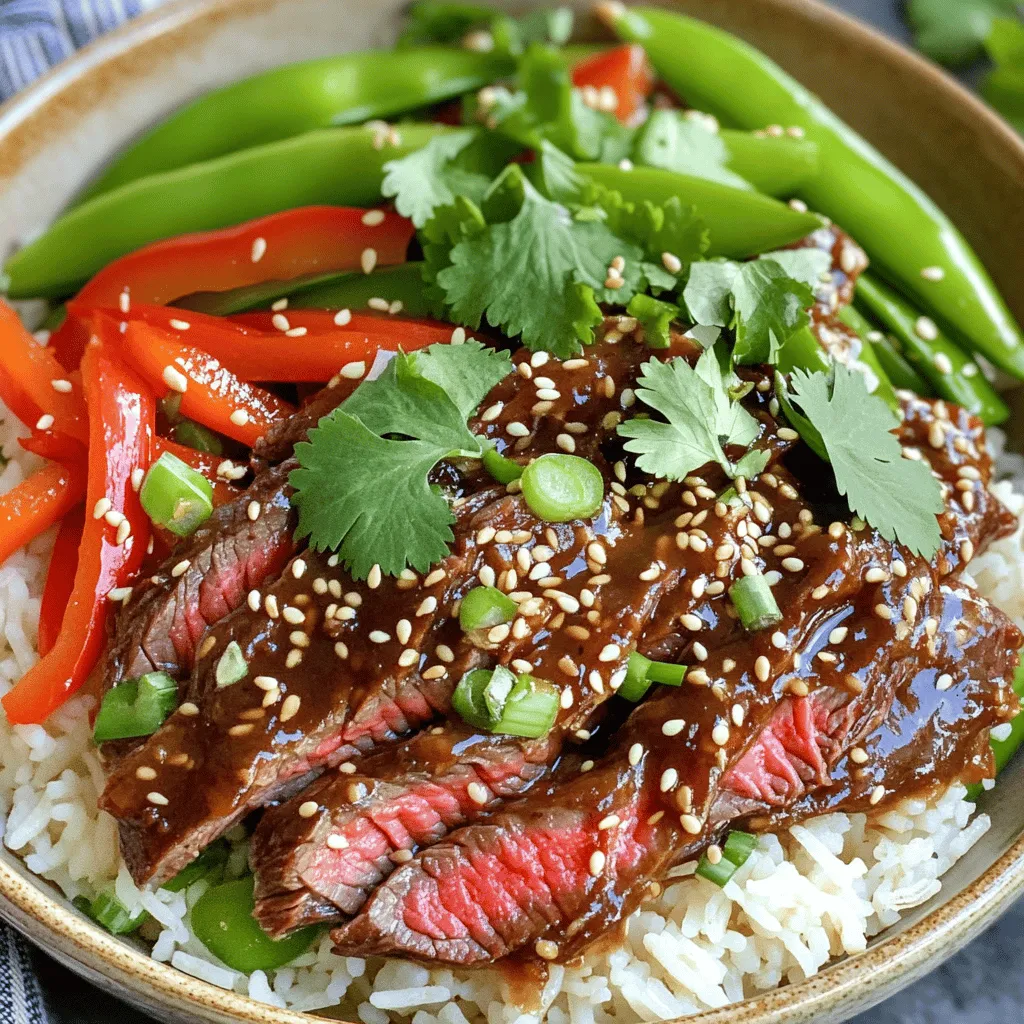 To make Minute Hoisin Beef Rice Bowls, you will need a few key ingredients. Each one brings unique flavor and texture to the dish. Here’s the full list: - 1 lb (450g) flank steak, thinly sliced - 2 tablespoons hoisin sauce - 1 tablespoon soy sauce - 1 teaspoon minced garlic - 1 teaspoon grated ginger - 1 tablespoon vegetable oil - 2 cups cooked jasmine rice - 1 red bell pepper, thinly sliced - 1 cup snap peas, trimmed - 1 green onion, chopped - Sesame seeds for garnish - Fresh cilantro for garnish The flank steak is the star of the show. It is tender and flavorful when cooked right. The hoisin sauce adds a sweet and savory taste. Soy sauce enhances the umami flavor. Minced garlic and grated ginger bring warmth and depth. For the veggies, red bell pepper adds crunch and sweetness. Snap peas provide a fresh pop. Green onion gives a sharp bite. Lastly, sesame seeds and fresh cilantro are perfect for garnishing. They add color and a burst of flavor. Gather these ingredients, and you will be ready to create a delightful meal. First, take your flank steak and slice it thinly. This helps it cook fast and stay tender. In a medium bowl, mix the flank steak with two tablespoons of hoisin sauce, one tablespoon of soy sauce, one teaspoon of minced garlic, and one teaspoon of grated ginger. Stir well to coat all the steak pieces evenly. Let this mixture sit for about 10 minutes. This allows the meat to soak up the flavors. Next, heat one tablespoon of vegetable oil in a large skillet or wok over medium-high heat. Once the oil is hot, add the marinated flank steak to the skillet. Cook for about 2 to 3 minutes. Stir it constantly to ensure it cooks evenly. The steak should turn brown and be cooked through. Remove it from the skillet and set it aside for later. In the same skillet, add the thinly sliced red bell pepper and snap peas. Stir-fry these vegetables for another 2 to 3 minutes. You want them to be tender but still crisp. This keeps the colors bright and the flavors fresh. While the beef and vegetables are cooking, you can reheat the cooked jasmine rice if needed. To put the bowls together, take a serving of jasmine rice and spoon it into each bowl. Top the rice with the hoisin beef and vegetable mix. For a nice touch, garnish each bowl with chopped green onions, sesame seeds, and fresh cilantro. This adds both color and flavor to your meal. Enjoy your quick and tasty Minute Hoisin Beef Rice Bowls! For Minute Hoisin Beef Rice Bowls, flank steak is a great choice. It has good flavor and cooks quickly. Look for a piece that is bright red and has some marbling. This marbling adds moisture and taste. If flank steak is hard to find, you can use skirt steak or sirloin. Both are tender and cook well in this dish. To make sure your flank steak is tender, slice it thinly against the grain. This means cutting across the muscle fibers. Also, marinate the beef for at least 10 minutes. The hoisin sauce and soy sauce help to break down the meat. If you have more time, let it marinate for up to an hour. This will give it even richer flavor. You can easily switch up some ingredients in this recipe. If you don’t have hoisin sauce, try using teriyaki sauce for a sweet twist. For a lighter option, use zucchini or carrots instead of bell peppers. If you want a spicy kick, add red pepper flakes or sriracha. These swaps keep the meal fun and fresh while still being tasty. {{image_2}} If you want a meat-free meal, you can use tofu. Choose firm tofu and press it to remove extra water. Cut it into cubes and marinate just like the beef. Stir-fry it until golden. You can also use tempeh or seitan for a different texture. Both options give a great taste. Not in the mood for beef? Use chicken or shrimp instead. For chicken, slice boneless breasts or thighs thinly. Marinate and cook just like the beef. For shrimp, peel and devein, then stir-fry until they turn pink. Both choices pair well with the hoisin sauce. Want to boost the flavor? Add crushed red pepper for heat. A splash of lime juice gives a fresh taste. You can also toss in a few drops of sesame oil for a nutty twist. Fresh herbs like basil or mint make the dish pop. Experiment with flavors to find your favorite blend! You can store Minute Hoisin Beef Rice Bowls in the fridge. Place them in an airtight container. They stay fresh for about 3 to 4 days. Make sure the beef and veggies cool before sealing. This keeps flavors strong and safe. If you want to freeze them, let the dish cool first. Use freezer-safe bags or containers. It's best to freeze the beef and veggies separate from rice. This way, they stay tasty. They can last up to 3 months in the freezer. Remember to label your bags with the date. To reheat, take the beef and veggies out of the fridge or freezer. If frozen, let them thaw in the fridge overnight. Use a skillet on medium heat for best results. Stir until heated through, about 5 to 7 minutes. For rice, microwave it with a splash of water. Heat until warm, stirring every minute. This keeps the rice fluffy and soft. Enjoy your tasty meal again! It takes about 25 minutes to make this dish. You spend 15 minutes prepping and 10 minutes cooking. This quick time makes it great for busy nights. Yes, you can use other sauces. Sweet soy sauce or teriyaki sauce works well. Each sauce adds its own flavor twist. Try what you like best! You can serve beef rice bowls with a side of egg rolls or spring rolls. A simple green salad also pairs nicely. Pick something light to balance the meal. Yes, you can make this dish ahead of time. Store the beef and rice separately. When you are ready to eat, just reheat and combine. This saves time on busy days! This post covered how to make tasty Hoisin Beef Rice Bowls. You learned about the key ingredients, like flank steak and fresh veggies. I showed you simple steps for marinade and cooking. I shared tips for choosing the best beef and gave storage advice. Variations also let you switch proteins or try vegetarian options. Now, you can enjoy these delicious bowls any night. Make it your own with different flavors. Happy cooking!