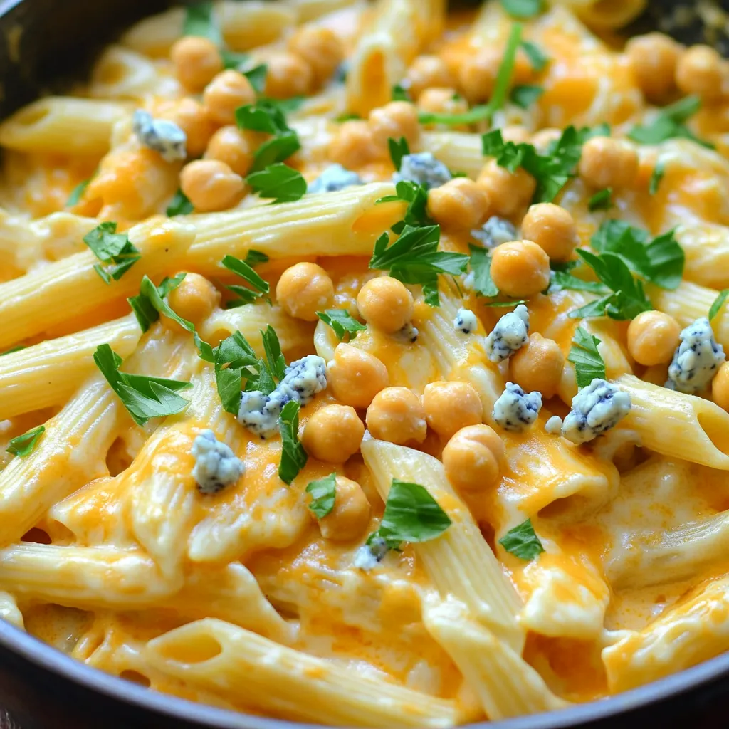 - 8 oz (225g) pasta of choice (penne or fusilli work well) - 1 can (15 oz) chickpeas, drained and rinsed - 1 cup vegetable broth - 1 cup milk (dairy or plant-based) - 1/2 cup buffalo sauce (adjust to taste) - 1 cup cream cheese (or vegan cream cheese) - 1/2 cup shredded cheddar cheese (or vegan cheese) - 1 tablespoon olive oil - 2 cloves garlic, minced - 1 teaspoon onion powder - Salt and pepper to taste - Fresh parsley, chopped (for garnish) - Optional: sliced green onions or crumbled blue cheese for topping You can swap out several ingredients easily. If you need a gluten-free meal, use gluten-free pasta. For a lighter version, try low-fat milk or a nut milk. If you want a vegan dish, use vegan cream cheese and cheese. Hot sauce can replace buffalo sauce for a different kick. Use a kitchen scale for accuracy when measuring pasta and chickpeas. For liquids like broth and milk, a measuring cup works best. When measuring cream cheese, let it soften first for easy scooping. For spices, a teaspoon or tablespoon measurement works well. Always level off dry ingredients for precise amounts. Gather all your ingredients before you start cooking. This makes the process smooth and fun. You need: - 8 oz (225g) pasta (penne or fusilli work well) - 1 can (15 oz) chickpeas, drained and rinsed - 1 cup vegetable broth - 1 cup milk (dairy or plant-based) - 1/2 cup buffalo sauce - 1 cup cream cheese - 1/2 cup shredded cheddar cheese - 1 tablespoon olive oil - 2 cloves garlic, minced - 1 teaspoon onion powder - Salt and pepper to taste - Fresh parsley, chopped (for garnish) - Optional: sliced green onions or crumbled blue cheese Make sure your chickpeas are drained well. Rinsing them helps remove extra salt. Now, heat the olive oil in a large pot over medium heat. Add the minced garlic. Sauté for 1-2 minutes until it smells great. Be careful not to let it brown. Next, toss in the chickpeas and onion powder. Add a pinch of salt. Cook for another 2-3 minutes. This allows the chickpeas to soak up the garlic flavor. Time to add the fun stuff! Toss in the pasta, vegetable broth, milk, and buffalo sauce. Stir everything well. Make sure the pasta is covered by the liquid. Bring the mix to a gentle boil. Reduce the heat to low and cover the pot. Let it simmer for about 10-12 minutes. Stir occasionally. You want the pasta to be al dente and the liquid mostly absorbed. Once the pasta is ready, lower the heat. Add the cream cheese and shredded cheddar cheese. Stir until the cheese melts and the sauce is creamy. If you want it spicier, feel free to add more buffalo sauce! Taste your dish and adjust the seasoning with salt and pepper. If the sauce seems too thick, add a splash of milk or broth. Finally, remove the pot from heat. Let it sit for a few minutes. When ready to serve, garnish with fresh parsley and any optional toppings you like. Enjoy your creamy buffalo chickpea pasta! To make your pasta creamy, use good cream cheese. I recommend full-fat cream cheese for the best texture. If you prefer a lighter option, use low-fat cream cheese. You can also try vegan cream cheese for a plant-based twist. Stir it in slowly after the pasta cooks. This helps it melt evenly and mix well. If your sauce seems thick, add a splash of milk or broth. This will help achieve the right texture. Buffalo sauce packs a punch! Start with half a cup, then taste it. If you want more heat, add more sauce little by little. You can also use a milder hot sauce if you like. For those who love spice, add sliced jalapeños or red pepper flakes. On the other hand, if you want it milder, balance it out with more cream cheese. This will soften the spice without losing flavor. Cooking pasta al dente means it’s firm to the bite. Follow the package instructions for cooking time. Typically, this is about 10-12 minutes. Stir occasionally to prevent sticking. Keep an eye on it, so it doesn't overcook. If you’re unsure, taste a piece a minute before the time is up. The pasta should be tender but not mushy. Once done, drain any excess liquid before adding cheese. This keeps your dish creamy and flavorful. {{image_2}} You can easily make this dish vegan. Use plant-based milk and vegan cream cheese. Swap the shredded cheddar for a vegan cheese. These changes keep the taste rich and creamy. You can still enjoy the buffalo flavor without animal products. If you need a gluten-free version, choose gluten-free pasta. Many brands offer tasty options that work well. Just make sure to check the cook time. Gluten-free pasta can cook faster than regular pasta, so watch it closely. Want to kick it up a notch? Add some veggies! Spinach or bell peppers blend well and add color. You can also toss in some cooked corn for sweetness. If you like it spicy, try adding jalapeños or more buffalo sauce. Each option brings new flavors and textures to your dish. Store your leftover creamy buffalo chickpea pasta in an airtight container. It keeps well in the fridge for up to three days. Make sure to let it cool down first before sealing it up. This helps keep the pasta fresh and tasty. To reheat, you can use the stovetop or microwave. If using the stovetop, add a splash of milk or broth to the pot. Heat on low and stir until warm. For the microwave, place your pasta in a bowl and cover it. Heat in short intervals, stirring in between, until hot. You can freeze this pasta dish, but the creaminess might change a bit. Let it cool completely, then place it in a freezer-safe container. It can last up to three months in the freezer. To enjoy, thaw it overnight in the fridge and reheat as mentioned above. Yes, you can use any pasta you like. Penne and fusilli are great options. You can try spaghetti, rotini, or even gluten-free pasta. Just make sure to adjust the cooking time if needed. Each type has its own cook time. Follow the package instructions for best results. If you want a lighter option, use Greek yogurt. You can also try silken tofu for a vegan choice. Both work well and keep the dish creamy. Remember to adjust the flavor with salt and spices as needed. You can also mix in a bit of nutritional yeast for extra taste. To cool down the heat, reduce the amount of buffalo sauce. You can add more milk or broth to balance the flavors. Cream cheese also helps to tone down spiciness. For a milder taste, serve with a dollop of sour cream or yogurt on top. This adds creaminess and cuts the spice level. This recipe guides you through a tasty dish using chickpeas, pasta, and garlic. We discussed ingredients, substitutes, and measuring tips. I shared steps for cooking and combining pasta with broth. Plus, I included ways to adjust spice levels and ensure creamy results. You can even make vegan and gluten-free options. Don’t forget how to store leftovers or reheat them. Enjoy your cooking journey and explore the variations to make it your own!