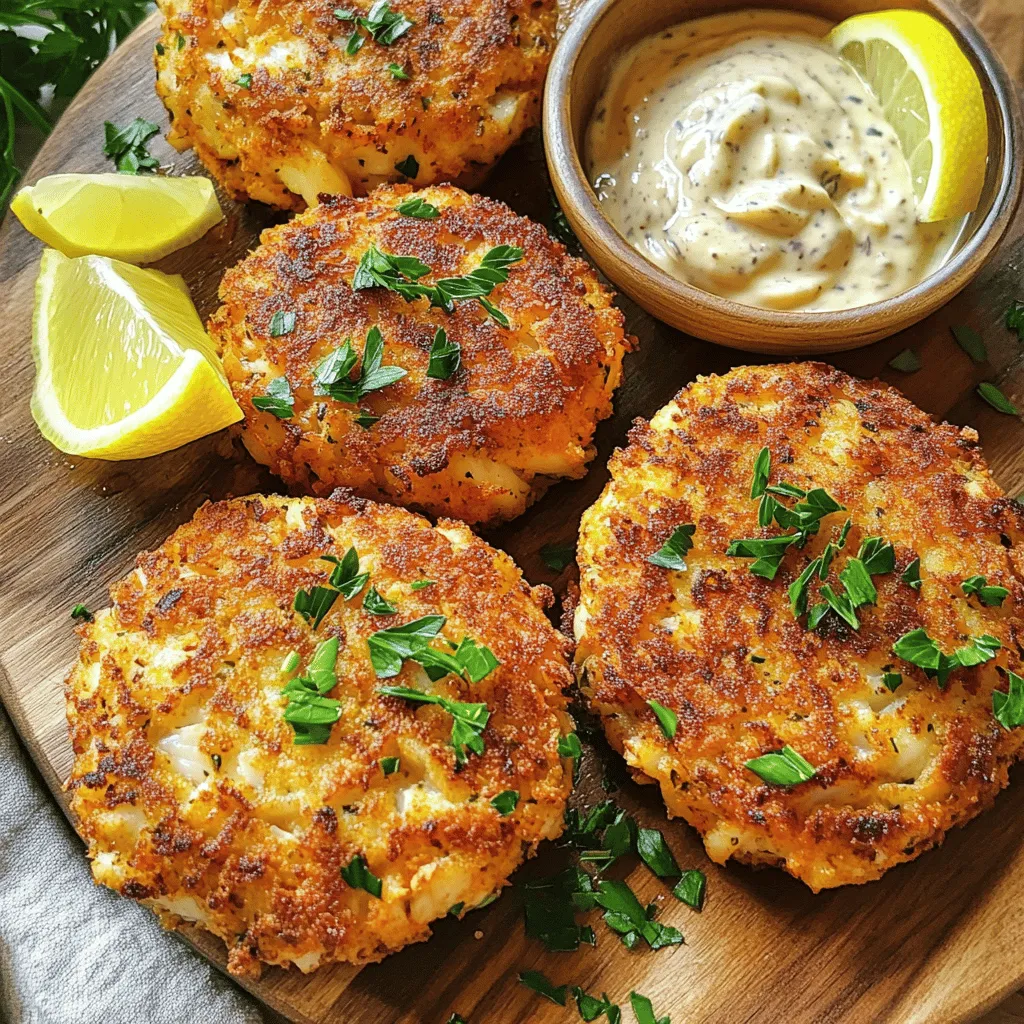 To make Air Fryer Cajun Crab Cakes, gather these key items: - 1 lb crab meat (lump or backfin) - 1/2 cup breadcrumbs (use panko for extra crunch) - 1/4 cup mayonnaise - 1 egg, beaten - 2 tablespoons Dijon mustard - 1 tablespoon Worcestershire sauce - 2 green onions, finely chopped - 1 tablespoon Cajun seasoning - 1 teaspoon garlic powder - 1 teaspoon lemon juice - Salt and pepper to taste - Cooking spray These ingredients blend well to create a rich, flavorful crab cake that is crispy on the outside and tender inside. You can enhance your crab cakes with these optional ingredients: - Fresh herbs like parsley or cilantro - Diced bell peppers for added crunch - Hot sauce for a spicy kick - Old Bay seasoning for a classic seafood flavor These options let you personalize your crab cakes to match your taste. To make your cooking easier, use these tools: - Large mixing bowl for combining ingredients - Air fryer for crisp cooking - Cooking spray to prevent sticking - Spatula for flipping the crab cakes Having the right tools helps ensure your crab cakes turn out perfectly crispy and delicious. First, grab a large mixing bowl. Add the crab meat, breadcrumbs, and mayonnaise. Then, pour in the beaten egg, Dijon mustard, and Worcestershire sauce. Next, toss in the finely chopped green onions. Don’t forget the Cajun seasoning, garlic powder, lemon juice, salt, and pepper. Gently fold everything together. Be careful not to break the crab meat too much. You want to keep those big chunks for a tasty bite! Now it’s time to shape the crab cakes. Use your hands to form the mixture into small patties. Each should be about 2-3 inches wide. You should make around 8 crab cakes. Place them on a plate as you go. This part is fun, and it lets you feel the mixture! Preheat your air fryer to 375°F (190°C). Let it warm up for about 5 minutes. While the air fryer heats, lightly spray the basket with cooking spray. This step helps prevent sticking. Now, place the crab cakes in the basket. Make sure they don’t touch each other. Air fry for 10-12 minutes. Flip the cakes halfway through for even cooking. They should turn golden brown and crispy. Once done, carefully take them out and let them cool a bit. Enjoy your delicious crab cakes! To make your crab cakes super crispy, use panko breadcrumbs. Panko has a lighter texture than regular breadcrumbs. This helps the cakes get that perfect crunch. Preheat your air fryer well. A hot air fryer cooks evenly, giving you a golden crust. Don’t overcrowd the basket. Give the cakes space to cook all around. Spray them lightly with cooking spray before air frying. This adds a nice crispiness without extra oil. One common mistake is over-mixing the crab mixture. Gently fold the ingredients to keep the crab lumps intact. This makes for a better texture. Also, don’t skip the chilling step. If you chill the patties for at least 30 minutes before cooking, they hold together better. Lastly, watch the cooking time. Cooking too long can dry them out. Aim for golden brown, not dark brown. These crab cakes shine when served with a tasty sauce. Try pairing them with remoulade or tartar sauce. Both add a nice zing. You can also serve them with a fresh salad for balance. Garnish with lemon wedges to brighten the dish. Chopped parsley adds color and freshness. These simple touches make your meal look and taste gourmet! {{image_2}} You can make your crab cakes a bit healthier. Try using Greek yogurt instead of mayonnaise. This swap cuts fat while adding protein. You can also switch to whole wheat breadcrumbs. They add fiber and nutrients. For an even lighter option, use cauliflower rice instead of bread. It keeps the dish low-carb and adds veggies. Want some heat? Add more Cajun seasoning to the mix. You can also mix in diced jalapeños or hot sauce. This extra spice gives your crab cakes a kick. Just be careful not to overdo it. You want to enjoy the flavor, not just the heat. Feel free to get creative with your crab cakes. You can add finely chopped bell peppers, celery, or even corn. These veggies add flavor, color, and crunch. If you want to try a different protein, use shrimp or fish. Just chop them finely and mix them in with the crab. This makes your crab cakes unique and tasty. After cooking your crab cakes, let them cool. Place them in an airtight container. They stay fresh in the fridge for up to three days. Make sure to separate layers with parchment paper. This keeps them from sticking together. If you want to save some for later, freezing works well. Wrap each crab cake in plastic wrap. Then, place them in a freezer bag. They can last up to three months in the freezer. When you’re ready to eat, just thaw them in the fridge overnight. To reheat, you have a few options. For the best texture, use the air fryer. Preheat it to 350°F (175°C). Cook the crab cakes for about 5-7 minutes until warm. You can also use an oven. Place them on a baking sheet at 350°F (175°C) for 10-15 minutes. Avoid using the microwave, as it can make them soggy. Yes, you can use canned crab meat. It saves time and is easy to find. Just make sure to drain it well. Canned crab can be softer than fresh, so handle it gently. It still tastes great! The crab cakes are done when they turn golden brown. They should feel firm and crispy on the outside. You can also use a meat thermometer. The inside should reach 165°F (74°C). Always let them cool a bit before serving. If you don’t have Cajun seasoning, you can make your own. Mix paprika, garlic powder, onion powder, and black pepper. You can adjust the spice to your taste. Other options include Old Bay seasoning or even taco seasoning for a twist! We explored making crab cakes, from selecting ingredients to cooking them in an air fryer. I shared tips for extra crispiness and common pitfalls to avoid. We looked at tasty variations, healthy swaps, and storage tips to keep your crab cakes fresh. Remember to experiment with flavors and have fun while cooking. With these guidelines, you can prepare perfect crab cakes every time. Enjoy your cooking journey!
