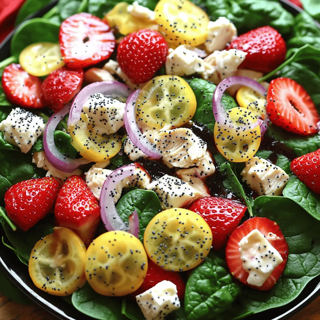 To make the Strawberry Spinach Poppy Seed Salad with Chicken, gather these fresh ingredients: - 2 cups fresh baby spinach - 1 cup strawberries, hulled and sliced - 1 cup cooked chicken breast, diced - 1/4 cup red onion, thinly sliced - 1/4 cup crumbled feta cheese These ingredients bring great taste and color to your meal. Baby spinach is tender and packed with vitamins. Strawberries add a sweet note that brightens the salad. Cooked chicken breast gives the dish protein and heartiness. Red onion offers a mild sharpness, while feta cheese adds a creamy and salty touch. For the dressing, you will need: - 2 tablespoons poppy seeds - 3 tablespoons olive oil - 1 tablespoon balsamic vinegar - 1 tablespoon honey - Salt and pepper to taste The dressing ties everything together. Poppy seeds add a nice crunch and nutty flavor. Olive oil forms the base of the dressing and helps coat the salad. Balsamic vinegar gives a tangy kick, while honey sweetens the mix. Salt and pepper enhance all the flavors. Together, these components create a light and refreshing dressing that complements the salad perfectly. To make this salad, start with a large bowl. First, add 2 cups of fresh baby spinach. Next, add 1 cup of hulled and sliced strawberries. Then, include 1 cup of diced cooked chicken breast. Finally, toss in 1/4 cup of thinly sliced red onion. Mix these ingredients gently. This combination brings bright colors and fresh flavors. Now, let’s make the dressing. Grab a small mixing bowl. Whisk together 3 tablespoons of olive oil, 1 tablespoon of balsamic vinegar, and 1 tablespoon of honey. Add salt and pepper to taste. Keep whisking until the dressing is smooth. This step adds a sweet and tangy flavor to the salad. Pour the dressing over the salad base. Toss it all gently to coat every piece. This way, every bite bursts with flavor. Next, sprinkle 1/4 cup of crumbled feta cheese and 2 tablespoons of poppy seeds on top. Serve the salad right away for the best taste. If you prefer, chill it for about 10 minutes to mix the flavors. Enjoy your vibrant and tasty strawberry spinach poppy seed salad! When picking strawberries, look for bright red ones. They should smell sweet and juicy. Avoid any that feel mushy. For spinach, choose fresh, vibrant leaves. They should feel firm and crisp. Check for any signs of wilting or yellowing leaves. Always select the best quality for the best taste in your salad. If you want to change the dressing, try using a lemon vinaigrette. Mix lemon juice, olive oil, and a bit of mustard. You can also use yogurt for a creamy taste. Swap honey for maple syrup for a different sweetness. These changes give your salad a unique twist. This salad pairs well with grilled bread or garlic toast. You can also serve it alongside roasted vegetables. For a heartier meal, add some quinoa or brown rice. A light soup can make a great starter. These options enhance your dining experience with layers of flavor. {{image_2}} You can add a nice crunch to your salad by including nuts or seeds. Walnuts and almonds work well. Just chop them roughly and sprinkle them on top. They add flavor and healthy fats. Plus, the crunch contrasts nicely with the soft spinach and strawberries. If you want to change the protein, there are many options. Grilled shrimp or tofu can be great substitutes. You can also use turkey or even chickpeas for a tasty twist. Each protein brings a new flavor to the dish. Feel free to experiment with what you like best. For a vegetarian version, simply skip the chicken. You can replace it with extra veggies or beans. Try adding diced avocado or roasted chickpeas for protein. This keeps the salad filling and delicious. You won't miss the chicken with these tasty swaps. To keep your salad fresh, store it in an airtight container. Make sure to separate the dressing from the salad base. This helps keep the greens crisp. If you mix everything, the salad may become soggy quickly. Use plastic wrap or a lid to seal the container well. Eat your leftovers within two days for the best taste. After that, the salad may lose its freshness. If you notice a change in smell or color, it is better to discard it. Trust your senses; they guide you well in the kitchen. To revive the salad’s flavor, add a splash of fresh dressing before serving. Toss the salad gently to mix everything again. This helps bring back the bright flavors. You can also add fresh strawberries or a sprinkle of poppy seeds for extra zing. Enjoy the vibrant taste every time! Yes, you can make this salad in advance. Prepare the salad base without the dressing. Combine the spinach, strawberries, chicken, and onion in a bowl. Keep the dressing separate until you are ready to serve. This way, the salad stays fresh and crisp. You can chill it for about 10 minutes before serving. This helps the flavors mix well. You can use several options instead of chicken. Cooked shrimp or grilled tofu works well. If you want a vegetarian option, use chickpeas or black beans. These choices add protein and flavor. You can also try hard-boiled eggs for a different twist. Each option will give your salad a unique taste. Store the salad dressing in a sealed container. Keep it in the fridge for up to a week. Before using it again, give it a good shake. If it thickens, add a little water or olive oil to loosen it up. This way, you can enjoy fresh dressing whenever you need it. This salad blends fresh spinach, tasty strawberries, and protein-rich chicken. Making it is easy with simple steps. You can try different dressings or toppings to match your taste. It’s fun to add nuts or try a vegetarian option. Store leftovers properly for the best flavor later. Enjoy this fresh and healthy salad anytime!
