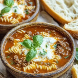 - 1 lb ground beef or turkey - 1 medium onion, diced - 3 cloves garlic, minced - 1 can (28 oz) crushed tomatoes - 1 can (15 oz) tomato sauce You can use ground beef or turkey based on your taste. Both provide great flavor. Dice one medium onion and add it to the meat. Onions add sweetness and depth. Mince three cloves of garlic to boost the aroma. The garlic gives a wonderful kick to the soup. For the base, use one can of crushed tomatoes and one can of tomato sauce. These create a rich, hearty texture. - 4 cups vegetable or chicken broth - 2 teaspoons dried Italian seasoning - 1 teaspoon salt - 1/2 teaspoon black pepper Next, you need broth. Four cups of vegetable or chicken broth will add moisture. Broth is key for a tasty soup. Add two teaspoons of dried Italian seasoning for that classic taste. A teaspoon of salt and half a teaspoon of black pepper will enhance all the flavors. Adjust these to your liking. - 8 lasagna noodles, broken into smaller pieces - 1 cup ricotta cheese - 1 1/2 cups shredded mozzarella cheese For noodles, break eight lasagna noodles into smaller pieces. This helps them cook well in the soup. The real magic happens with cheese. Add one cup of ricotta cheese for creaminess. Then stir in one and a half cups of shredded mozzarella cheese. This makes the soup rich and cheesy. Start by heating a skillet over medium heat. Add the ground meat and diced onion. Cook them together until the meat is browned and the onion is soft. This step takes about 5-7 minutes. Stir in the minced garlic. Cook for another 1-2 minutes until it smells great. If there is extra fat, drain it away. Next, take your slow cooker and add the meat mixture. Pour in the crushed tomatoes, broth, and tomato sauce. Add the dried Italian seasoning, salt, and black pepper. Mix everything together well. It’s important to ensure all the ingredients are combined evenly. Now, set your slow cooker. You can choose to cook on low for 6-8 hours or high for 4 hours. About 30 minutes before you want to serve, add the broken lasagna noodles. Stir them into the soup. Once the noodles are soft, mix in the ricotta cheese and half of the mozzarella cheese. Stir until it is creamy. Taste it and adjust the seasoning if you need to. Let the soup heat through, and it will be ready to serve. To make your lasagna soup burst with flavor, consider these spices: - Oregano: Adds a warm, earthy taste. - Red pepper flakes: Gives a nice kick. - Bay leaves: Infuse a subtle depth. Using fresh herbs is also key. Try adding: - Basil: Brightens the dish with freshness. - Parsley: Adds a nice pop of color and taste. The amount of broth can change the soup's texture. For a heartier soup, use less broth. For a lighter version, add more broth. If you want a thicker soup, you can mash some of the noodles. To make it creamier, stir in more ricotta cheese. This will give it a rich, smooth texture. Pair your lasagna soup with these sides: - Garlic bread: Complements the soup perfectly. - Salad: A fresh side balances the meal nicely. For a stunning presentation, serve in rustic bowls. Top with grated Parmesan cheese and a sprinkle of fresh basil. This adds color and makes it look gourmet! {{image_2}} You can make this soup gluten-free by using gluten-free lasagna noodles. Many brands offer these noodles that can fit into your diet. Look for options made from rice or corn. If you want a vegetarian or vegan version, swap the meat for lentils or mushrooms. Use vegetable broth and skip the ricotta and mozzarella. Instead, try cashew cheese or tofu for creaminess. For extra nutrition, add vegetables like spinach or zucchini. You can toss in carrots or bell peppers, too. These veggies not only add color but also boost the flavor. If you like spice, consider adding crushed red pepper flakes or diced jalapeños to the mix. This will give your soup a nice kick. You can switch up the cheese for different flavors. Try using provolone or gouda for a unique taste. If you want non-dairy options, look for almond or soy cheese. These can melt well and still give you that creamy texture. Each cheese choice can change the whole dish, so experiment to find what you love! You can keep Slow Cooker Lasagna Soup in the fridge for about three to four days. To store it, use airtight containers. This helps keep the soup fresh. Make sure to let the soup cool down first before sealing it. Label the containers with the date for easy tracking. If you want to save it for later, you can freeze the lasagna soup. It stays good in the freezer for about three months. For best results, use freezer-safe containers or heavy-duty freezer bags. Before freezing, leave some space in the containers. This allows the soup to expand when it freezes. To reheat, simply thaw overnight in the fridge. Then heat it on the stove or in the microwave until warm. Stir it well before serving to mix everything. Don't let leftovers go to waste! You can create delicious new meals. Try using the soup as a sauce over baked potatoes or pasta. You can also layer it in a casserole dish with more cheese and bake it for a tasty twist. Another fun idea is to use it as a filling for stuffed peppers. The options are endless, and it keeps your meals exciting! Yes, you can use no-boil lasagna noodles. They are a great time-saver. Just break them into smaller pieces like regular noodles. The cooking time might change slightly. They will soften while cooking in the soup, making it just as hearty. To spice up the flavor, add crushed red pepper flakes. You can start with half a teaspoon. Taste and add more if you want more heat. Another option is to add diced jalapeños for a fresh kick. A dash of hot sauce can also do the trick. Yes, this soup is perfect for meal prep. You can cook it the day before and store it in the fridge. Just reheat when you are ready to serve. If you want to freeze it, leave out the noodles until you heat it up. This keeps them from getting too soft. This blog post shared how to make a tasty Slow Cooker Lasagna Soup. We discussed the key ingredients like ground meat, tomatoes, cheese, and seasonings. Then, I outlined step-by-step instructions for cooking this dish. I also gave tips on enhancing flavors, adjusting textures, and making variations to suit dietary needs. Finally, I covered storage tips for keeping leftovers fresh. Now you can create a delicious soup that brings comfort and joy to any meal. Dive in, enjoy your cooking, and savor every spoonful!