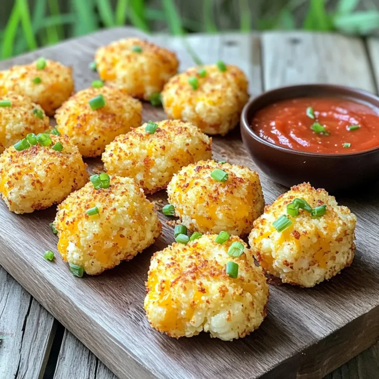 To make Air Fryer Cheesy Cauliflower Tots, gather these simple ingredients: - 1 medium head of cauliflower, chopped into florets - 1 cup shredded mozzarella cheese - 1/2 cup finely grated Parmesan cheese - 1/2 cup breadcrumbs (use gluten-free if desired) - 1 large egg - 2 green onions, finely chopped - 2 cloves garlic, minced - 1 teaspoon onion powder - 1 teaspoon garlic powder - 1/2 teaspoon salt - 1/4 teaspoon black pepper - Cooking spray Let's make cooking easy! Here are some tips for the ingredients: - Cauliflower: Choose a firm head with no brown spots. Fresh is best. - Cheese: Feel free to swap mozzarella for cheddar or pepper jack for a kick. - Breadcrumbs: Gluten-free breadcrumbs work great. You can also use crushed crackers. - Egg: If you want a vegan option, use flaxseed meal mixed with water as a binder. - Green Onions: You can use chives instead for a milder taste. Each serving of these cheesy cauliflower tots is packed with flavor! Here’s a breakdown: - Calories: Approx. 180 - Protein: 8g - Carbohydrates: 12g - Fat: 10g - Fiber: 2g - Sodium: 300mg These tots are a tasty and healthier snack choice. Enjoy them guilt-free! 1. Start by steaming the cauliflower florets for 5-7 minutes until tender. 2. Drain the cauliflower well and let it cool a bit. 3. Transfer the cooled cauliflower to a clean kitchen towel. Wring out as much moisture as you can. This step is key for crispy tots! 4. In a large bowl, mix the drained cauliflower, mozzarella cheese, Parmesan cheese, breadcrumbs, egg, green onions, minced garlic, onion powder, garlic powder, salt, and black pepper. Make sure to combine everything well. 1. Preheat your air fryer to 400°F (200°C) for 5 minutes. 2. While it heats, shape the cauliflower mixture into small tots, about 1-2 inches long. 3. Lightly spray the air fryer basket with cooking spray. 4. Place the tots in a single layer in the basket. Ensure they don’t touch for even cooking. You might need to do this in batches. 5. Air fry the tots for 12-15 minutes, flipping them halfway through. They should be golden brown and crispy when done. 6. Carefully remove the crispy tots and repeat with any remaining mixture. - Make sure to wring out all the moisture from the cauliflower. Extra moisture leads to soggy tots. - Avoid overcrowding the air fryer basket. This ensures even cooking and crispiness. - For added crunch, consider tossing the tots in a bit more breadcrumbs before air frying. When picking cauliflower, look for a head that is firm and white. Avoid any that have dark spots or brown patches. Fresh cauliflower should feel heavy for its size. This means it is full of moisture. A fresh head will give you the best flavor and texture for your tots. You can easily adapt this recipe for different diets. For a gluten-free option, use gluten-free breadcrumbs. If you want a dairy-free version, try using vegan cheese instead of mozzarella and Parmesan. You can also skip the egg and use a flaxseed egg as a binder. Just combine 1 tablespoon of ground flaxseed with 2.5 tablespoons of water and let it sit for a few minutes. One common mistake is not draining the cauliflower well. If you skip this step, your tots can turn out soggy instead of crispy. Another mistake is overcrowding the air fryer basket. This prevents the hot air from circulating properly, which can lead to uneven cooking. Make sure to give each tot space to cook evenly. Lastly, don’t skip the cooking spray! It helps to achieve a nice, golden crust on your tots. {{image_2}} You can change the flavor of your cauliflower tots by using different cheeses. Cheddar adds a sharp taste. Goat cheese gives a creamy texture. You can even mix mozzarella and pepper jack for a nice kick. Just keep the total cheese amount the same, about 1.5 cups. This way, your tots stay crispy. Spicing up your tots is easy. Want a little heat? Add cayenne pepper or red pepper flakes. For a fresh taste, try adding chopped herbs like parsley or basil. Italian seasoning brings a warm flavor. You can mix and match spices to find your favorite blend. Just remember to not overdo it; a little goes a long way. To make your cauliflower tots vegan, swap the egg for a flax egg. Mix 1 tablespoon of ground flaxseed with 2.5 tablespoons of water. Let it sit for a few minutes until it thickens. Use vegan cheese options like cashew cheese or soy cheese for a creamy texture. These changes keep your tots tasty and fun, without any animal products. To keep your cauliflower tots fresh, first let them cool down. Place them in an airtight container. Store the container in the fridge. They will stay good for up to three days. This way, you can enjoy them later without losing their taste. When you’re ready to eat, preheat your air fryer to 350°F (175°C). Place the leftover tots in a single layer in the basket. Heat them for about 5-7 minutes. This will make them crispy again. You can also use an oven, but the air fryer gives the best results. To freeze your tots, first let them cool completely. Arrange them in a single layer on a baking sheet. Place the baking sheet in the freezer for about one hour. Once they are frozen, transfer the tots to a freezer bag. They can last for up to three months in the freezer. When you want to eat them, cook from frozen in the air fryer for 15-20 minutes at 400°F (200°C). Yes, you can make these cheesy cauliflower tots ahead of time. Prepare the mixture and form the tots. Place them on a baking sheet and freeze until firm. After that, store them in a freezer bag. You can air fry them straight from the freezer. Just add a few extra minutes to the cooking time. A few great dips for your cauliflower tots include: - Marinara sauce - Ranch dressing - Garlic aioli - Spicy ketchup - Creamy yogurt dip These dips add flavor and fun to your snack. You can mix and match to find your favorite! Leftover cauliflower tots last about 3 to 5 days in the fridge. Store them in an airtight container. To keep them crispy, reheat them in the air fryer for a few minutes. This will help bring back their crunch. We covered how to make tasty cauliflower tots step by step. You learned about key ingredients and how to cook them for a crispy finish. Tips helped you with storage and dietary needs. Don't forget to add your favorite spices or cheeses for more flavor. Always avoid common mistakes to ensure success. These bites are easy to make and great for snacks or meals. Enjoy your cooking journey and let the flavor shine in every bite!