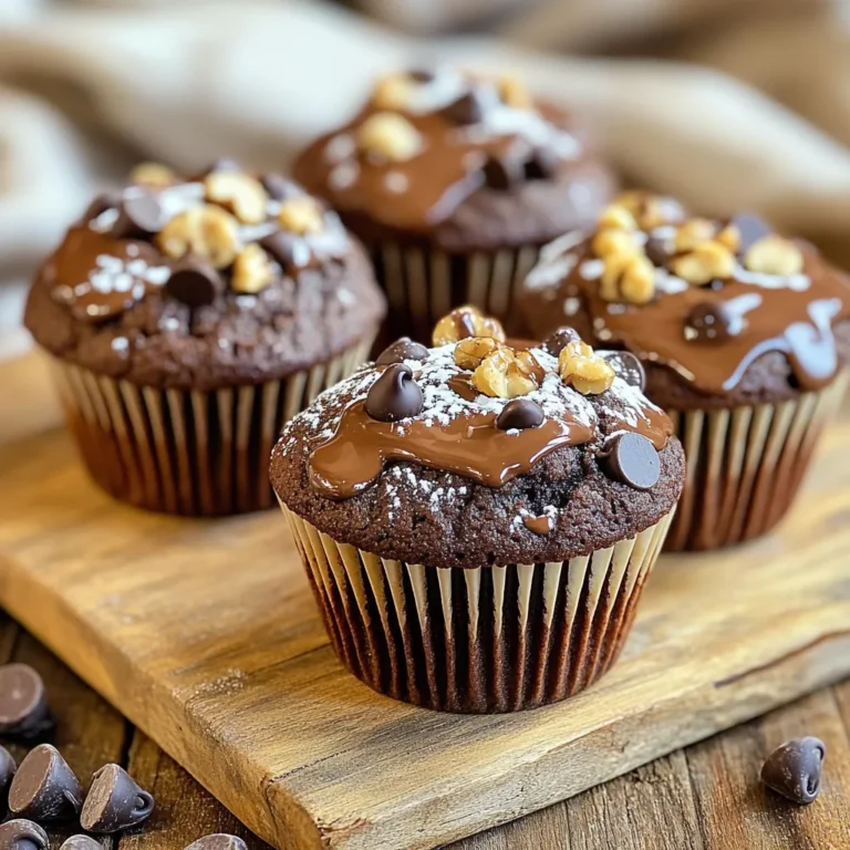 To make double chocolate muffins, you need a few simple ingredients. Here’s what you’ll need: - 1 cup all-purpose flour - 1/2 cup unsweetened cocoa powder - 1 teaspoon baking powder - 1/2 teaspoon baking soda - 1/4 teaspoon salt - 1/2 cup granulated sugar - 1/2 cup brown sugar, packed - 1 large egg - 1/2 cup milk (or non-dairy alternative) - 1/4 cup vegetable oil - 1 teaspoon vanilla extract - 1 cup semi-sweet chocolate chips - 1/2 cup chopped walnuts (optional) These ingredients create a rich and moist muffin. The cocoa powder gives it a deep chocolate flavor. The chocolate chips add extra sweetness and texture. You can skip the walnuts if you prefer a nut-free option. Each ingredient plays a key role in the final taste and texture. Using fresh ingredients makes the muffins taste even better. You can also use non-dairy milk to keep it vegan. Gathering these ingredients is quick and easy. Once you have them, you’re ready to bake! - Preheat the oven to 350°F (175°C). - Line the muffin tin with paper liners or grease it with cooking spray. This helps keep the muffins from sticking. - In a medium bowl, mix 1 cup of all-purpose flour, 1/2 cup of cocoa powder, 1 teaspoon of baking powder, 1/2 teaspoon of baking soda, and 1/4 teaspoon of salt together. Whisk until they blend well. This step adds air and ensures even baking. - In a large bowl, whisk together 1/2 cup of granulated sugar, 1/2 cup of brown sugar, and 1 large egg. Mix until it gets fluffy. - Now, add 1/2 cup of milk, 1/4 cup of vegetable oil, and 1 teaspoon of vanilla extract. Whisk these together until smooth. - Gradually add the dry mix to the wet mix. Stir gently until they just combine. It’s okay if there are a few lumps. Overmixing can make your muffins tough. - Fold in 1 cup of semi-sweet chocolate chips and 1/2 cup of chopped walnuts, if you want them. Do this carefully so you don’t break the batter. - Using a scoop or spoon, fill each muffin cup about 3/4 full with batter. This allows room for rising. - Bake in the preheated oven for 18-20 minutes. Check if they’re done by inserting a toothpick. It should come out clean or with just a few crumbs. - Once baked, let the muffins cool in the pan for about 5 minutes. Then, transfer them to a wire rack to cool completely. Enjoy them warm for the best taste! To get the best texture in your double chocolate muffins, avoid overmixing the batter. When you mix too much, the muffins can turn out tough. Mix just until the dry and wet ingredients come together. A few lumps are perfectly fine. Measuring your ingredients accurately is also key. Use measuring cups for dry ingredients and a liquid measuring cup for wet ones. This helps ensure your muffins rise well and taste just right. Always check your oven temperature before baking. An oven that is too hot can burn the muffins. Use an oven thermometer to ensure it is accurate. After baking for 18-20 minutes, test for doneness with a toothpick. Insert it into the center of a muffin. It should come out clean or with a few crumbs. If it has wet batter, bake for a few more minutes. For a beautiful finish, dust your muffins with powdered sugar. This adds a nice touch and looks appealing. Drizzling melted chocolate on top is another great idea. It enhances the chocolate flavor and makes the muffins extra special. Serve them warm for the best experience! {{image_2}} To make gluten-free double chocolate muffins, swap out the all-purpose flour. Use a gluten-free flour blend instead. Many brands mix rice flour, almond flour, and tapioca flour. This blend works well in baking. Remember, gluten-free flours absorb more liquid. You might need to add a little extra milk to get the right batter consistency. For vegan double chocolate muffins, choose non-dairy milk like almond or oat milk. Replace the egg with a flax or chia seed mix. To make this, mix one tablespoon of ground flaxseed or chia seeds with three tablespoons of water. Let it sit for about five minutes until it gets thick. This acts like an egg. The muffins will still be rich and chocolatey! Want to boost your muffins? Try adding fruits or spices! Chopped bananas or raspberries add natural sweetness. You can also mix in a pinch of cinnamon or nutmeg for warmth. If you love nuts, walnuts or pecans add a nice crunch. Don't be afraid to get creative with flavors! Store leftover muffins at room temperature. Place them in an airtight container. This keeps them soft and fresh. Avoid putting them in the fridge unless it’s very hot. The fridge can dry them out quickly. If you have a lot of muffins, consider freezing them instead. Freezing is a great way to save muffins for later. First, let them cool completely. Then, wrap each muffin in plastic wrap. You can also use aluminum foil for better protection. Place the wrapped muffins in a freezer bag. Remove as much air as possible. Label the bag with the date. When you want to eat them, thaw in the fridge overnight or at room temperature for a few hours. Double chocolate muffins stay fresh for about three days at room temperature. In the fridge, they last about a week. If frozen properly, they can last up to three months. After that, they may lose flavor and texture. For the best taste, enjoy them within the first month! Yes, you can use whole wheat flour. It adds a nutty flavor. The texture will be denser than with all-purpose flour. You might want to add a bit more liquid. Whole wheat flour also packs more nutrients. It is great for a healthier option. To check if muffins are done, look for a few signs. The tops should be firm and spring back when touched. You can also insert a toothpick into the center. If it comes out clean or with just a few crumbs, they are ready. Keep an eye on them after 18 minutes of baking. Yes, you can make the batter ahead of time. Store it in the fridge for up to 24 hours. Just cover it well with plastic wrap. When ready to bake, stir gently. If it’s too thick, add a splash of milk. Double chocolate muffins can be a treat. They contain some beneficial ingredients. For example, cocoa powder has antioxidants. If you use less sugar or add nuts, they become even healthier. Balance is key. Enjoy them in moderation as part of a varied diet. This blog post covered how to make delicious double chocolate muffins. We explored the needed ingredients, step-by-step instructions, and helpful tips for perfecting the texture. You learned about storage options and variations, like gluten-free and vegan options. Baking can be fun and creative. Experimenting with flavors lets you make it your own. These muffins will surely delight your taste buds. Enjoy your baking journey!