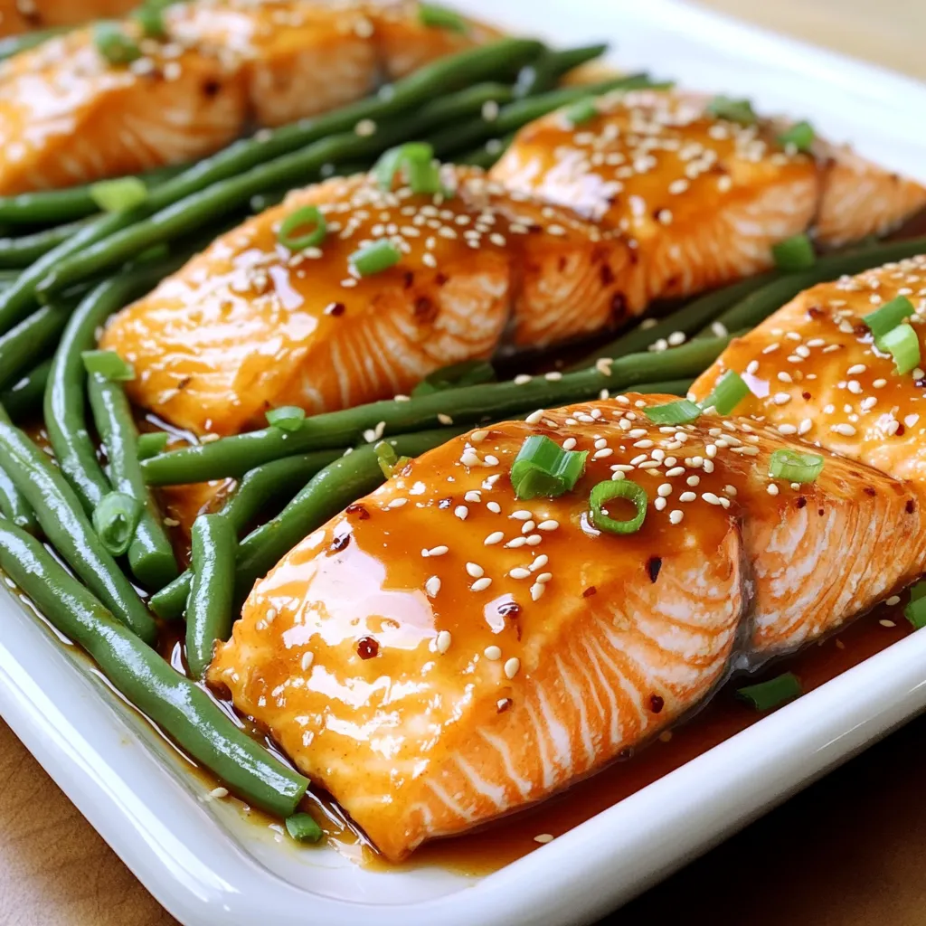 - 4 salmon fillets (about 6 ounces each) - 1 pound green beans, trimmed - 1/4 cup honey - 2 tablespoons Sriracha sauce (adjust based on spice preference) - 2 tablespoons soy sauce - 2 cloves garlic, minced - 1 tablespoon fresh ginger, grated - 1 tablespoon olive oil - Salt and pepper to taste - Sesame seeds and sliced green onions for garnish Gather these simple ingredients to create a tasty dish. Salmon is rich in omega-3 fatty acids. Green beans add a nice crunch and color. Honey gives sweetness, while Sriracha adds heat. Soy sauce brings umami and depth. Feel free to adjust the Sriracha based on your spice level. You can always add more later if you want. Fresh garlic and ginger will enhance the flavor. They both contribute aromatic notes to the marinade. Don’t forget to season with salt and pepper. This step balances the flavors. For garnish, sesame seeds and green onions add a lovely finish. They also provide a bit of texture. - Preheat the oven to 400°F. - Line a large baking sheet with parchment paper. This helps prevent sticking and makes cleanup easier. - In a small bowl, whisk together the honey, Sriracha, soy sauce, minced garlic, grated ginger, olive oil, salt, and pepper. This mix gives the salmon and green beans a tasty kick. - Place the salmon fillets on one side of the baking sheet. Pour half of the honey Sriracha marinade over the salmon. Make sure they are well coated. Let the salmon sit for about 10 minutes. - On the other side of the baking sheet, add the trimmed green beans. Drizzle them with the remaining marinade. Toss them well to coat. This ensures all the veggies soak up that great flavor. - Place the baking sheet in the oven. Bake for 12-15 minutes. The salmon should flake easily with a fork, and the green beans should be tender-crisp. - If you want a crispy top on the salmon, switch the oven to broil for an extra 2-3 minutes. Keep a close eye on it to prevent burning. When you shop for salmon, look for fresh fillets. Wild-caught salmon has great flavor. Farmed salmon is often more affordable and still tasty. Fresh salmon should smell mild, like the ocean. If you choose frozen salmon, make sure it is properly sealed. Thaw it in the fridge overnight for best results. You can adjust the sweetness and spice in the marinade. If you want it sweeter, add more honey. For extra heat, increase the Sriracha. You can also add other flavors. Try a splash of lime juice for a zesty kick. Adding fresh herbs like cilantro can brighten the dish too. For green beans, think about the texture you like. If you want them crisp, bake for less time. If you prefer them softer, give them a few more minutes. Start checking at 12 minutes. Toss them in the marinade for added flavor. Make sure to spread them out on the sheet for even cooking. {{image_2}} You can mix in other tasty green veggies. Try using broccoli or snap peas. They add crunch and flavor. You can also pick seasonal vegetables, like asparagus in spring or Brussels sprouts in fall. Each veggie brings a new taste to the dish. If you want to switch things up, chicken or tofu work great too. For chicken, use boneless thighs or breasts. Cook them for 20-25 minutes. If you choose tofu, press it first to remove excess water. Bake it for about 15-18 minutes. Adjust the marinade time for each protein type to soak up those flavors. Get creative with different sauces or spices. You can try teriyaki sauce for a sweet twist. Adding sesame oil gives a nutty flavor. You can also spice it up with chili flakes or garlic powder. For an Asian flair, mix in hoisin sauce or even miso paste. Each change opens a world of new tastes! To keep your leftover salmon and green beans fresh, use an airtight container. Place the salmon fillets and green beans in separate layers if possible. You can also wrap them tightly in plastic wrap or foil. Store them in the fridge for up to three days. This method helps maintain the flavors and textures. When reheating salmon, use a gentle heat to avoid drying it out. Preheat your oven to 300°F (150°C). Place the salmon on a baking sheet, cover it with foil, and heat for about 10 minutes. For the green beans, you can heat them in the microwave for 1-2 minutes. This keeps them fresh and crisp, just like when you first made them. You can freeze cooked salmon and green beans if you want to save some for later. Let the dish cool completely, then place it in a freezer-safe container. Seal it tightly to prevent freezer burn. It can be stored for up to three months. When you are ready to eat, thaw it in the fridge overnight. Reheat it in the oven or microwave, as mentioned before, for the best taste. Yes, you can prepare the marinade in advance. Store it in the fridge. Marinate the salmon for up to an hour before cooking. You can also trim the green beans ahead of time. Just keep them in water to stay fresh. You can use ketchup mixed with a bit of hot sauce. Another option is to use sweet chili sauce. These will give you flavor without too much heat. Adjust the amount to suit your taste. You can use powdered ginger if fresh is not available. Use half the amount of powdered ginger. Fresh ginger gives better flavor, but powdered is a good backup. Salmon is done when it flakes easily with a fork. It should appear opaque and slightly firm. The internal temperature should reach 145°F (63°C). Yes, you can double the recipe easily. Just use a larger baking sheet. Make sure to leave space between the salmon and green beans for even cooking. This blog post shared a simple and delicious way to prepare salmon with green beans. You learned about key ingredients, step-by-step cooking instructions, and helpful tips for the best results. Remember, you can customize flavors and even swap proteins. Store leftovers properly to enjoy them later. Overall, cooking doesn't have to be hard. With practice, it can be fun and tasty, too. Now, go ahead and try this recipe to impress yourself and others!