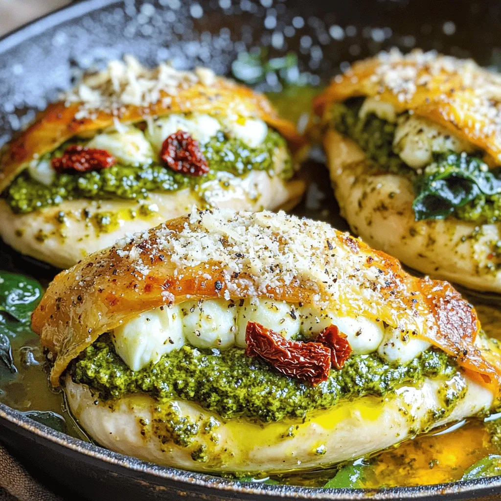 - 4 boneless, skinless chicken breasts - 1 cup fresh basil pesto - 8 ounces fresh mozzarella cheese, sliced - 1/2 cup sun-dried tomatoes, chopped (oil-packed preferred) - 1 cup fresh spinach leaves - 1 teaspoon garlic powder - 1 teaspoon salt - 1/2 teaspoon black pepper - 2 tablespoons olive oil - 1/4 cup grated Parmesan cheese for topping These key ingredients create a tasty and colorful dish. The chicken is the main part. The pesto adds a fresh taste. Mozzarella gives it a creamy feel. Sun-dried tomatoes add a sweet touch. Spinach brings a healthy crunch. - Fresh herbs like thyme or oregano - Different cheeses like feta or cheddar - Chopped olives for a salty flavor - Pine nuts or walnuts for crunch These optional ingredients let you get creative. Adding fresh herbs can boost flavor. You can switch cheeses too. This way, you can enjoy many flavors with one dish. Each serving of Pesto Mozzarella Stuffed Chicken has about: - Calories: 450 - Protein: 40g - Fat: 30g - Carbohydrates: 5g - Fiber: 1g This meal is high in protein. It also has healthy fats from cheese and olive oil. It's low in carbs, making it great for many diets. You can enjoy this meal without guilt. First, preheat your oven to 375°F (190°C). This step is key for even cooking. Next, pat the chicken breasts dry with paper towels. Place them on a cutting board. Use a sharp knife to create a pocket in each breast. Slice horizontally from the thicker side, but don’t cut all the way through. This pocket will hold our tasty filling. Now, season both the inside and outside of each chicken breast. Use garlic powder, salt, and black pepper for great flavor. Spoon about 2 tablespoons of fresh basil pesto into each pocket. Next, layer in slices of mozzarella cheese. Add chopped sun-dried tomatoes and a handful of fresh spinach leaves. These ingredients add rich taste and color. To secure the filling, use toothpicks or kitchen twine. This keeps everything inside while cooking. Make sure it’s tight, but not too tight. In a large oven-safe skillet, heat 2 tablespoons of olive oil over medium-high heat. Once the oil is hot, add the stuffed chicken breasts. Sear them for about 4-5 minutes on each side until they are golden brown. This step adds a nice crust and locks in flavors. After searing, sprinkle grated Parmesan cheese on top of each chicken breast. Then, transfer the skillet to your preheated oven. Bake for 20-25 minutes. The chicken is done when its internal temperature reaches 165°F (74°C). Once cooked, let the chicken rest for 5 minutes. This helps the juices redistribute and the cheese set slightly. Finally, slice it and serve warm with a drizzle of any remaining pesto. Enjoy your delightful dinner! To keep your chicken juicy, start with good quality meat. Boneless, skinless breasts work well. Make sure to pat them dry before seasoning. A dry surface helps the chicken brown nicely. Season both inside and outside with garlic powder, salt, and black pepper. When you sear the chicken, use medium-high heat. This gives you a nice golden crust. Remember to not overcrowd the pan; this helps in even cooking. Lastly, let the chicken rest after baking. This keeps the juices inside. If you have any leftover chicken, store it in an airtight container. This keeps the chicken fresh. You can store it in the fridge for up to three days. If you want to keep it longer, freeze it. Wrap each piece tightly in plastic wrap, then place it in a freezer bag. It can last up to three months in the freezer. When you're ready to eat, thaw it overnight in the fridge. For a lovely presentation, slice the chicken before serving. This shows off the colorful filling. Drizzle some remaining pesto over the top for extra flavor. You can also add a sprinkle of grated Parmesan for a nice touch. Serve with a side of fresh salad or roasted veggies. This creates a balanced meal that looks great on the plate. {{image_2}} You can change the cheese in this dish for fun. Instead of mozzarella, try provolone or gouda. A creamy ricotta adds a nice twist too. Each cheese brings its own flavor. Experiment and find your favorite! If you are dairy-free, use vegan cheese. There are great options made from nuts or soy. For a low-carb diet, skip the sun-dried tomatoes and use zucchini instead. This keeps the dish tasty and friendly for your needs. You can boost nutrition by adding more veggies. Bell peppers, mushrooms, or even artichokes work well. Chop them small and add them to the stuffing. They add flavor and color. Fresh herbs like parsley or thyme can make it even better! To store leftover stuffed chicken, let it cool first. Place it in an airtight container. Make sure the lid is tight. You can keep it in the fridge for up to three days. This helps keep the chicken moist and tasty. When you are ready to eat the leftover chicken, preheat your oven to 350°F (175°C). Place the chicken in a baking dish. Cover it with foil to keep it from drying out. Heat for about 15-20 minutes. Check the center to ensure it’s hot. You can also use a microwave, but the oven keeps it juicier. You can freeze the stuffed chicken too. Wrap each piece in plastic wrap. Then, place them in a freezer bag. Squeeze out as much air as possible before sealing. This helps prevent freezer burn. You can store it in the freezer for up to three months. To use it, thaw it in the fridge overnight before reheating. Yes, you can prepare this dish ahead of time. Stuff the chicken breasts and secure them. Then, cover and store the chicken in the fridge for up to 24 hours. When you're ready, sear and bake it as directed. This saves time and keeps flavors fresh. This dish pairs well with many sides. Here are some ideas: - A fresh green salad with a light vinaigrette - Garlic bread for a tasty crunch - Roasted vegetables like zucchini or bell peppers - Creamy mashed potatoes for a comforting touch - Quinoa or rice to soak up the pesto sauce To check if the chicken is done, use a meat thermometer. Insert it into the thickest part of the chicken. The internal temperature should reach 165°F (74°C). If you don't have a thermometer, cut into the chicken. The meat should be white and the juices should run clear. Chicken is safe to eat when there is no pink inside. This blog post covered how to make delicious stuffed chicken. You learned about key ingredients and optional additions for custom flavors. I shared easy steps to prepare, stuff, and cook your chicken. You got helpful tips for keeping it juicy and storing leftovers. Variations let you customize based on dietary needs. Overall, stuffed chicken is simple and fun to make. Enjoy trying new flavors and impressing everyone at your table.