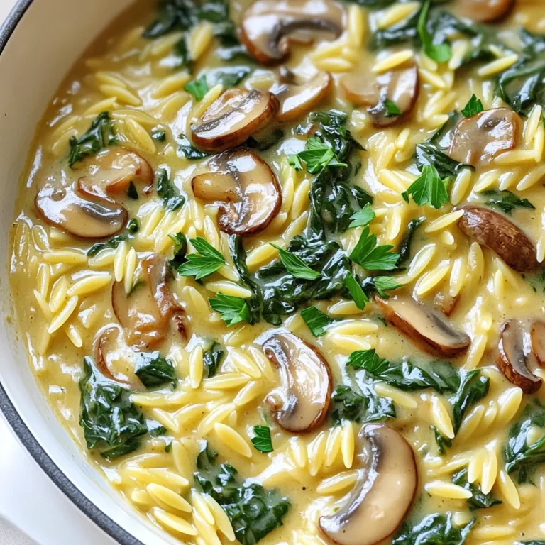 - 1 cup orzo pasta - 2 tablespoons olive oil - 1 medium onion, diced - 2 cloves garlic, minced - 8 ounces cremini mushrooms, sliced - 4 cups fresh spinach - 2 cups vegetable broth - 1 cup heavy cream or coconut cream - 1/2 cup grated Parmesan cheese The key to my creamy mushroom spinach orzo skillet lies in these fresh ingredients. First, the orzo pasta cooks up soft and absorbs all the great flavors. The olive oil adds richness, while the onion gives a nice sweetness. The garlic and mushrooms create a savory base. Fresh spinach adds color and nutrients. It wilts down and blends perfectly with the other flavors. For liquids, vegetable broth brings depth. Heavy cream or coconut cream adds creaminess. I often use coconut cream for a lighter dish. Finally, Parmesan cheese gives a salty kick. You can swap it for nutritional yeast for a vegan touch. With these ingredients, you set the stage for a tasty meal. Trust me, this dish is a delight for your taste buds! 1. First, grab a large skillet and heat 2 tablespoons of olive oil over medium heat. 2. Add 1 medium diced onion and sauté for about 2-3 minutes. The onion should turn translucent. 3. Next, stir in 2 cloves of minced garlic and 8 ounces of sliced cremini mushrooms. Cook for about 5-7 minutes. The mushrooms need to brown and become tender. 1. Now it's time to add 1 cup of orzo pasta to the skillet. Toast it for about 1-2 minutes. Stir to coat the orzo with the oil and mix with the mushrooms. 2. Pour in 2 cups of vegetable broth. Then, add 1/2 teaspoon of dried thyme, 1/2 teaspoon of salt, and 1/4 teaspoon of black pepper. Bring this mixture to a simmer. 3. Lower the heat, cover the skillet, and let it cook for about 10-12 minutes. Stir occasionally to keep the orzo from sticking. The orzo should be tender after absorbing most of the liquid. 1. Once the orzo is ready, add 4 cups of fresh spinach and 1 cup of heavy cream. Stir everything until the spinach wilts and mixes well. 2. Remove the skillet from the heat and stir in 1/2 cup of grated Parmesan cheese. This makes the dish creamy and rich. 3. Adjust the seasoning with more salt and pepper as needed. Serve hot and enjoy! To prevent sticking while cooking orzo, you should stir it often. This will help the pasta cook evenly. Once you add the broth, keep the heat low and cover the skillet. This keeps moisture in and helps the orzo cook without sticking to the bottom. For a creamy sauce, you want to add the heavy cream or coconut cream at the end. Stir it in gently until everything is mixed. This will give you a smooth texture. Make sure not to cook it too long after adding the cream. If you want vegan options, use nutritional yeast instead of Parmesan cheese. For cream, coconut cream is a great choice. It adds richness without dairy. You can also swap out spinach for kale or Swiss chard. They add a nice flavor and texture. You can even add bell peppers or zucchini for more color and taste. Pair this dish with a light salad or garlic bread. A fresh green salad adds a nice crunch. Garlic bread brings warmth and flavor. For garnishes, sprinkle fresh parsley on top. You can also add some lemon zest for bright flavor. This makes the dish look pretty and adds a burst of taste! {{image_2}} You can add chicken or shrimp to this dish if you want some protein. Just cook the meat before adding the mushrooms. This adds a nice extra flavor. If you prefer plant-based options, consider adding chickpeas or lentils. These sources pack a protein punch and make the dish hearty. To make this dish even tastier, you can experiment with spices. Try adding paprika or red pepper flakes for some heat. You can also add dried basil or oregano for a different taste. Adding lemon zest gives the dish a bright flavor. This fresh touch makes the creamy sauce pop. Just a little zest goes a long way! If you need a gluten-free version, use gluten-free orzo. Many brands offer this option, and it cooks just like regular orzo. You can also try other pasta types, like rice pasta or quinoa pasta. These work well in this dish and keep it gluten-free. To keep your creamy mushroom spinach orzo fresh, use an airtight container. This method helps prevent moisture loss and keeps flavors intact. You can store it in the fridge for up to three days. Make sure to cool it to room temperature before sealing it up. When you’re ready to enjoy your leftovers, reheat them gently. Place the orzo in a skillet over low heat. Add a splash of vegetable broth or cream to keep it moist. Stir occasionally until warm. Yes, you can freeze this dish for future meals. Place it in a freezer-safe container. It will last for about three months in the freezer. To save time, you can prepare some ingredients in advance. Chop your onions, garlic, and mushrooms a day ahead. Store them in the fridge until you're ready to cook. This orzo is great for meal rotation. You can pair it with grilled chicken, fish, or a salad throughout the week. Enjoy the ease of having this tasty meal ready to go! Yes, you can make this dish ahead of time. Store it in an airtight container. Keep it in the fridge for up to three days. To reheat, warm it gently on the stove. Add a splash of broth to keep it creamy. If you need a substitute for orzo, try these options: - Arborio rice - Quinoa - Small shells - Ditalini pasta These alternatives work well and will give you a tasty dish. To make the dish dairy-free, swap heavy cream with coconut cream. For cheese, use nutritional yeast instead of Parmesan. Both changes keep the flavors rich and creamy while being dairy-free. In this blog post, we explored a delicious orzo dish from start to finish. We discussed essential ingredients, step-by-step cooking methods, and valuable tips. You learned how to add protein and adjust flavors for your taste. We also covered storage and meal prep for easy future meals. Remember, this dish is flexible. You can customize it to fit your needs. Whether it’s for a family dinner or meal prep, enjoy creating your own version! Happy cooking!