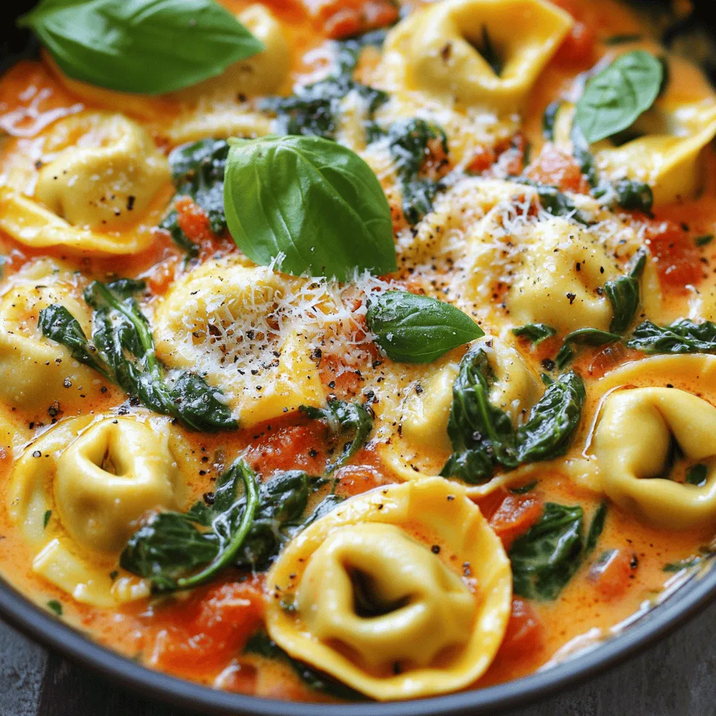 To make creamy tomato spinach tortellini, gather these key items: - 12 oz cheese tortellini (fresh or frozen) - 2 tablespoons olive oil - 3 cloves garlic, minced - 1 can (14.5 oz) diced tomatoes, undrained - 1 cup heavy cream - 3 cups fresh spinach - 1 teaspoon Italian seasoning - Salt and pepper to taste - 1/2 cup grated Parmesan cheese - Fresh basil leaves for garnish These ingredients create a rich and tasty dish that you'll love. You can tweak this dish to suit your taste. Try adding: - Red pepper flakes for heat - Onion for extra sweetness - Mushrooms for an earthy flavor - Fresh herbs like parsley or oregano Feel free to mix and match to make it your own! If you have dietary needs, you can easily adapt this recipe. Consider these swaps: - Use gluten-free tortellini for a gluten-free version. - Swap heavy cream with coconut milk for a dairy-free option. - Use nutritional yeast instead of Parmesan for a vegan dish. These changes keep the dish delicious while meeting your needs. First, fill a large pot with water and add salt. Bring it to a boil. Once boiling, add 12 ounces of cheese tortellini. Cook it according to the package instructions until it is al dente. This usually takes about 3 to 5 minutes. When done, drain the tortellini and set it aside. Make sure not to rinse it; you want the starch to help the sauce stick later. In a large skillet, heat 2 tablespoons of olive oil over medium heat. Once hot, add 3 cloves of minced garlic. Sauté for about 1 minute. You want the garlic to smell great but not brown. Then, pour in a can of 14.5 ounces of diced tomatoes, undrained. Stir well and let it simmer for about 2 to 3 minutes. This helps blend the flavors together and creates a nice base for your dish. Now, reduce the heat to low. Slowly add in 1 cup of heavy cream while stirring. This will turn your tomato base into a creamy sauce. Let it cook for another 2 to 3 minutes until it thickens slightly. Next, fold in 3 cups of fresh spinach along with 1 teaspoon of Italian seasoning. Stir until the spinach wilts down. Season with salt and pepper to your taste. Finally, add the cooked tortellini to the skillet. Toss gently to coat every piece with the sauce. Enjoy your delicious creamy tomato spinach tortellini! To get that rich, creamy texture, use heavy cream. It blends well with the tomatoes and gives a smooth feel. Start by cooking the garlic in olive oil. This step adds depth to the sauce. When you add cream, stir slowly. This helps it mix evenly with the tomatoes. Allow the sauce to cook gently. This will thicken it just right for the tortellini. One common mistake is cooking the garlic too long. It can turn bitter if burned. Be careful not to let the cream boil. Boiling can cause it to separate and lose that creamy goodness. Also, don’t skip seasoning. Adding salt and pepper brings out the flavors. Taste your sauce before adding the tortellini. Adjust the seasoning if needed. To boost flavor, consider adding fresh basil or parsley. They add a nice herbal note. You can also stir in sun-dried tomatoes for a tangy twist. If you like heat, add a pinch of red pepper flakes. For a cheesy finish, use more Parmesan on top. These additions can make your dish even more delicious and unique. {{image_2}} To make this dish vegetarian, you can skip meat and use more veggies. Add mushrooms, bell peppers, or zucchini. These add great texture. You can also throw in some peas or artichokes. They bring a nice pop of color and flavor. If you want a protein boost, try adding chickpeas or lentils. They work well and keep it hearty. If you want to add protein, there are easy options. Grilled chicken is a great choice. Slice it into strips and mix it in. Shrimp also works well. You can sauté shrimp in the same pan before adding the sauce. It cooks quickly and adds a nice taste. For a different spin, try diced sausage. It gives a rich flavor to the dish. You can change the sauce for a new twist. Pesto is a fresh and herby option. Stir it in after adding the cream. It gives a bright flavor. Another option is Alfredo sauce. This will make it even creamier. Just swap the heavy cream for Alfredo. You can also try adding a splash of lemon juice. It adds a zesty kick to balance the creaminess. To keep your creamy tomato spinach tortellini fresh, place it in a sealed container. Let it cool first. Then, store it in the fridge. It will stay good for 3 to 4 days. Make sure to label the container with the date. This helps you track how long it has been stored. When you’re ready to enjoy leftovers, you can reheat them easily. Place the tortellini in a skillet over low heat. Add a splash of water or cream to help it warm up. Stir often until it’s heated through. Alternatively, you can use the microwave. Heat it in a bowl, covered with a damp paper towel. This helps prevent it from drying out. If you want to save some for later, freezing works well. First, let the tortellini cool completely. Then, portion it into freezer-safe bags or containers. Remove as much air as possible before sealing. Label each bag with the date. This dish can last up to 3 months in the freezer. When you’re ready to eat, thaw it overnight in the fridge before reheating. Yes, you can use other types of pasta. You might try penne or farfalle. Just remember to adjust the cooking time based on the pasta you choose. Fresh pasta cooks quickly, while dried pasta takes longer. Always check the package for exact times. If you want a lighter option, use half-and-half or whole milk. You can also use coconut cream for a dairy-free choice. Blend the substitute with a bit of flour to help thicken the sauce. This keeps your dish creamy and rich without heavy cream. This dish lasts about 3 to 5 days in the fridge. Store it in an airtight container to keep it fresh. When you reheat, add a splash of water or broth to help with the sauce's texture. Enjoy your tasty meal even after a few days! This blog post covered how to make creamy tomato spinach tortellini. We looked at the main and optional ingredients, cooking steps, and tips for the best texture and flavor. I shared variations to suit your taste and dietary needs. Finally, we reviewed storage tips and answered common questions. Try this recipe to impress your family or friends. It's easy, flexible, and delicious!