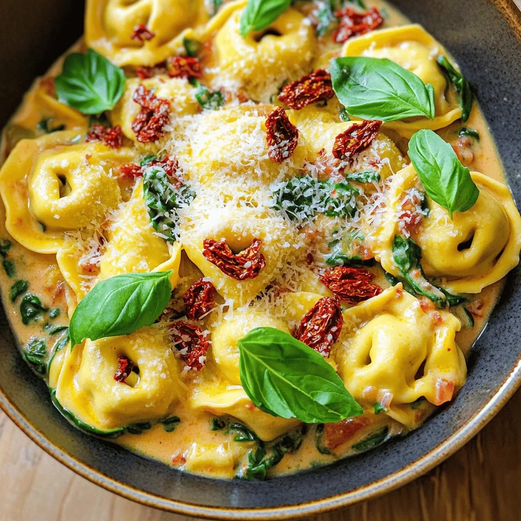 - 12 oz cheese tortellini (fresh or frozen) - 1 cup sun-dried tomatoes in oil, drained and chopped - 2 cups fresh spinach - 1/2 cup heavy cream Cheese tortellini is the heart of this dish. It gives a rich, cheesy flavor. Sun-dried tomatoes add a sweet and tangy taste. Fresh spinach brings in a touch of green and nutrition. Heavy cream ties everything together, making it creamy and luscious. - 1/2 cup grated Parmesan cheese - 3 cloves garlic, minced - 2 tablespoons olive oil Grated Parmesan cheese boosts the umami flavor. Minced garlic adds a savory punch. Olive oil is essential for sautéing and enhances the dish's richness. - 1 teaspoon dried Italian herbs (oregano, thyme, or basil) - Salt and pepper to taste - Fresh basil leaves for garnish Dried Italian herbs create a warm, aromatic base. Salt and pepper enhance all the flavors. Fresh basil leaves on top add a bright, fresh touch that makes your dish pop. - First, bring a large pot of salted water to a boil. - Add the cheese tortellini. Cook them according to the package instructions. - This usually takes about 3 to 5 minutes. - Drain the tortellini and set them aside. - In a large skillet, heat two tablespoons of olive oil over medium heat. - Once the oil is hot, add three minced garlic cloves. - Sauté the garlic for about 30 seconds until it smells great. - Next, add one cup of chopped sun-dried tomatoes. - Cook these for 1 to 2 minutes, stirring often. - Now, pour in half a cup of heavy cream. - Add one teaspoon of dried Italian herbs. - Stir everything together and let it simmer for 3 to 4 minutes. - This helps the sauce thicken nicely. - Now, add two cups of fresh spinach to the skillet. - Gently fold in the cooked tortellini. - Mix well so every piece is covered in the creamy sauce. - Finally, add half a cup of grated Parmesan cheese. - Stir until the cheese melts and blends into the sauce. - Taste it and add salt and pepper as needed. To cook tortellini just right, start with boiling water. Add salt for flavor. Follow the package instructions closely. Fresh tortellini cooks fast, usually in just a few minutes. Frozen tortellini takes a bit longer. Keep an eye on them to avoid overcooking. Overcooked tortellini can turn mushy. Aim for al dente, which means they should have a slight bite. If you want to switch things up, try alternatives to sun-dried tomatoes. Roasted red peppers add a nice touch. You can also use fresh tomatoes or artichokes. They bring a different flavor but still work well. For a kick, toss in extra spices. A pinch of red pepper flakes adds heat. You could also try a dash of smoked paprika for a unique twist. When serving your dish, use shallow bowls for a nice look. This allows the vibrant colors to shine. Garnish with fresh basil leaves to add a pop of green. You can sprinkle extra Parmesan cheese on top for added flavor. A drizzle of olive oil can also enhance the dish's look and taste. {{image_2}} Adding protein can make your Sun-Dried Tomato Tortellini Skillet even more filling. You can easily include chicken or shrimp. Just cook them in the skillet before adding the garlic and sun-dried tomatoes. This way, the flavors blend well. If you prefer vegetarian options, try using chickpeas or white beans. They add protein without meat. Just toss them in when you add the spinach. They will warm up nicely in the skillet. If you're looking for vegan options, there are great dairy-free choices. For cream, try coconut cream or cashew cream. Both give that rich texture without dairy. For cheese, use a vegan cheese that melts well. Brands like Daiya or Violife work great. Just sprinkle it in at the same point you would use Parmesan. Using seasonal veggies can brighten your dish. In spring, add asparagus or peas. In summer, try zucchini or bell peppers. Just sauté them with the garlic before adding the sun-dried tomatoes. Adjusting your herbs can also change the flavor. In winter, use dried herbs. In summer, fresh basil or parsley from your garden adds a burst of flavor. Just chop them and mix them in at the end for the best taste. To store leftovers of your sun-dried tomato tortellini skillet, let it cool first. Place it in an airtight container. Make sure the container is safe for the fridge. This helps keep flavors fresh. It’s best to eat within three days for the best taste. When reheating, use a skillet over low heat. This method warms the dish gently. Stir often to prevent sticking. You can also add a splash of cream to keep it creamy. This helps the sauce stay smooth and rich. Yes, you can freeze tortellini skillet. Let it cool completely before freezing. Use a freezer-safe container, leaving some space for expansion. To thaw, place it in the fridge overnight. Reheat it gently on the stove, adding a bit of cream if needed to restore texture. To cook tortellini, bring a large pot of salted water to a boil. Add the tortellini and cook until al dente, usually 3 to 5 minutes. Drain the tortellini well. Do not overcook it; this keeps the texture firm and prevents mushiness. Yes, you can use store-bought sun-dried tomatoes. Look for those packed in oil for better flavor. Drain and chop them before adding to your dish. This ensures the best taste and keeps them moist. For sides, consider a simple salad with fresh greens. Garlic bread also pairs well with the creamy sauce. Roasted vegetables can add color and flavor, too. Choose sides that complement the dish's richness without overpowering it. This blog post showed you how to make a delicious tortellini dish. We covered the main ingredients, like cheese tortellini and sun-dried tomatoes, and detailed the step-by-step cooking process. You learned useful tips for perfect texture and flavor, along with tasty variations. Whether you add protein or make it vegan, you have plenty of options. Remember to store leftovers correctly for later enjoyment. Now, you can create this dish with confidence. Enjoy every bite!