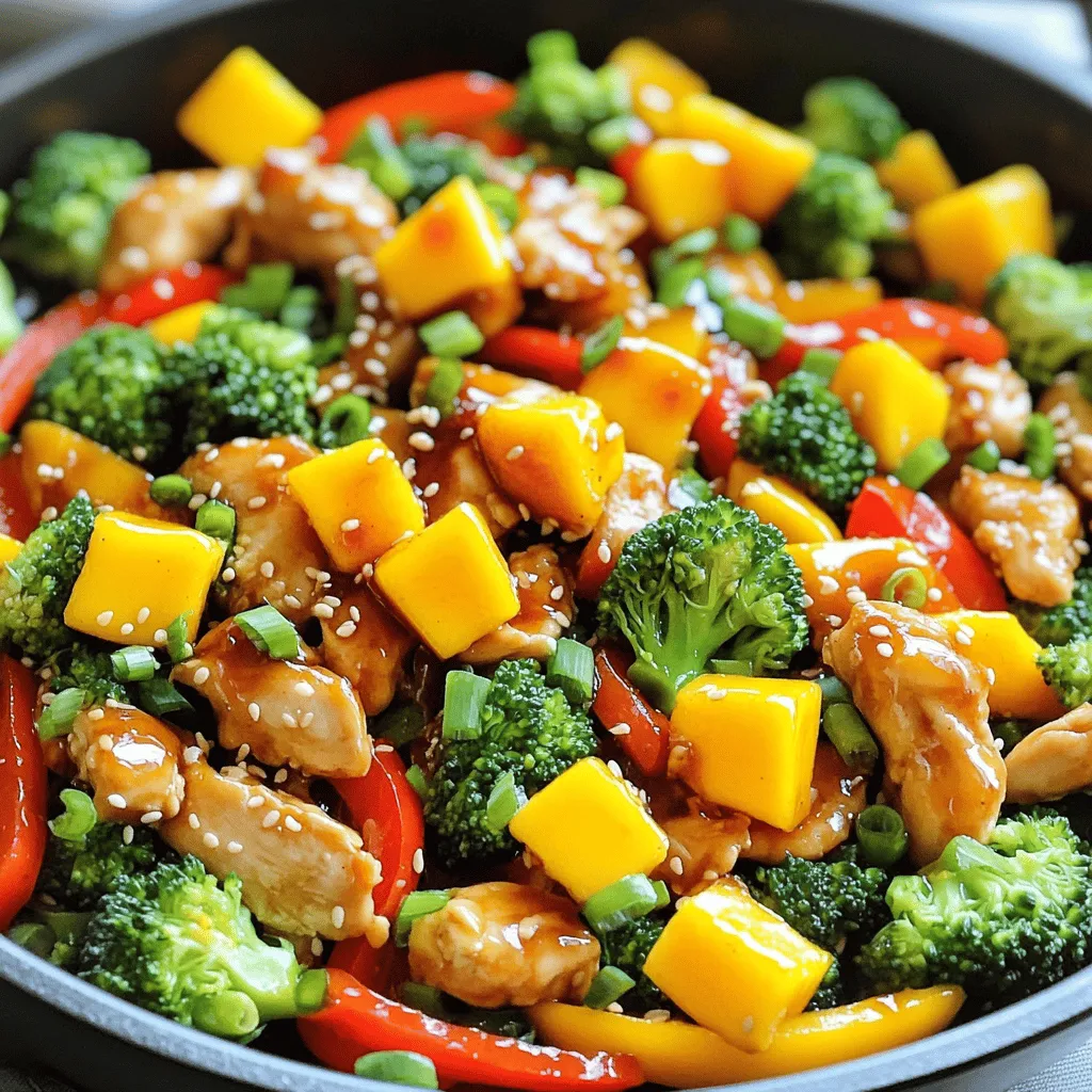 To make Spicy Mango Chicken Stir Fry, you need some key ingredients. Each one adds its own special flavor. Here’s the list: - 1 pound (450g) chicken breast, thinly sliced - 1 ripe mango, peeled and cubed - 2 cups broccoli florets - 1 red bell pepper, sliced - 1 yellow bell pepper, sliced - 2 cloves garlic, minced - 1 tablespoon fresh ginger, minced - 2 tablespoons soy sauce - 1 tablespoon honey - 1 tablespoon sriracha (adjust to taste) - 1 tablespoon sesame oil - 2 tablespoons vegetable oil - Salt and pepper to taste - Chopped green onions and sesame seeds for garnish Each ingredient plays a role in making this dish tasty. The chicken provides protein, while the mango adds sweetness. The vegetables give it a nice crunch, and the garlic and ginger bring warmth. The sauces tie it all together with a perfect blend of salty and spicy. Using fresh ingredients makes a big difference. Always choose ripe mangoes for the best flavor. Fresh veggies not only taste better but also add color to your dish. This mix of flavors and textures makes every bite exciting! Start by slicing the chicken breast into thin pieces. This helps it cook quickly and evenly. In a bowl, mix soy sauce, honey, sriracha, salt, and pepper. Add the sliced chicken. Let it sit for at least 15 minutes. This makes the chicken tasty and juicy. Heat one tablespoon of vegetable oil in a large skillet or wok over medium-high heat. Once hot, add the marinated chicken. Stir-fry for 5-7 minutes until it turns golden and is cooked through. Remove the chicken from the skillet and set it aside. In the same skillet, add another tablespoon of vegetable oil. Toss in minced garlic and ginger. Sauté for about 30 seconds. This releases great flavors. Next, add the broccoli and sliced bell peppers. Stir-fry for 4-5 minutes. They should be bright and still crisp. Return the cooked chicken to the skillet. Add cubed mango and sesame oil. Gently stir everything together. Let it cook for another 2-3 minutes. This helps all the flavors blend well. Taste and adjust seasoning if needed. Remove the skillet from the heat. Plate your stir-fry and garnish with chopped green onions and sesame seeds. Serve hot and enjoy the sweet and spicy flavors! To make a great stir-fry, start with high heat. This keeps your veggies crisp and your chicken juicy. Always prepare your ingredients before cooking. Slice, chop, and measure everything. This way, you can add them quickly. Cook in batches if your pan is small. This avoids steaming the food. Not everyone loves heat. To adjust spice levels, start small with sriracha. You can always add more later. Mix in honey to balance the heat. For a milder dish, skip the sriracha and use sweet mango only. A ripe mango is sweet and soft. Look for mangoes that yield slightly when pressed. Avoid hard or overly soft ones. You can also use frozen mango for a quick option. Just thaw them before adding to the stir-fry. Want to boost flavors? Consider adding cashews or peanuts. They add crunch and richness. Fresh herbs like cilantro or basil also enhance the dish. A splash of lime juice can brighten everything up. This stir-fry is great for meal prep. Cook a big batch and store it in containers. It keeps well in the fridge for up to three days. Reheat it on the stove or in the microwave. Just add a splash of water to keep it moist. {{image_2}} You can swap chicken for other proteins. Tofu works great for a tasty vegan option. Use firm tofu, cut into cubes. For shrimp lovers, use peeled and deveined shrimp. Both options absorb the sauce well and add flavor. To make this dish vegetarian or vegan, skip the chicken. Use tofu or tempeh instead. Both options provide protein and texture. Ensure your sauces are vegan-friendly, and enjoy a delightful stir fry. Feel free to switch up the veggies. Snap peas, carrots, or zucchini add color and crunch. You can also use bok choy or mushrooms for a unique taste. Use what you love or what’s in season. Want more heat? Add extra sriracha or red pepper flakes. For a sweeter touch, include more mango or honey. You can also add lime juice for a zesty kick. Experiment and find your perfect balance! After your meal, let the Spicy Mango Chicken Stir Fry cool down. Place it in an airtight container. This helps keep it fresh. Store it in the fridge for up to three days. You can freeze leftovers if you want to save them for later. Use a freezer-safe container or bag. Squeeze out as much air as possible before sealing. It will last for about three months in the freezer. To reheat, you can use the microwave or a pan. If using a microwave, cover the dish to keep moisture in. Heat it for about 1-2 minutes. Stir halfway for even warming. If using a pan, add a splash of water. Heat on low until warm. - Chicken Breast: Use within 1-2 days if fresh, up to 6 months if frozen. - Mango: Best within 1-2 days of cutting, can last longer in the fridge if whole. - Broccoli and Bell Peppers: Fresh lasts about 3-5 days in the fridge. - Garlic and Ginger: Keep in a cool, dry place for about 1 month. - Soy Sauce and Honey: These can last for months if stored in a cool place. Storing your leftovers correctly can save you time and reduce waste. Enjoy your tasty meals again later! Yes, you can make this dish ahead of time. Prepare the chicken and veggies in advance. Store them in the fridge for up to two days. When ready, stir-fry them fresh for a quick meal. Just remember, the mango is best added just before serving. If you need a soy sauce substitute, try tamari or coconut aminos. Both options have similar flavors and work well in this recipe. If you need a low-sodium option, look for low-sodium soy sauce. Yes, this dish can be gluten-free. Use tamari instead of soy sauce. Check that your sriracha does not contain gluten. Most fresh veggies and chicken are naturally gluten-free, making this stir fry a safe choice. To boost sweetness, add extra honey or use a sweeter mango. You can also include a splash of orange juice. Each of these will bring a nice fruity note to your stir fry. Serve this stir fry with jasmine rice or quinoa for a hearty meal. You can also try it with a simple green salad. Both options balance the spicy flavors well and complete your meal. You now have a complete guide for making a delicious Spicy Mango Chicken Stir Fry. You’ve seen the key ingredients, step-by-step instructions, and helpful tips. This dish is versatile and allows for many variations. You can easily adjust flavors and ingredients to match your taste. Plus, storing leftovers is simple and efficient. Try creating this dish your way and enjoy a tasty meal. Happy cooking!