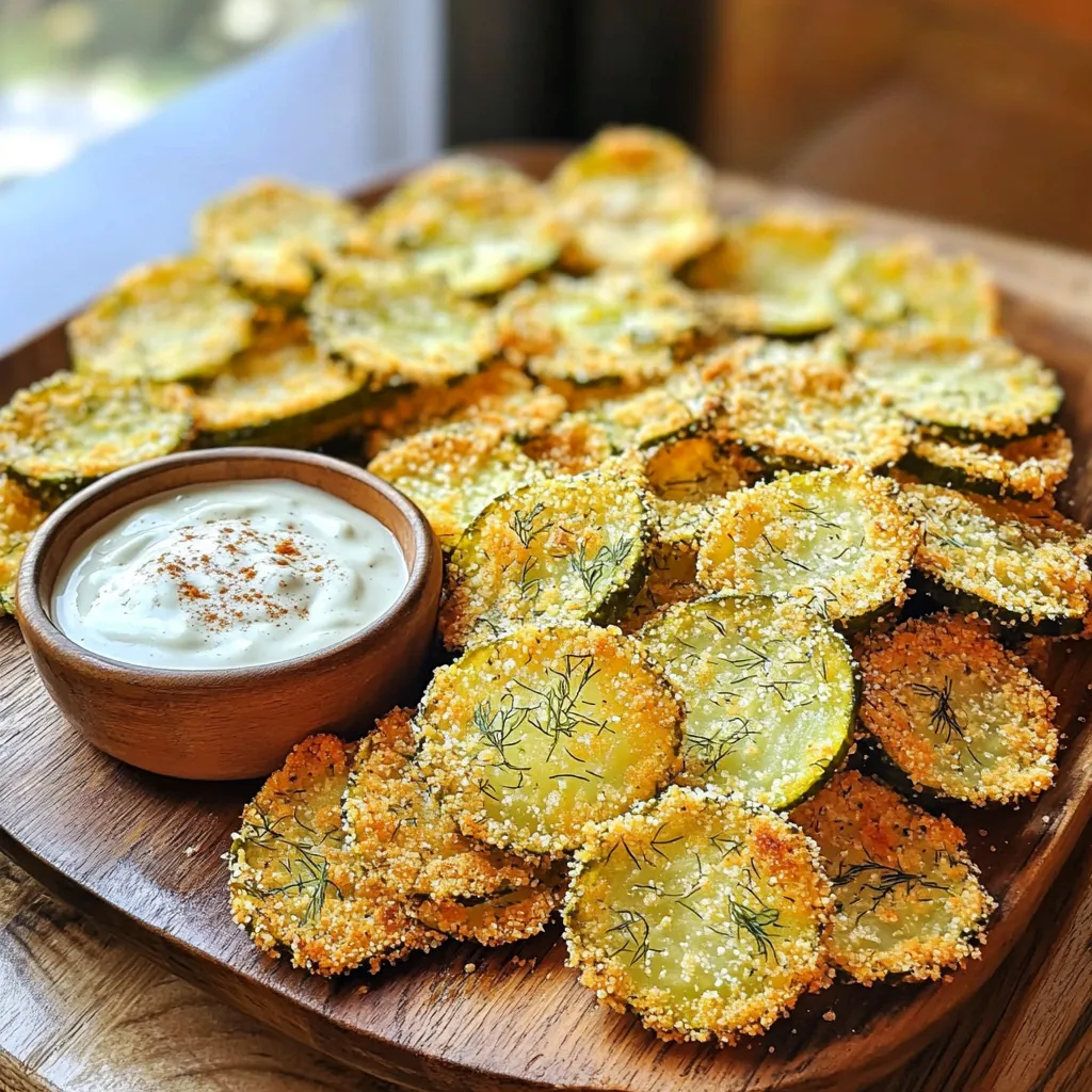 To make crispy air fryer dill pickle chips, you need a few simple ingredients. Here’s what you’ll need: - Dill pickles - All-purpose flour - Eggs - Panko breadcrumbs - Seasonings: garlic powder, onion powder, dried dill, paprika - Cooking spray - Salt and pepper to taste Each ingredient plays a key role in creating that perfect crunch and flavor. The dill pickles give you that classic tang. The flour helps the egg stick, while the panko breadcrumbs ensure a crispy outside. Seasonings add depth to the taste. This combination is easy to find in any store. You can even personalize it by adding your favorite spices or adjusting the salt level. Enjoy the process of gathering these items. The end result is well worth it! - First, preheat your air fryer to 400°F (200°C). This makes sure your chips cook right. - Next, set up your breading station with three bowls. Put flour in one bowl, beaten eggs in the second, and panko breadcrumbs mixed with spices in the third. - Take a pickle slice and coat it with flour. Shake off any extra flour. - Dip the floured pickle slice into the beaten eggs. Let any extra egg drip off. - Then, cover the pickle slice with the panko breadcrumb mixture. Press gently so it sticks well. - Place the coated pickle chips in a single layer in the air fryer. Don’t let them overlap. - Lightly spray the tops of the pickle chips with cooking spray. This helps them get extra crispy. - Air fry for 8-10 minutes. Flip them halfway through. Check them near the end to avoid burning. - Once done, take them out and let them cool on a wire rack. This keeps them crispy. - Serve warm with your favorite dipping sauce, like ranch or spicy mayo! To get those pickle chips extra crispy, use a good cooking spray. I recommend an oil spray that has a high smoke point. This helps the chips brown nicely. Preheat your air fryer to 400°F (200°C) before adding the chips. This step is key for crispiness. One big mistake is overlapping the pickle chips. This can cause uneven cooking and soggy spots. Always place the chips in a single layer in the air fryer. Another mistake is not watching the cooking time. Keep an eye on them, especially towards the end. You want them golden, not burnt. These pickle chips taste amazing with dipping sauces. Ranch dressing is a classic choice. If you like a kick, try spicy mayo. You can also pair these chips with burgers or sandwiches for a fun twist. They make a great side for any meal. {{image_2}} You can make your crispy dill pickle chips even more exciting! Here are two tasty ideas: - Spicy dill pickle chips: Add some heat! Mix cayenne pepper or chili powder into your breadcrumb mixture. This will give your chips a nice kick. - Parmesan herb coating: For a cheesy twist, add grated Parmesan cheese and Italian herbs to your breadcrumb mix. This adds a rich flavor and makes them super tasty. If you need a gluten-free version, it’s easy to modify the recipe: - Substituting with gluten-free flour: Swap the all-purpose flour for gluten-free flour. This will keep the coating light and crispy. - Using gluten-free breadcrumbs: Look for gluten-free panko breadcrumbs at the store. They work just as well to achieve that perfect crunch. Don’t limit yourself to just dill pickles! Try these other varieties: - Sweet pickles: For a sweeter flavor, use sweet pickle slices. They make a fun contrast with the crunchy coating. - Garlic dill pickles: If you love garlic, opt for garlic dill pickles. They add an extra layer of flavor that pairs well with the spices. To keep your crispy dill pickle chips fresh, use an airtight container. Glass or plastic containers work well. You can store the chips in the fridge for up to three days. After that, they may lose their crunch. If you want to enjoy your leftover chips, there are easy ways to reheat them. The best method is using the air fryer. Set the air fryer to 350°F (175°C) and cook for about 3-5 minutes. This keeps them crispy. You can also use the oven. Preheat the oven to 375°F (190°C). Spread the chips on a baking sheet and heat for about 5-7 minutes. This method works, but it may not be as crisp. If you want to freeze your pickle chips, place them in a single layer on a baking sheet first. Freeze them for about one hour. Once frozen, put the chips in a freezer bag. They can be frozen for up to three months. When you want to eat them, take the chips out and thaw them in the fridge overnight. Reheat them in the air fryer or oven as mentioned above. They may not be as crispy as fresh, but they still taste great! You can make these pickle chips lighter by using whole wheat flour or almond flour. You can also bake them instead of air frying, but this may change the texture. Use less oil when spraying for cooking. You can skip the breading entirely for a lower-carb option. Just lightly season the pickles before air frying. This keeps the crunch but cuts down on calories. Yes, you can try different pickles! Sweet pickles give a nice contrast, while spicy pickles add heat. You can even use garlic dill pickles for more flavor. Just make sure to slice them evenly. This helps them cook well in the air fryer. I love serving these with ranch dressing; it’s a classic choice. Spicy mayo adds a kick if you like heat. You might also enjoy honey mustard or tzatziki sauce. These dips complement the crispy texture and flavor of the pickle chips. Look for an air fryer with a good size basket. A larger basket lets you cook more pickle chips at once. Adjustable temperature settings are important, too, so you can get that perfect crisp. A model with a timer helps avoid overcooking. Read reviews to find one that cooks evenly and is easy to clean. This blog post covered how to make tasty air fryer pickle chips. We explored the ingredients you'll need and went through each preparation step. I shared tips for extra crispiness and usual mistakes to avoid. You learned about different flavor variations, storage tips, and reheating options. These pickle chips make a fun snack or appetizer. Try different pickles and dips to spice up this recipe. Enjoy your cooking!