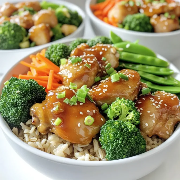 - 1 lb boneless, skinless chicken thighs - 1/4 cup honey - 1/4 cup low-sodium soy sauce - 3 cloves garlic, minced - 1 tablespoon fresh ginger, grated - 1 tablespoon olive oil - 2 cups cooked brown rice or quinoa - 1 cup broccoli florets - 1 cup carrots, julienned - 1 cup snap peas - 2 green onions, chopped - Sesame seeds for garnish - Salt and pepper to taste Gathering the right ingredients is key for this honey garlic chicken bowl. The chicken thighs are juicy and tender. They soak up the sweet and savory honey garlic sauce well. Honey adds a rich flavor, while soy sauce balances the sweetness. I use fresh garlic and ginger for a strong, bright taste. It gives the dish a nice kick that pairs well with the chicken. Olive oil helps cook the chicken evenly, ensuring a golden color. For the veggies, I love using broccoli, carrots, and snap peas. They add color and crunch. The green onions on top give a fresh taste. Sesame seeds add a nice touch, too. When choosing rice or quinoa, pick what you like best. Both are healthy options that work great with the chicken and veggies. Don’t forget to add salt and pepper to enhance all the flavors. First, grab a medium bowl. Add 1/4 cup honey, 1/4 cup low-sodium soy sauce, 3 minced garlic cloves, and 1 tablespoon grated ginger. Whisk them together until smooth. This sweet and savory sauce will bring your dish to life. Next, heat 1 tablespoon of olive oil in a large skillet over medium-high heat. While it heats, season 1 pound of boneless, skinless chicken thighs with salt and pepper. Once the oil is hot, add the chicken pieces. Cook for about 5 to 7 minutes until they turn golden brown. Make sure they are cooked through. Now, pour the honey garlic sauce over the chicken in the skillet. Stir well to coat all the pieces evenly. Let the sauce simmer for about 3 to 4 minutes. This allows it to thicken slightly. Meanwhile, steam 1 cup each of broccoli florets, julienned carrots, and snap peas in a separate pot for about 5 minutes until they are tender-crisp. In your serving bowls, place a scoop of cooked brown rice or quinoa. Top with the honey garlic chicken and the steamed vegetables. Finally, garnish with chopped green onions and a sprinkle of sesame seeds for that extra flair. Enjoy your tasty creation! To get tender and juicy chicken thighs, use boneless, skinless cuts. Start by cutting them into bite-sized pieces. This helps them cook evenly. Season the chicken with salt and pepper before adding it to the hot skillet. Cooking it on medium-high heat gives a nice golden color. Make sure to stir it often. Cook the chicken for about 5-7 minutes. This ensures it cooks through and stays juicy. The sauce should be thick yet pourable. To achieve this, let the sauce simmer after adding it to the cooked chicken. This will help it coat the chicken well. If you find it too thin, let it simmer a bit longer. If it's too thick, add a splash of water or more soy sauce. A good sauce should cling to the chicken and not run off. Steaming vegetables keeps them bright and crunchy. Use a steamer basket or a pot with a lid. Add a bit of water to the pot, but make sure not to submerge the veggies. Steam broccoli, carrots, and snap peas for about 5 minutes. You want them tender-crisp. This method locks in their color and nutrients, making your dish even more appealing. {{image_2}} You can switch the chicken for tofu or shrimp. Tofu absorbs flavors well and adds a nice texture. Use firm tofu and press it to remove extra water. Cube it, then cook it like chicken. For shrimp, use peeled and deveined shrimp. Cook the shrimp until they turn pink and opaque. Both options offer a tasty way to enjoy this dish. If you want a twist, try honey garlic noodle bowls. Use cooked noodles instead of rice. Lo mein or rice noodles work great. Toss the noodles with the sauce before adding the chicken and veggies. This change gives you a fun, slurpy meal that’s easy to eat and full of flavor. For those who like heat, add spicy elements to your dish. You can mix in red pepper flakes or sriracha into the honey garlic sauce. Another option is to serve the meal with sliced jalapeños on top. This kick adds depth and excitement to each bite. Adjust the spice level to suit your taste buds for the perfect balance. To keep your honey garlic chicken bowls fresh, store leftovers in airtight containers. Let the dish cool down to room temperature before sealing. Place the containers in the fridge. This way, your meal stays tasty for up to three days. When reheating, use the microwave for quick warming. Place the bowl in the microwave, cover it with a damp paper towel, and heat for one to two minutes. Stir halfway to ensure even warming. Alternatively, you can use a skillet on low heat. This method helps keep the chicken juicy and the veggies crisp. To freeze, portion the chicken bowls into freezer-safe containers. Leave some space at the top of the container for expansion. Label the containers with the date. You can freeze them for up to three months. When ready to eat, thaw overnight in the fridge. Then, reheat using one of the methods above for best results. You can serve honey garlic chicken bowls with several tasty sides. I love pairing them with: - Steamed rice - Quinoa - Noodles - Fresh salad - Extra vegetables These sides add flavor and texture to your meal. You can even mix in some crunchy nuts or seeds for a fun twist. You can keep honey garlic chicken in the fridge for about 3 to 4 days. Make sure to store it in an airtight container. This helps keep it fresh and safe to eat. Yes, you can prepare honey garlic chicken bowls in advance. You can cook the chicken and veggies ahead of time. Just store them separately from the rice or quinoa. When you are ready to eat, heat them up and serve. This method saves time on busy weeknights and ensures a quick, delicious meal! In this post, I shared a simple recipe for honey garlic chicken bowls. We covered the main ingredients, step-by-step cooking instructions, and tips for perfecting each part of the dish. You learned about protein options and how to store leftovers. This meal is easy to make and packed with flavor. You can enjoy it fresh or save leftovers for later. Experiment with different proteins or spices to make it your own. Enjoy cooking and sharing this delicious meal!