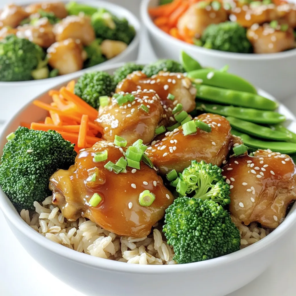 - 1 lb boneless, skinless chicken thighs - 1/4 cup honey - 1/4 cup low-sodium soy sauce - 3 cloves garlic, minced - 1 tablespoon fresh ginger, grated - 1 tablespoon olive oil - 2 cups cooked brown rice or quinoa - 1 cup broccoli florets - 1 cup carrots, julienned - 1 cup snap peas - 2 green onions, chopped - Sesame seeds for garnish - Salt and pepper to taste Gathering the right ingredients is key for this honey garlic chicken bowl. The chicken thighs are juicy and tender. They soak up the sweet and savory honey garlic sauce well. Honey adds a rich flavor, while soy sauce balances the sweetness. I use fresh garlic and ginger for a strong, bright taste. It gives the dish a nice kick that pairs well with the chicken. Olive oil helps cook the chicken evenly, ensuring a golden color. For the veggies, I love using broccoli, carrots, and snap peas. They add color and crunch. The green onions on top give a fresh taste. Sesame seeds add a nice touch, too. When choosing rice or quinoa, pick what you like best. Both are healthy options that work great with the chicken and veggies. Don’t forget to add salt and pepper to enhance all the flavors. First, grab a medium bowl. Add 1/4 cup honey, 1/4 cup low-sodium soy sauce, 3 minced garlic cloves, and 1 tablespoon grated ginger. Whisk them together until smooth. This sweet and savory sauce will bring your dish to life. Next, heat 1 tablespoon of olive oil in a large skillet over medium-high heat. While it heats, season 1 pound of boneless, skinless chicken thighs with salt and pepper. Once the oil is hot, add the chicken pieces. Cook for about 5 to 7 minutes until they turn golden brown. Make sure they are cooked through. Now, pour the honey garlic sauce over the chicken in the skillet. Stir well to coat all the pieces evenly. Let the sauce simmer for about 3 to 4 minutes. This allows it to thicken slightly. Meanwhile, steam 1 cup each of broccoli florets, julienned carrots, and snap peas in a separate pot for about 5 minutes until they are tender-crisp. In your serving bowls, place a scoop of cooked brown rice or quinoa. Top with the honey garlic chicken and the steamed vegetables. Finally, garnish with chopped green onions and a sprinkle of sesame seeds for that extra flair. Enjoy your tasty creation! To get tender and juicy chicken thighs, use boneless, skinless cuts. Start by cutting them into bite-sized pieces. This helps them cook evenly. Season the chicken with salt and pepper before adding it to the hot skillet. Cooking it on medium-high heat gives a nice golden color. Make sure to stir it often. Cook the chicken for about 5-7 minutes. This ensures it cooks through and stays juicy. The sauce should be thick yet pourable. To achieve this, let the sauce simmer after adding it to the cooked chicken. This will help it coat the chicken well. If you find it too thin, let it simmer a bit longer. If it's too thick, add a splash of water or more soy sauce. A good sauce should cling to the chicken and not run off. Steaming vegetables keeps them bright and crunchy. Use a steamer basket or a pot with a lid. Add a bit of water to the pot, but make sure not to submerge the veggies. Steam broccoli, carrots, and snap peas for about 5 minutes. You want them tender-crisp. This method locks in their color and nutrients, making your dish even more appealing. {{image_2}} You can switch the chicken for tofu or shrimp. Tofu absorbs flavors well and adds a nice texture. Use firm tofu and press it to remove extra water. Cube it, then cook it like chicken. For shrimp, use peeled and deveined shrimp. Cook the shrimp until they turn pink and opaque. Both options offer a tasty way to enjoy this dish. If you want a twist, try honey garlic noodle bowls. Use cooked noodles instead of rice. Lo mein or rice noodles work great. Toss the noodles with the sauce before adding the chicken and veggies. This change gives you a fun, slurpy meal that’s easy to eat and full of flavor. For those who like heat, add spicy elements to your dish. You can mix in red pepper flakes or sriracha into the honey garlic sauce. Another option is to serve the meal with sliced jalapeños on top. This kick adds depth and excitement to each bite. Adjust the spice level to suit your taste buds for the perfect balance. To keep your honey garlic chicken bowls fresh, store leftovers in airtight containers. Let the dish cool down to room temperature before sealing. Place the containers in the fridge. This way, your meal stays tasty for up to three days. When reheating, use the microwave for quick warming. Place the bowl in the microwave, cover it with a damp paper towel, and heat for one to two minutes. Stir halfway to ensure even warming. Alternatively, you can use a skillet on low heat. This method helps keep the chicken juicy and the veggies crisp. To freeze, portion the chicken bowls into freezer-safe containers. Leave some space at the top of the container for expansion. Label the containers with the date. You can freeze them for up to three months. When ready to eat, thaw overnight in the fridge. Then, reheat using one of the methods above for best results. You can serve honey garlic chicken bowls with several tasty sides. I love pairing them with: - Steamed rice - Quinoa - Noodles - Fresh salad - Extra vegetables These sides add flavor and texture to your meal. You can even mix in some crunchy nuts or seeds for a fun twist. You can keep honey garlic chicken in the fridge for about 3 to 4 days. Make sure to store it in an airtight container. This helps keep it fresh and safe to eat. Yes, you can prepare honey garlic chicken bowls in advance. You can cook the chicken and veggies ahead of time. Just store them separately from the rice or quinoa. When you are ready to eat, heat them up and serve. This method saves time on busy weeknights and ensures a quick, delicious meal! In this post, I shared a simple recipe for honey garlic chicken bowls. We covered the main ingredients, step-by-step cooking instructions, and tips for perfecting each part of the dish. You learned about protein options and how to store leftovers. This meal is easy to make and packed with flavor. You can enjoy it fresh or save leftovers for later. Experiment with different proteins or spices to make it your own. Enjoy cooking and sharing this delicious meal!