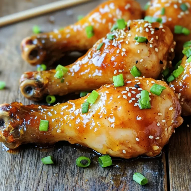 - 8 chicken drumsticks - 1/2 cup honey - 1/4 cup soy sauce (low sodium preferred) - 4 cloves garlic, minced - 1 tablespoon fresh ginger, grated - 1 tablespoon apple cider vinegar - 1 teaspoon sesame oil - 1 tablespoon cornstarch (for thickening) - 2 green onions, chopped (for garnish) - Sesame seeds (for garnish) The main ingredients for this dish shine with flavor. Chicken drumsticks bring juicy meat and crispy skin. Honey adds natural sweetness, while low-sodium soy sauce gives a savory touch. For extra zing, garlic and fresh ginger are key. They bring warmth and depth to the marinade. Apple cider vinegar adds a hint of tang, balancing the sweetness. Sesame oil gives a nutty note, making the sauce even richer. If you want a thicker sauce, cornstarch works great. Just mix it with cold water first. Green onions and sesame seeds make simple garnishes. They add color and a fresh crunch to your dish. Gather these ingredients, and you’re ready to create a delightful meal. To start, you need to make the marinade. In a mixing bowl, add: - 1/2 cup honey - 1/4 cup low sodium soy sauce - 4 cloves minced garlic - 1 tablespoon grated fresh ginger - 1 tablespoon apple cider vinegar - 1 teaspoon sesame oil - Salt and pepper to taste Whisk all these ingredients together until they blend into a smooth mixture. You can taste it and adjust the flavors. Want more sweetness? Add honey. Need more salt? Toss in a bit more soy sauce. Next, let’s prepare the chicken drumsticks. First, pat them dry with paper towels. This step is key. A dry surface helps the skin get crispy. Now, sprinkle a little salt and pepper on the chicken. This simple seasoning lets the flavor shine through. Now, you’re ready to cook. Place the drumsticks in the slow cooker. Pour the honey garlic marinade over them, covering each piece well. You can choose to cook on low for 4-6 hours or on high for 2-3 hours. Either way, keep an eye on the internal temperature. It should reach at least 165°F (74°C). This step ensures your chicken is safe and tender. If you like a thicker sauce, after cooking, remove the drumsticks. Pour the sauce into a saucepan. Mix 1 tablespoon of cornstarch with 2 tablespoons of cold water in a small bowl. Stir this slurry into the sauce over medium heat. Cook until the sauce thickens, about 3-5 minutes. Once thickened, you can return the chicken to the slow cooker to coat it in the sauce. Enjoy your delicious creation! Marinating Time Recommendations Marinating is key for great flavor. I suggest marinating the drumsticks for at least 30 minutes. For best results, marinate them for a few hours or overnight. This way, the honey and garlic will soak in deeply. Avoiding Overcrowding in the Slow Cooker Do not crowd the drumsticks in the slow cooker. Give them space to cook evenly. If needed, cook in two batches. This helps each piece get tender and juicy. How to Use Cornstarch Slurry If you want a thicker sauce, use cornstarch. Mix 1 tablespoon of cornstarch with 2 tablespoons of cold water. Stir it into the sauce when done cooking. Heat it for about 3-5 minutes until it thickens. Alternative Ways to Thicken Sauce You can also thicken the sauce by simmering it longer. Just remove the lid and cook it down. This method intensifies the flavors too. Pairing with Side Dishes Serve these drumsticks with rice or steamed veggies. They go well with a fresh salad too. Try pairing with some warm bread for a complete meal. Presentation Ideas For a nice touch, sprinkle green onions and sesame seeds on top. This adds color and a bit of crunch. Arrange the drumsticks neatly on a platter for a great look. {{image_2}} Alternative Sweeteners You can swap honey for maple syrup or agave nectar. Both add sweetness but change the flavor a bit. Try using brown sugar for a richer taste. Just mix it well with the other ingredients. Gluten-Free Options For gluten-free dishes, use tamari instead of soy sauce. This will keep the flavor while making the dish safe for those with gluten issues. Always check labels to ensure no hidden gluten. Adding Spices or Herbs Want to spice things up? Add chili flakes or smoked paprika for a kick. Fresh herbs like cilantro or basil can bring freshness. Experiment with your favorites to make it unique. Heat Levels: Sweet vs. Spicy You can balance sweet and spicy by adding hot sauce. Adjust the amount based on your taste. Try sweet chili sauce for a milder heat that keeps the sweetness. Instant Pot or Stovetop Methods You can use an Instant Pot if you need it done fast. Cook on high pressure for about 15 minutes. For stovetop, brown the drumsticks first, then simmer in the marinade until cooked through. Using Different Cuts of Chicken If you don’t have drumsticks, use thighs or breasts. Cook time may vary, so check for doneness. Remember, the sauce will still be tasty with any cut you choose! How long does your honey garlic chicken last in the fridge? It stays fresh for about 3 to 4 days. Make sure you store it in an airtight container. This keeps the moisture in and prevents nasty odors from other foods. For proper storage, I recommend using glass or plastic containers with tight lids. These help keep flavors locked in. You can also use resealable bags. Just squeeze out as much air as you can before sealing. Want to save some for later? You can freeze the leftovers! Place the chicken in a freezer-safe container. It will stay good for about 2 to 3 months in the freezer. When you're ready to eat it, thaw the chicken in the fridge overnight. If you’re in a hurry, you can use the microwave. Just be careful to not cook it while thawing. What can you do with leftover chicken? You can shred it and use it in tacos or salads. It adds a sweet and savory flavor that everyone loves. For meal prep, use it in wraps or stir-fries. You can mix it with rice and veggies for a quick lunch. The options are endless. Enjoy your tasty creations! Yes, you can use frozen chicken drumsticks in this recipe. However, you must thaw them safely before cooking. The best way is to move them to the fridge overnight. If you need them thawed quickly, you can use cold water. Just place the drumsticks in a sealed bag and submerge them in cold water for about an hour. When using frozen chicken, you must adjust the cooking time. If you cook them from frozen, add an extra hour on low or about 30 minutes on high. Always check the internal temperature to ensure safety. To check if the chicken is done, use a meat thermometer. The internal temperature should reach 165°F (74°C). This ensures that harmful bacteria are gone. Look for other signs too. The meat should be tender and pull away from the bone easily. When you cut into it, the juices should run clear, not pink. If you need a soy sauce substitute, try coconut aminos or tamari. Both options work well for different diets. Coconut aminos is a great choice for a soy-free option, while tamari is gluten-free. When you swap out soy sauce, adjust the flavors. Coconut aminos is sweeter, so you might want to cut back on honey a bit. Always taste as you go! You now have a full guide to making delicious chicken drumsticks. We covered ingredients, step-by-step instructions, and tips for perfecting flavor and texture. You learned how to customize the recipe with variations and how to store any leftovers safely. Cooking should be fun and simple. Enjoy trying out these ideas in your kitchen. I hope you feel confident making this dish your own!