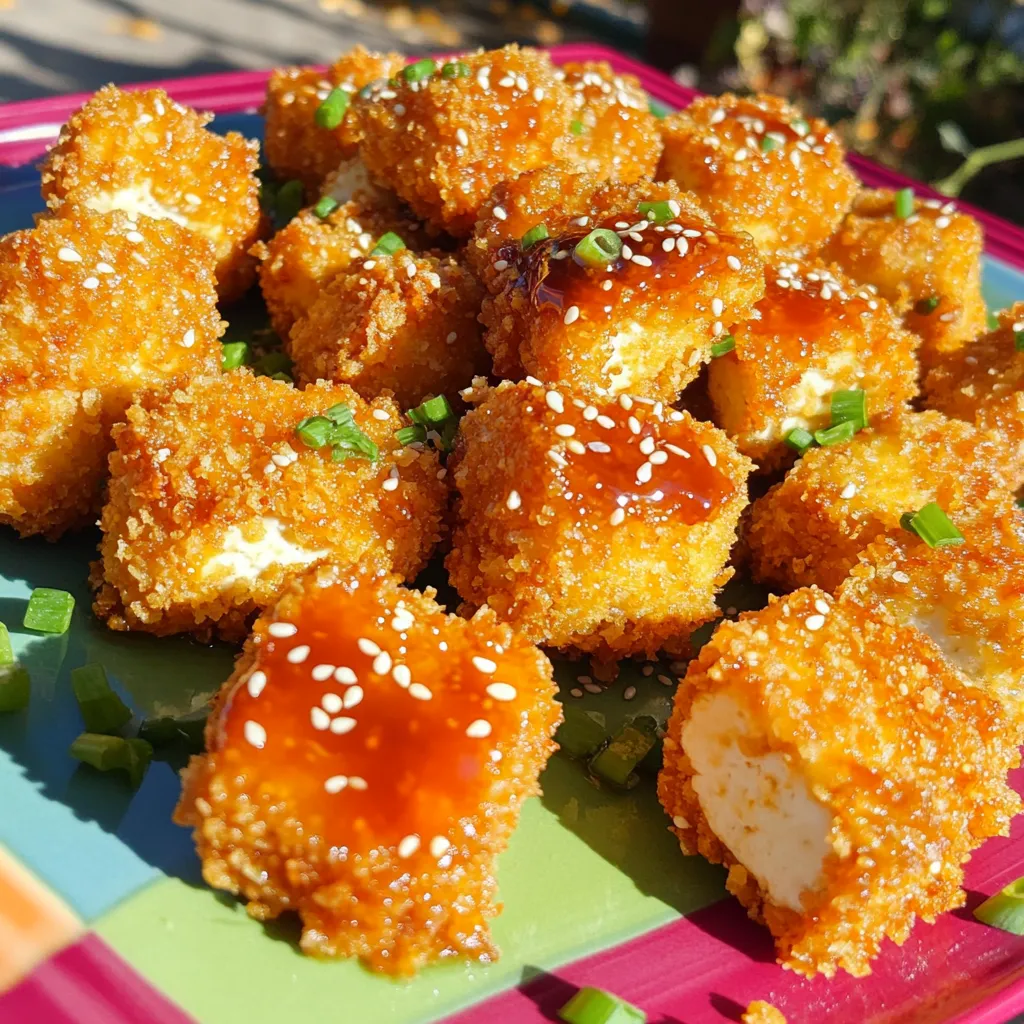 - 14 oz firm tofu, pressed and drained - 1/4 cup cornstarch - 1/4 cup breadcrumbs (panko for extra crunch) - 2 tablespoons honey - 2 tablespoons sriracha sauce - 1 tablespoon soy sauce - 1 teaspoon garlic powder - 1 teaspoon onion powder - Salt and pepper to taste - Cooking spray For this recipe, I choose firm tofu as the base. This type holds its shape well. Pressing and draining the tofu helps remove excess water. This makes it crispier when cooked. Next, I mix honey and sriracha sauce. The honey adds sweetness, while the sriracha brings heat. Together, they create a balanced flavor. I also add soy sauce for depth and garlic and onion powders for more taste. Salt and pepper give a nice finishing touch. I coat the tofu nuggets with cornstarch and breadcrumbs. The cornstarch helps the breading stick. Panko breadcrumbs give a crunch that I love. - Sesame seeds - Chopped green onions For serving, I like to sprinkle sesame seeds on top. They add a nutty crunch. Chopped green onions brighten up the dish with color and flavor. These ingredients make each bite of the tofu nuggets exciting. Whether you enjoy them as a snack or a meal, they will satisfy your taste buds. Cut the pressed tofu into bite-sized nuggets. Aim for pieces about 1 inch each. This size helps them cook evenly. Next, make the marinade. In a bowl, mix honey, sriracha, soy sauce, garlic powder, onion powder, salt, and pepper. This blend adds sweet and spicy flavors. Add the tofu nuggets to this mix. Gently toss to coat all sides. Let them marinate for at least 15 minutes. For better flavor, try to marinate them longer. Now, set up your breading station. Place cornstarch in one bowl, the marinated tofu in a second bowl, and breadcrumbs in a third. This setup makes coating easy. To coat a nugget, first dip it in cornstarch. Then, return it to the marinade. Finally, coat it in breadcrumbs. This method gives you a crispy texture when cooked. Preheat your air fryer to 375°F (190°C). This step ensures even cooking. Once heated, take each breaded tofu nugget and place it in the air fryer basket. Make sure to leave space between them. This helps them crisp up. Lightly spray them with cooking spray for extra crunch. Cook the nuggets for 15 minutes, flipping them halfway through. They should turn golden brown and crispy. After cooking, let them cool a bit before serving. - Pressing tofu tips: Start by using firm tofu. Wrap it in a clean towel. Place a heavy object on top. Let it sit for at least 15 minutes. This step removes excess water, helping the tofu absorb flavors better. - Marination time for maximum flavor: To get the best taste, let the tofu marinate for at least 15 minutes. If you can, aim for 30 minutes or more. The longer the tofu sits in the marinade, the more flavor it picks up. - Cooking spray usage: A light spray of cooking oil helps the nuggets crisp up. Spray them right before cooking. This step can make a big difference in texture. - Air fryer placement and arrangement: Arrange the tofu nuggets in a single layer. Leave space between them. This allows hot air to circulate around each nugget. Flip them halfway through cooking for even crispiness. {{image_2}} You can play with flavors in many ways. For a different twist, try using BBQ sauce instead of honey and sriracha. It gives a sweet and smoky taste that pairs well with tofu. If you like heat, add cayenne pepper to your marinade. Just a pinch can give your nuggets a nice kick. You can also mix in spices like smoked paprika or cumin. These will add depth and warmth to your dish. Feel free to experiment with different sauces. Each one brings its own fun flavor to the tofu. How you serve your nuggets can make a big difference. Try pairing them with some tasty dips. A cool ranch or a spicy aioli works well. Serve them with fresh veggies on the side for a crunchy contrast. For a beautiful plate, use a vibrant platter. Drizzle extra honey sriracha sauce over the nuggets. Sprinkle sesame seeds on top for a nice texture. Chopped green onions also add a pop of color. This simple touch makes your dish look more appealing and fancy. Enjoy your meal! To keep your Air Fryer Honey Sriracha Tofu Nuggets fresh, follow these tips: - Refrigeration: Place the cooled tofu nuggets in an airtight container. They will stay good for about 3 to 4 days. This helps keep the nuggets from drying out. - Freezing options: For longer storage, you can freeze the nuggets. First, let them cool completely. Then, place them in a single layer on a baking sheet. Freeze for a couple of hours until solid. After that, transfer them to a freezer-safe bag or container. They can last up to 3 months in the freezer. To enjoy your tofu nuggets again, follow these best methods: - Air fryer: Preheat your air fryer to 375°F (190°C). Place the nuggets in the basket and heat for about 5 to 7 minutes. This keeps them crispy. - Oven: Preheat your oven to 375°F (190°C). Spread the nuggets on a baking sheet. Bake for 10 to 15 minutes until heated through. These methods help restore the crispiness and flavor of your tofu nuggets. Enjoy them just like they were fresh! Yes, you can use extra firm tofu. It will give your nuggets a nice texture. Extra firm tofu has less water, which helps it hold its shape well. Just remember to press it first to remove any extra moisture. I recommend marinating the tofu for at least 15 minutes. For the best taste, let it sit longer, up to an hour. This gives the tofu time to soak up all the flavors from the marinade. If you need a honey substitute, try maple syrup or agave nectar. Both options add sweetness and work well with sriracha. Adjust the amount to taste, as they may vary in sweetness. This blog post covered how to make tasty air-fried tofu nuggets. We explored key ingredients, like firm tofu, honey, and sriracha. I shared step-by-step instructions for preparing, breading, and cooking the tofu. You learned tips for perfecting crispiness and variations to change flavors. Finally, I detailed storage and reheating methods to enjoy leftovers. Tofu nuggets are easy to make and customize. Enjoy experimenting with flavors and serving ideas!
