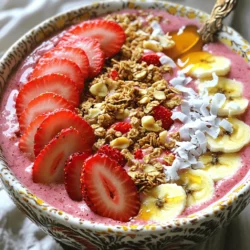 To make the Strawberry Shortcake Smoothie Bowl, you'll need these simple ingredients: - 1 ½ cups frozen strawberries - 1 banana, sliced - 1 cup unsweetened almond milk - 1 scoop vanilla protein powder - ¼ teaspoon vanilla extract - 2 tablespoons almond butter - Topping options: sliced fresh strawberries, granola, crushed nuts, shredded coconut, drizzle of honey These ingredients are easy to find. You can swap almond milk for any milk you like. The frozen strawberries give the bowl a nice chill. The banana adds creaminess. Protein powder boosts the nutrition. Almond butter brings a tasty nutty flavor. You can mix and match toppings to your liking. Each topping adds color and crunch, making your bowl look great! First, gather all the base ingredients. You'll need: - 1 ½ cups frozen strawberries - 1 banana, sliced - 1 cup unsweetened almond milk - 1 scoop vanilla protein powder - ¼ teaspoon vanilla extract - 2 tablespoons almond butter Place these in a blender. Blend on high until smooth and creamy. If you want it thinner, add more almond milk. Next, pour the smooth mixture into a bowl. This is where the fun begins! Artfully arrange your toppings. Start with sliced fresh strawberries. Then sprinkle some granola, crushed nuts, and shredded coconut. A drizzle of honey adds a sweet touch. To make your bowl even better, serve it in a chilled bowl. This keeps your smoothie cool and refreshing. Use a decorative spoon for a fun twist. You can also add a small sprig of mint on top for color. Enjoy your Strawberry Shortcake Smoothie Bowl right away! To get the right smoothie texture, you can adjust your ingredients. If you want it thicker, add less almond milk. For a thinner smoothie, pour in a bit more almond milk. Use frozen strawberries for a creamy base. They blend well and keep your smoothie cold. When blending frozen fruits, start slow. This helps break them down. Gradually increase the speed until smooth. A high-speed blender works best. If you notice clumps, stop and scrape the sides. Blend a bit longer until everything is mixed well. For more flavor, try adding spices or extracts. A pinch of cinnamon can elevate the taste. A dash of nutmeg adds warmth, too. You can also experiment with different extracts. Almond or coconut extracts can give your smoothie bowl a unique twist. Choosing the right nut butter matters for taste. Almond butter brings a mild, sweet flavor. Peanut butter has a rich, nutty taste. Cashew butter is creamy and smooth. Pick one that fits your flavor cravings. Each ingredient in your smoothie bowl has health benefits. Frozen strawberries are packed with vitamin C and antioxidants. They help boost your immune system. Bananas provide potassium and fiber, aiding digestion. Almond milk is low in calories and dairy-free. It’s a great choice for many diets. The scoop of protein powder adds protein, which helps build muscle. Almond butter also contributes protein and healthy fats. Together, they make this smoothie bowl a nutritious delight. {{image_2}} You can use many protein sources for your smoothie bowl. Here are some great options: - Pea protein powder - Brown rice protein powder - Hemp protein powder These plant-based proteins work well in your bowl. They give you energy and taste great. If you prefer whey protein, that works too. Choose what suits your diet best. Toppings make your smoothie bowl fun! Here are some tasty ideas: - Blueberries or raspberries - Chopped walnuts or almonds - Sunflower seeds or pumpkin seeds These add crunch and flavor. If you need a swap for granola, try oats or chia seeds. They keep it healthy and yummy. To keep your bowl fully vegan, use these tips: - Choose coconut milk or soy milk instead of almond milk. - Swap almond butter for sunflower seed butter or tahini. These options keep your smoothie bowl creamy and rich. They work well with the other flavors too. Enjoy your creation while sticking to your dietary needs! You can meal prep smoothie bowls easily. Prepare your base mix ahead of time. Blend the frozen strawberries, banana, almond milk, protein powder, vanilla extract, and almond butter. Store this mix in an airtight container. Keep it in the fridge for up to two days. When you’re ready to eat, pour it into a bowl and add your toppings. Optimal storage conditions matter. Use glass containers for best results. They keep the flavors fresh. Avoid plastic, as it can absorb odors. To store leftovers, place them in a sealed container. Refrigerate for up to two days. The smoothie may thicken in the fridge. Just add a splash of almond milk when you’re ready to enjoy it again. For freezing, pour the smoothie into ice cube trays. Once frozen, transfer cubes to a freezer bag. This method makes it easy to blend later. Just toss a few cubes into your blender with some fresh almond milk for a quick treat. Yes, you can make this smoothie bowl without protein powder. You can use Greek yogurt or silken tofu for extra protein. Both options blend well and keep the creamy texture. You can also add nuts or seeds, like chia or hemp, for protein boosts. This way, you still enjoy a tasty and healthy bowl. To lower the calories, you can change some ingredients. First, use less almond butter or skip it. This change cuts some fat and calories. You can also use a low-calorie sweetener instead of honey. If you want to reduce sugars, choose a sugar-free almond milk. These small changes help keep flavor while lowering calories. If you need a substitute for almond butter, you have many choices. Here are some great options: - Peanut butter - Cashew butter - Sunflower seed butter - Pumpkin seed butter - Tahini All these nut and seed butters give creamy texture and flavor. Choose one that fits your taste or allergy needs. In this article, we explored how to create a delicious smoothie bowl. We looked at the key ingredients, step-by-step instructions, and tips for perfecting texture and flavor. Remember, you can customize your bowl with various toppings and protein sources. Always feel free to adapt the recipe to fit your taste and dietary needs. With a little planning, you can enjoy a healthy treat anytime. Get creative, have fun, and enjoy your smoothie bowl experience!
