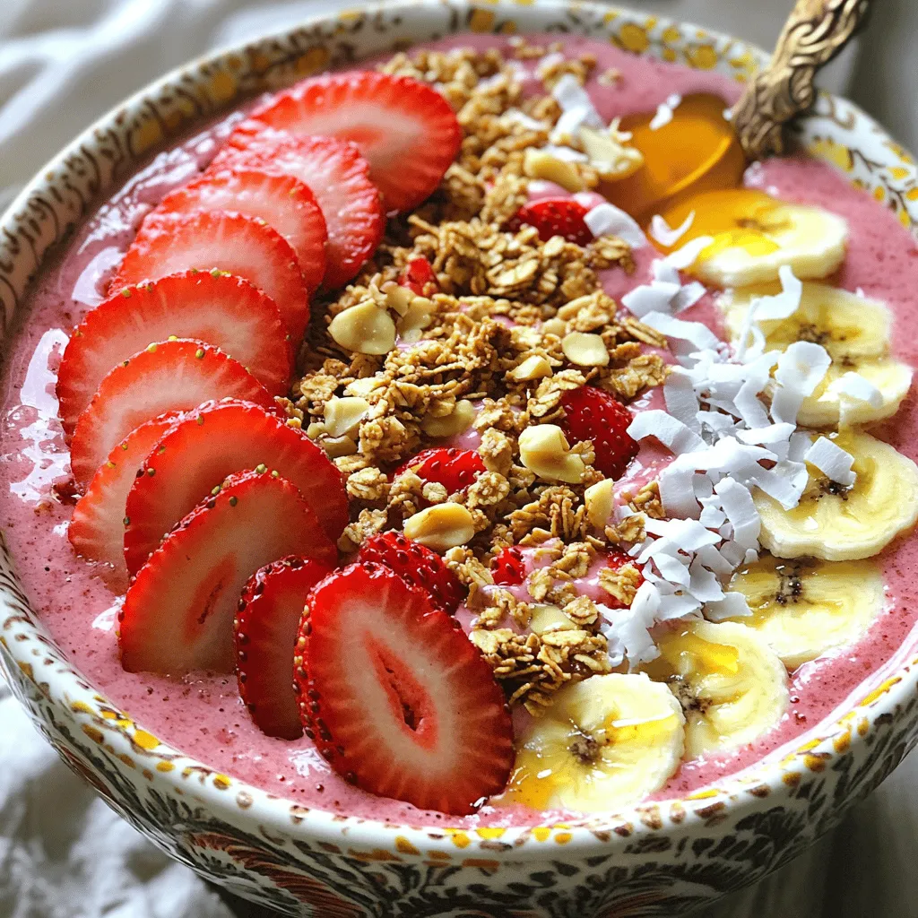 To make the Strawberry Shortcake Smoothie Bowl, you'll need these simple ingredients: - 1 ½ cups frozen strawberries - 1 banana, sliced - 1 cup unsweetened almond milk - 1 scoop vanilla protein powder - ¼ teaspoon vanilla extract - 2 tablespoons almond butter - Topping options: sliced fresh strawberries, granola, crushed nuts, shredded coconut, drizzle of honey These ingredients are easy to find. You can swap almond milk for any milk you like. The frozen strawberries give the bowl a nice chill. The banana adds creaminess. Protein powder boosts the nutrition. Almond butter brings a tasty nutty flavor. You can mix and match toppings to your liking. Each topping adds color and crunch, making your bowl look great! First, gather all the base ingredients. You'll need: - 1 ½ cups frozen strawberries - 1 banana, sliced - 1 cup unsweetened almond milk - 1 scoop vanilla protein powder - ¼ teaspoon vanilla extract - 2 tablespoons almond butter Place these in a blender. Blend on high until smooth and creamy. If you want it thinner, add more almond milk. Next, pour the smooth mixture into a bowl. This is where the fun begins! Artfully arrange your toppings. Start with sliced fresh strawberries. Then sprinkle some granola, crushed nuts, and shredded coconut. A drizzle of honey adds a sweet touch. To make your bowl even better, serve it in a chilled bowl. This keeps your smoothie cool and refreshing. Use a decorative spoon for a fun twist. You can also add a small sprig of mint on top for color. Enjoy your Strawberry Shortcake Smoothie Bowl right away! To get the right smoothie texture, you can adjust your ingredients. If you want it thicker, add less almond milk. For a thinner smoothie, pour in a bit more almond milk. Use frozen strawberries for a creamy base. They blend well and keep your smoothie cold. When blending frozen fruits, start slow. This helps break them down. Gradually increase the speed until smooth. A high-speed blender works best. If you notice clumps, stop and scrape the sides. Blend a bit longer until everything is mixed well. For more flavor, try adding spices or extracts. A pinch of cinnamon can elevate the taste. A dash of nutmeg adds warmth, too. You can also experiment with different extracts. Almond or coconut extracts can give your smoothie bowl a unique twist. Choosing the right nut butter matters for taste. Almond butter brings a mild, sweet flavor. Peanut butter has a rich, nutty taste. Cashew butter is creamy and smooth. Pick one that fits your flavor cravings. Each ingredient in your smoothie bowl has health benefits. Frozen strawberries are packed with vitamin C and antioxidants. They help boost your immune system. Bananas provide potassium and fiber, aiding digestion. Almond milk is low in calories and dairy-free. It’s a great choice for many diets. The scoop of protein powder adds protein, which helps build muscle. Almond butter also contributes protein and healthy fats. Together, they make this smoothie bowl a nutritious delight. {{image_2}} You can use many protein sources for your smoothie bowl. Here are some great options: - Pea protein powder - Brown rice protein powder - Hemp protein powder These plant-based proteins work well in your bowl. They give you energy and taste great. If you prefer whey protein, that works too. Choose what suits your diet best. Toppings make your smoothie bowl fun! Here are some tasty ideas: - Blueberries or raspberries - Chopped walnuts or almonds - Sunflower seeds or pumpkin seeds These add crunch and flavor. If you need a swap for granola, try oats or chia seeds. They keep it healthy and yummy. To keep your bowl fully vegan, use these tips: - Choose coconut milk or soy milk instead of almond milk. - Swap almond butter for sunflower seed butter or tahini. These options keep your smoothie bowl creamy and rich. They work well with the other flavors too. Enjoy your creation while sticking to your dietary needs! You can meal prep smoothie bowls easily. Prepare your base mix ahead of time. Blend the frozen strawberries, banana, almond milk, protein powder, vanilla extract, and almond butter. Store this mix in an airtight container. Keep it in the fridge for up to two days. When you’re ready to eat, pour it into a bowl and add your toppings. Optimal storage conditions matter. Use glass containers for best results. They keep the flavors fresh. Avoid plastic, as it can absorb odors. To store leftovers, place them in a sealed container. Refrigerate for up to two days. The smoothie may thicken in the fridge. Just add a splash of almond milk when you’re ready to enjoy it again. For freezing, pour the smoothie into ice cube trays. Once frozen, transfer cubes to a freezer bag. This method makes it easy to blend later. Just toss a few cubes into your blender with some fresh almond milk for a quick treat. Yes, you can make this smoothie bowl without protein powder. You can use Greek yogurt or silken tofu for extra protein. Both options blend well and keep the creamy texture. You can also add nuts or seeds, like chia or hemp, for protein boosts. This way, you still enjoy a tasty and healthy bowl. To lower the calories, you can change some ingredients. First, use less almond butter or skip it. This change cuts some fat and calories. You can also use a low-calorie sweetener instead of honey. If you want to reduce sugars, choose a sugar-free almond milk. These small changes help keep flavor while lowering calories. If you need a substitute for almond butter, you have many choices. Here are some great options: - Peanut butter - Cashew butter - Sunflower seed butter - Pumpkin seed butter - Tahini All these nut and seed butters give creamy texture and flavor. Choose one that fits your taste or allergy needs. In this article, we explored how to create a delicious smoothie bowl. We looked at the key ingredients, step-by-step instructions, and tips for perfecting texture and flavor. Remember, you can customize your bowl with various toppings and protein sources. Always feel free to adapt the recipe to fit your taste and dietary needs. With a little planning, you can enjoy a healthy treat anytime. Get creative, have fun, and enjoy your smoothie bowl experience!