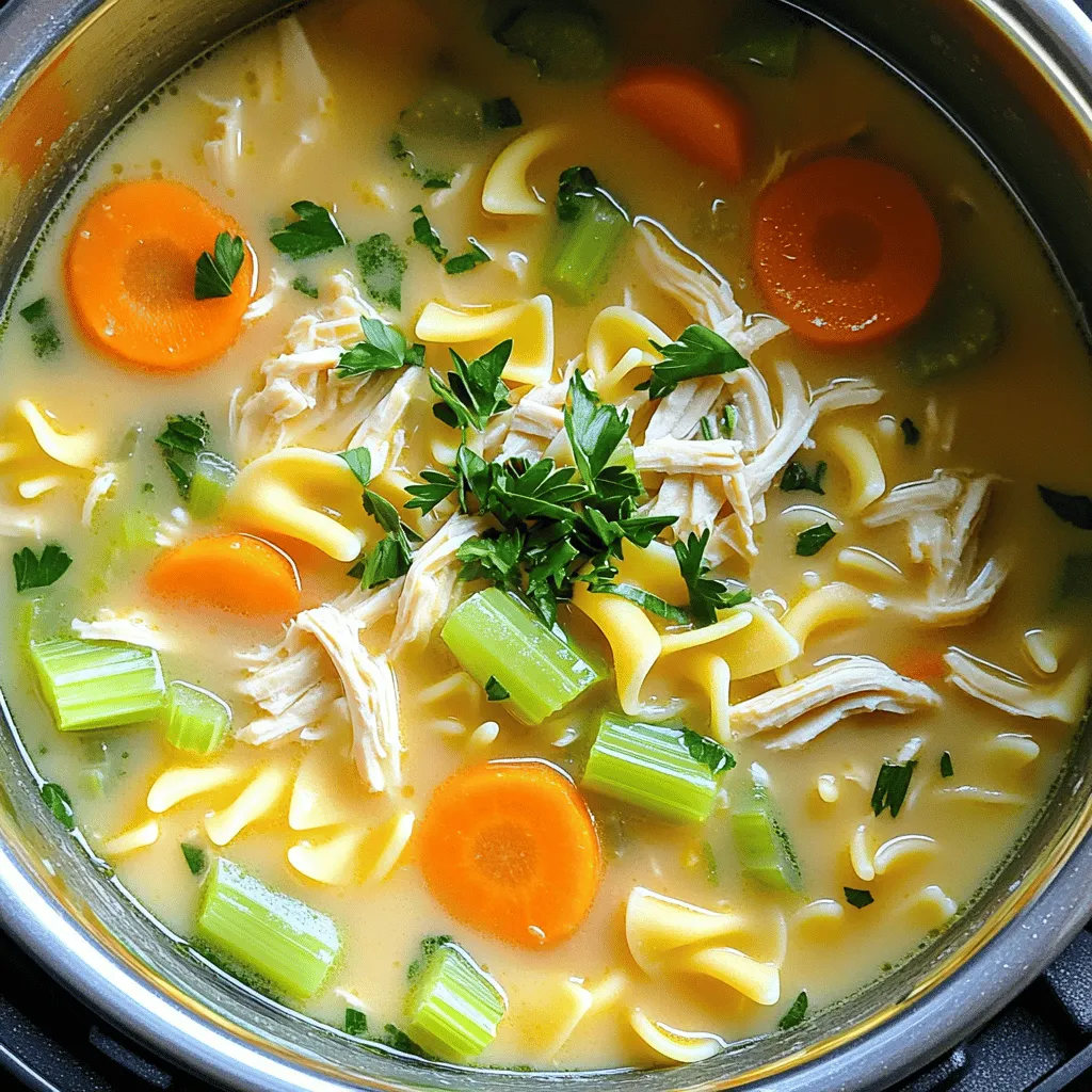 - 1 lb boneless, skinless chicken breasts - 1 medium onion, diced - 2 carrots, sliced - 2 stalks celery, diced - 3 cloves garlic, minced - 6 cups low-sodium chicken broth - 1 teaspoon dried thyme - 1 teaspoon dried oregano - 1 bay leaf - 1 cup egg noodles - 1 cup heavy cream (or coconut cream) - 2 tablespoons olive oil - Salt and pepper to taste - Fresh parsley, chopped (for garnish) I love using fresh ingredients for this soup. The chicken gives a nice flavor. The veggies make it colorful and tasty. I like to use low-sodium broth. This keeps the soup light and healthy. The thyme and oregano add a warm taste. I usually pick a bay leaf from my spice rack. It adds depth to the broth. The egg noodles soak up all the goodness. They make the soup hearty and filling. Heavy cream gives a rich texture. If you want a lighter option, coconut cream works well too. Don’t forget salt and pepper. They bring all the flavors together. Fresh parsley on top makes it look nice. It also adds a fresh taste. Use these ingredients, and you’ll create a bowl of comfort. - Set Instant Pot to Sauté mode. - Add 2 tablespoons of olive oil and let it heat. - Add 1 medium diced onion, 2 sliced carrots, and 2 diced stalks of celery. - Sauté for about 4-5 minutes until the veggies soften. - Add 3 minced garlic cloves and sauté for another minute until fragrant. - Place 1 lb of boneless, skinless chicken breasts into the pot. - Season with salt, pepper, 1 teaspoon dried thyme, and 1 teaspoon dried oregano. - Pour in 6 cups of low-sodium chicken broth and add 1 bay leaf. - Close the lid of the Instant Pot and set the valve to Sealing. - Select Manual or Pressure Cook and set the timer for 10 minutes. - After cooking, let the pressure release naturally for 5 minutes. - Remove the chicken from the pot. - Shred the chicken using two forks. - Return the shredded chicken back to the soup. - Stir in 1 cup of egg noodles. - Cook in the broth for 8-10 minutes on Sauté mode until tender. - Incorporate 1 cup of heavy cream or coconut cream until blended. - Taste the soup and adjust seasoning with more salt and pepper if needed. - Remove the bay leaf before serving. - Ladle the soup into bowls and garnish with fresh chopped parsley. - Optimal cooking times for chicken and noodles: I cook the chicken for 10 minutes in the Instant Pot. This keeps it juicy and tender. After shredding, I add the egg noodles and cook them for about 8-10 minutes. This gives them the perfect texture. - How to adjust the creaminess: To make your soup creamier, add more heavy cream. You can start with 1 cup, then add more to taste. If you prefer a lighter soup, try coconut cream instead. It adds a delightful flavor. - Tips for seasoning to taste: Always taste your soup before serving. I often add more salt and pepper to bring out the flavors. You can also add herbs like thyme or oregano to boost the taste. - What to do if noodles are overcooked: If your noodles are mushy, don’t worry. You can simply remove them and add fresh noodles to the soup. Cook them separately until tender, then mix them back in. - Fixing a bland soup: If your soup lacks flavor, add more salt and herbs. A splash of lemon juice can also brighten the taste. Just a little goes a long way. - Adjusting consistency if too thick or too thin: If your soup is too thick, add more chicken broth or water until it reaches your desired consistency. If it’s too thin, you can simmer it longer with the lid off to reduce it. {{image_2}} You can swap heavy cream for coconut cream. This makes the soup lighter and dairy-free. The taste remains rich and creamy. Adding more vegetables boosts nutrition. Try adding fresh spinach or sweet peas. They add color and flavor without many calories. If you want to save time, use rotisserie chicken. It’s already cooked and adds great flavor. For those needing gluten-free options, use gluten-free egg noodles. They work well and keep the soup hearty without the gluten. Want a zesty kick? Add a splash of lemon juice. It brightens the soup and adds freshness. You can also play with herbs. Try adding fresh basil or dill. These herbs bring new layers of flavor to your dish. To store your leftover creamy chicken noodle soup, let it cool first. Use an airtight container to keep it fresh. This helps the soup stay tasty and safe to eat. You can store it in the fridge for up to four days. Just make sure to check for any signs of spoilage before enjoying it again. If you want to freeze your soup, follow these best practices. First, let the soup cool completely. Then, pour it into freezer-safe containers or bags. Leave some space at the top for expansion. You can freeze the soup for up to three months. When you're ready to eat, thaw the soup in the fridge overnight. Reheat it on the stove or in the microwave. Stir well to mix everything evenly. If the soup seems thick, add some broth or water while reheating. Yes, you can make this soup on the stovetop. Start by heating olive oil in a large pot. Add the diced onion, sliced carrots, and diced celery. Sauté for about 5 minutes until soft. Then, add minced garlic and cook for 1 more minute. Next, place the chicken breasts into the pot. Season them with salt, pepper, thyme, and oregano. Pour in the chicken broth and add a bay leaf. Bring the soup to a boil, then reduce heat. Cover and simmer for 20-25 minutes until the chicken is cooked. Remove the chicken, shred it, and return it to the pot. Add egg noodles and cook for 8-10 minutes. Finally, stir in the cream and adjust the seasoning. This soup lasts for about 3-4 days in the fridge. Be sure to store it in an airtight container. Let the soup cool before you seal it. This way, it stays fresh and safe to eat. Always check for any signs of spoilage before eating leftovers. Absolutely! You can add more veggies to boost nutrition. Consider adding spinach, peas, or corn. You could also try diced potatoes or bell peppers. Just remember to adjust cooking times. Add quick-cooking veggies like spinach near the end to keep them vibrant. If you don't have an Instant Pot, you can still enjoy this soup. Use a slow cooker or stovetop. For a slow cooker, place all ingredients in the pot. Cook on low for 6-8 hours or high for 3-4 hours. If using a stovetop, follow the stovetop instructions mentioned above. Yes, this recipe is very kid-friendly! To make it even more appealing, keep the soup mild. Limit the use of strong spices. You can also let kids help with stirring or adding ingredients. They will enjoy a cozy bowl of creamy chicken noodle soup! You now know how to make a delicious creamy chicken noodle soup with your Instant Pot. We covered the necessary ingredients, step-by-step instructions, tips, variations, storage info, and FAQs. You can adjust recipes based on your family’s needs and preferences. Enjoy trying different flavors and textures! With practice, you’ll master this comforting dish and make it your own. Happy cooking!