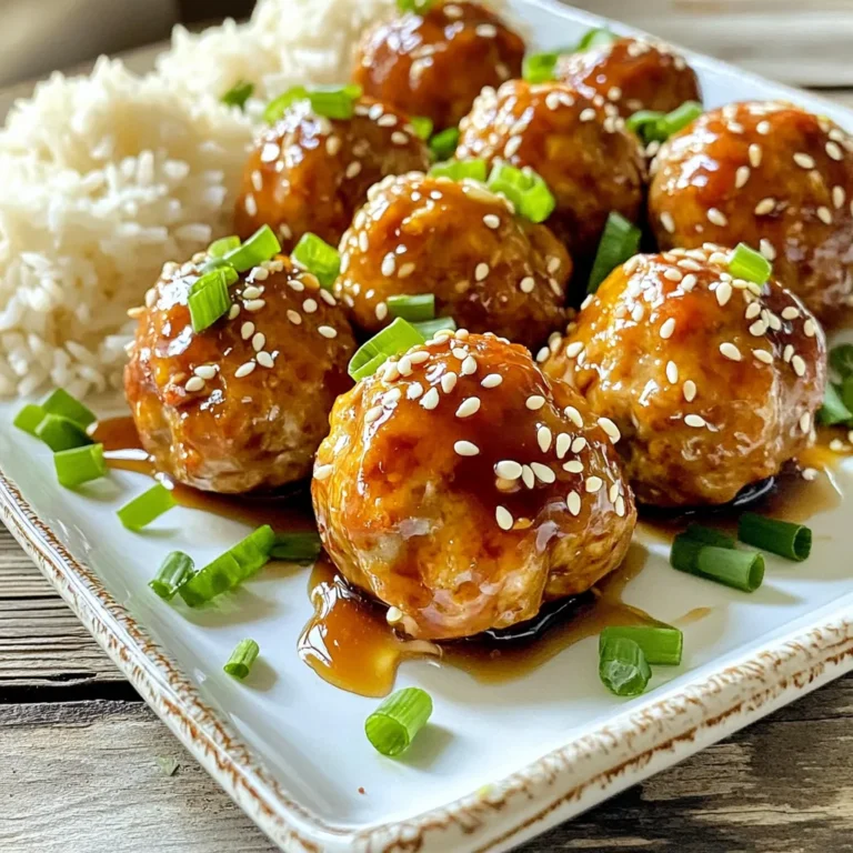 To make Teriyaki Chicken Meatballs, you need these main ingredients: - 1 pound ground chicken - 1/2 cup breadcrumbs - 1/4 cup green onions, finely chopped - 2 cloves garlic, minced - 1 tablespoon ginger, grated - 1 egg, lightly beaten - Salt and pepper to taste - 1/4 cup soy sauce (low sodium is preferable) - 2 tablespoons honey - 1 tablespoon rice vinegar - 1 tablespoon sesame oil - 1 teaspoon cornstarch mixed with 2 teaspoons water (for thickening) - Sesame seeds and additional green onions for garnish These ingredients create a tasty base for your meatballs. The ground chicken keeps them lean, while breadcrumbs give them the right texture. You can add more ingredients to boost the flavor: - Red pepper flakes for heat - Pineapple chunks for sweetness - Chopped cilantro for freshness - Toasted sesame seeds for crunch These options let you customize your meatballs. Try them to find your favorite version. If you don’t have certain ingredients, here are some swaps: - Ground turkey instead of ground chicken - Oats or crushed crackers for breadcrumbs - Coconut aminos instead of soy sauce for a soy-free option - Maple syrup instead of honey for a vegan choice These substitutions keep the recipe flexible. You can still enjoy delicious Teriyaki Chicken Meatballs, even if you’re missing an item. To make the meatball mixture, start with a large bowl. Add 1 pound of ground chicken. Then, mix in 1/2 cup of breadcrumbs. Next, add 1/4 cup of finely chopped green onions. Then, toss in 2 minced garlic cloves and 1 tablespoon of grated ginger. Crack in 1 beaten egg and sprinkle salt and pepper to taste. Mix everything until just combined. Don't overmix; you want tender meatballs. Now, preheat your oven to 400°F (200°C). Line a baking sheet with parchment paper for easy cleanup. Next, form small meatballs, about 1 inch in size. Place them evenly on the baking sheet. Bake them for 15 to 20 minutes. They should turn golden and be fully cooked. Check for an internal temperature of 165°F (74°C) to be sure. While the meatballs cook, prepare the teriyaki sauce. In a small saucepan, mix 1/4 cup of low-sodium soy sauce, 2 tablespoons of honey, 1 tablespoon of rice vinegar, and 1 tablespoon of sesame oil. Heat this over medium. Once it simmers, add the cornstarch slurry made with 1 teaspoon of cornstarch and 2 teaspoons of water. Stir until thickened, about 2 to 3 minutes. Remove it from heat. After baking, place the meatballs in a bowl. Pour the teriyaki sauce over them and toss gently. Serve on a platter, garnished with sesame seeds and more green onions. Enjoy your delicious meal! To make sure your meatballs cook just right, follow these tips: - Use ground chicken that is fresh and lean. - Mix the meat gently. Overmixing can make them tough. - Form meatballs that are about 1 inch wide. This size cooks evenly. - Bake them until they are golden brown and firm to the touch. - Use a meat thermometer to check if they reach 165°F internally. A thick teriyaki sauce coats the meatballs well. Here’s how to make it thick: - Mix 1 teaspoon of cornstarch with 2 teaspoons of water. - Add this mixture to the sauce while it simmers. - Stir continuously for about 2-3 minutes. - The sauce should become thick and glossy. If it’s too thin, add more cornstarch slurry. Garnishing makes your dish look amazing. Here are some fun ideas: - Sprinkle sesame seeds over the meatballs for crunch. - Add sliced green onions for a pop of color and freshness. - Drizzle extra teriyaki sauce over the top for shine. - Serve the meatballs on a colorful platter with steamed rice or veggies. - A side of pickled ginger adds a nice contrast in flavor. {{image_2}} You can swap the ground chicken for turkey or chicken breast. These options are leaner. For a gluten-free dish, use gluten-free breadcrumbs and soy sauce. This change keeps the taste great while being kinder to your waistline. Want some heat? Add red pepper flakes to the mix for a spicy kick. You can also mix in some pineapple chunks to make it fruity. This adds a sweet touch that pairs well with the teriyaki sauce. Don't be shy to experiment with your favorite spices too. Baking gives you a nice golden color, but grilling adds a smoky flavor. If you prefer frying, heat oil in a pan and cook the meatballs until golden brown. Each method brings its own charm to the dish, so try them all to see what you like best. To store leftover teriyaki chicken meatballs, let them cool completely. Place them in an airtight container. They will stay fresh in the fridge for up to three days. Make sure to keep any extra sauce in a separate container. This way, the meatballs won’t get soggy. You can freeze these meatballs too! First, let them cool completely. Then, arrange them in a single layer on a baking sheet. Freeze for one hour. After that, transfer them to a freezer bag or container. Label it with the date. They can last up to three months in the freezer. When you’re ready to eat the frozen meatballs, thaw them in the fridge overnight. You can reheat them in the oven at 350°F (175°C) for about 15 minutes. If you prefer, you can also microwave them. Place them in a microwave-safe dish and cover with a damp paper towel. Heat in 30-second bursts until warm. Don't forget to add some extra teriyaki sauce for moisture! Yes, you can make these meatballs ahead of time. You can prepare the meatball mixture and form them into balls. After that, you can store them in the fridge for up to a day. If you want to freeze them, wrap the meatballs tightly in plastic wrap and place them in a freezer bag. They will stay fresh for about three months. When you are ready to cook them, just bake them straight from the freezer. This saves time when you want a quick meal. You can serve these meatballs with many sides. Here are some great ideas: - Steamed rice - Stir-fried vegetables - Noodles - A fresh salad These sides pair well with the sweet and savory flavors of teriyaki. You can also drizzle extra teriyaki sauce over the rice or noodles for a tasty touch. To check if the meatballs are cooked, use a meat thermometer. The center should reach 165°F (74°C). If you do not have a thermometer, cut one meatball in half. The meat should be no longer pink, and the juices should run clear. You can also look for a nice golden color on the outside. These signs mean the meatballs are ready to eat! We covered everything from key ingredients to cooking methods for teriyaki chicken meatballs. You learned how to make the mixture, bake the meatballs, and whip up a tasty sauce. Tips and tricks help ensure your meatballs come out just right. If you want to try variations, healthier options are easy to find. For storage, I shared how to keep leftovers fresh and how to reheat them. Now you’re ready to impress with your homemade teriyaki chicken meatballs! Enjoy every bite!