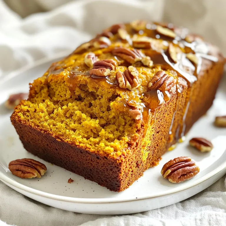 - 1 cup canned pumpkin puree - 1 cup maple syrup - 1/3 cup vegetable oil - 2 large eggs - 1 teaspoon vanilla extract - 1 ½ cups all-purpose flour - 1 teaspoon baking soda - 1 teaspoon baking powder - 1 teaspoon ground cinnamon - ½ teaspoon ground nutmeg - ½ teaspoon ground ginger - ½ teaspoon salt - 1 cup pecans, chopped To make this bread, start with canned pumpkin puree. It gives the bread its rich, moist texture. I love using real maple syrup. It adds a deep, sweet flavor that pairs perfectly with pumpkin. Vegetable oil keeps the bread soft and fluffy. Plus, eggs help it rise and bind everything together. The vanilla extract adds a warm note. All-purpose flour gives structure. Baking soda and baking powder work together to help the bread rise. Ground spices like cinnamon, nutmeg, and ginger bring warmth and depth. Salt balances the sweetness, while chopped pecans add a lovely crunch. Using high-quality ingredients makes a big difference. I recommend organic options when possible. Each ingredient plays a vital role in creating a delicious loaf. 1. Preheating oven and preparing the loaf pan First, preheat your oven to 350°F (175°C). This step is key for even baking. Next, grease a 9x5 inch loaf pan with non-stick spray or butter. This will help the bread come out easily. 2. Whisking together wet ingredients In a large mixing bowl, combine 1 cup of canned pumpkin puree, 1 cup of maple syrup, 1/3 cup of vegetable oil, 2 large eggs, and 1 teaspoon of vanilla extract. Whisk these together until the mixture is smooth and well-blended. 3. Mixing dry ingredients In another bowl, sift together 1 ½ cups of all-purpose flour, 1 teaspoon of baking soda, 1 teaspoon of baking powder, 1 teaspoon of ground cinnamon, ½ teaspoon of ground nutmeg, ½ teaspoon of ground ginger, and ½ teaspoon of salt. This mix gives your bread its great flavor. 1. Gradually incorporating dry ingredients into wet mixture Slowly add the dry mix into the wet ingredients. Stir just until they combine. Make sure not to over-mix. This keeps the bread tender and soft. 2. Folding in pecans Gently fold in 1 cup of chopped pecans into the batter. You can save a few pecans for the top if you want a crunchy finish. 1. Pouring batter into the loaf pan Pour the batter into your prepared loaf pan. Smooth the top with a spatula. If you reserved some pecans, sprinkle them on top now. 2. Baking time and temperature details Bake the bread in your preheated oven for 50-60 minutes. Start checking at the 50-minute mark. Insert a toothpick into the center. If it comes out clean, your bread is done. 3. Cool down instructions Once baked, remove the bread from the oven. Let it cool in the pan for about 10 minutes. Then, transfer it to a wire rack to cool completely. This step helps the bread set and makes slicing easier. To make your Maple Pecan Pumpkin Bread just right, pay attention to your mixing. Avoid over-mixing the batter. This keeps your bread soft and tender. Mix just until you see no dry flour. Choose the right pan size for even baking. I recommend a 9x5 inch loaf pan. This size helps your bread bake evenly and rise well. Spice it up! You can add extra spices like allspice or cloves for depth. You can also fold in chocolate chips for a sweet twist. This gives your bread an extra layer of flavor. When serving, drizzle maple syrup on top. A dollop of cream cheese or butter adds richness. Both options make your bread even more enjoyable. One big mistake is not checking for doneness. Use a toothpick to test the center. If it comes out clean, your bread is ready. Also, check your ingredients. Using stale or expired items can ruin your bread. Always use fresh canned pumpkin and new spices for the best taste. {{image_2}} To make this bread gluten-free, you can use almond flour or oat flour. Both flours work well and keep the bread moist. You might want to add a binding agent like ground flaxseed to help it hold together. A mix of gluten-free flour blends also works great. For a vegan option, replace the eggs with flaxseed meal. Use 1 tablespoon of flaxseed meal mixed with 2.5 tablespoons of water for each egg. You can also swap the vegetable oil with coconut oil or applesauce for added moisture. Make sure to use a plant-based milk, like almond or soy, in place of dairy. Enhance the taste by adding dried fruits like cranberries or raisins. You can also try walnuts or pecans in place of the regular pecans. A sprinkle of chocolate chips can add a sweet twist. Feel free to mix and match these flavors to create your perfect loaf! To keep your bread fresh, wrap it in plastic wrap. You can also use foil for extra protection. Place it in an airtight container. Store it at room temperature for up to three days. If you want to keep it longer, put it in the fridge. This will help it last up to a week. To freeze the bread, let it cool completely. Wrap it tightly in plastic wrap. Then, wrap it in foil or place it in a freezer bag. Label the bag with a date. You can freeze it for up to three months. When you're ready to enjoy it, take it out and thaw it overnight in the fridge. You can also let it sit at room temperature for a few hours. Maple pecan pumpkin bread stays fresh for about three days at room temperature. In the fridge, it can last up to a week. If frozen, it stays good for about three months. Always check for mold or unusual smells before eating. You can use honey or agave nectar. Both add sweetness. Honey will give a slight floral taste. Agave is milder but less thick. Brown sugar mixed with water works too. It adds moisture and a caramel flavor. Just remember to adjust the amounts. Use one cup of honey or agave for one cup of maple syrup. For brown sugar, mix one cup with a quarter cup of water. Yes, you can use fresh pumpkin. It may taste more vibrant and fresh. However, fresh pumpkin has more moisture. This can change the bread’s texture. To use fresh pumpkin, cook it first. Bake or steam it until soft. Then, puree it until smooth. Measure the pureed pumpkin carefully. Use one cup of fresh puree for the recipe. It’s a bit more work, but the flavor can be worth it! To check if the bread is done, use a toothpick. Insert it into the center of the loaf. If it comes out clean, the bread is ready. If it has batter on it, bake it longer. You can also look for a golden top. The edges should slightly pull away from the pan. This shows it is baked through. Let it cool for about 10 minutes before removing it from the pan. Maple pecan pumpkin bread is a flavorful treat with simple ingredients. We discussed the key components, from canned pumpkin to chopped pecans. I provided step-by-step instructions to make the process easy. With tips to enhance flavor and common mistakes to avoid, you can bake confidently. I also shared storage and freezing tips to keep your bread fresh. Whether you choose a gluten-free or vegan version, this recipe offers plenty of options to enjoy. Happy baking!