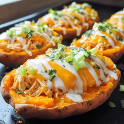 To make Buffalo Chicken Stuffed Sweet Potatoes, you need a few simple ingredients. Here’s the list: - 4 medium sweet potatoes - 2 cups cooked chicken, shredded - 1/2 cup buffalo sauce (adjust to taste) - 1/2 cup ranch dressing (or blue cheese dressing) - 1 cup shredded cheddar cheese - 1/2 cup celery, finely chopped - 1/4 cup green onions, sliced - Salt and pepper to taste - Olive oil for drizzling - Fresh parsley for garnish Using fresh ingredients gives the best flavor. Sweet potatoes are the star here. They provide a sweet and creamy base. The cooked shredded chicken adds protein and heartiness. Buffalo sauce brings spice and tang. You can adjust the buffalo sauce to match your heat level. Ranch or blue cheese dressing adds a cool, creamy touch. Don’t forget the toppings! Celery and green onions add crunch and freshness. Shredded cheddar cheese melts beautifully, making each bite rich and delicious. Olive oil helps create a crispy skin on the sweet potatoes. Finally, fresh parsley adds a pop of color and flavor. Gather these ingredients, and you are ready to create a tasty meal! - Preheat the oven to 400°F (200°C). - Wash and scrub the sweet potatoes. Poke holes in each potato with a fork. - Drizzle olive oil on the potatoes and sprinkle with salt. - Bake the sweet potatoes for 45-60 minutes. They should be tender when pierced. - After baking, slice each potato down the middle. Do not cut all the way through. - Use a fork to gently fluff the insides of the sweet potatoes. - Mix shredded chicken with buffalo sauce in a bowl. - Adjust the buffalo sauce to fit your heat preference. More sauce means more spice. - Fill each sweet potato with the buffalo chicken mixture. Pack it well. - Drizzle ranch dressing on top, then add a sprinkle of shredded cheddar cheese. - Put the stuffed potatoes back in the oven. - Bake for an additional 10-15 minutes, or until the cheese melts and bubbles. - Remove them from the oven and top with chopped celery, green onions, and parsley. To know if sweet potatoes are done, poke them with a fork. If the fork goes in easily, they are ready. The texture should be soft and creamy. For even baking, choose potatoes that are the same size. This helps them cook at the same rate. Remember to poke holes to let steam escape while baking. The right balance of buffalo sauce and ranch dressing is key. Start with half a cup of buffalo sauce. You can add more for extra heat. Mix it well with the shredded chicken. For cheese, cheddar is great, but you can try mozzarella or pepper jack for a twist. Each cheese brings a different flavor to your dish. Buffalo chicken stuffed sweet potatoes pair well with a fresh salad. Try a simple side of greens with lemon dressing. For garnishing, add chopped celery and green onions. Fresh parsley also adds a nice touch. These elements make your dish look and taste even better. {{image_2}} You can make this dish lighter. Try low-fat dressing instead of regular ranch or blue cheese. Greek yogurt works well too. For cheese, use part-skim mozzarella or a vegan option. These swaps cut calories without losing taste. Switch up the flavor by using different sauces. Try BBQ sauce for a sweet twist. You could also use teriyaki or sriracha for heat. Want more crunch? Add jalapeños for spice or feta cheese for a tangy finish. Each choice adds a unique touch. If you want a meatless meal, swap chicken with chickpeas or lentils. These plant-based options provide protein and texture. For fillings, mix in black beans, corn, or roasted veggies. This way, you keep the dish filling and tasty without meat. Once you finish your Buffalo Chicken Stuffed Sweet Potatoes, store any leftovers in the fridge. Place them in an airtight container to keep them fresh. You can safely store them for about 3 to 4 days. If you want to keep them longer, consider freezing them. Wrap each stuffed potato in plastic wrap, then place them in a freezer bag. They can last for up to 3 months in the freezer. When it's time to enjoy your leftovers, you want to keep them tasty. The best way to reheat them is in the oven. Preheat your oven to 350°F (175°C). Place the stuffed potatoes on a baking sheet and cover them with foil. Heat for about 15 to 20 minutes. This method keeps the texture nice. If you prefer the microwave, place one stuffed potato on a microwave-safe plate. Heat for 2 to 3 minutes, checking after 1 minute. To refresh the flavors, drizzle a little extra ranch or buffalo sauce on top before serving. This adds a burst of taste back into your dish. You can tell sweet potatoes are done when they are soft. Use a fork to check. If it goes in easily, they are ready. The skin may also look slightly wrinkled. Perfectly baked sweet potatoes have a sweet, rich flavor and a tender texture. Yes, you can use raw chicken, but it takes longer to cook. Cut the chicken into small pieces to help it cook evenly. Make sure to cook it fully until it reaches 165°F (75°C). Then, mix it with buffalo sauce. This will give you a fresh and juicy filling. Yes! You can use dairy-free ranch dressing or omit it altogether. Instead of cheddar cheese, try a dairy-free cheese substitute. You can also use avocado for creaminess. This keeps the dish tasty while being dairy-free. Yes, you can freeze them! First, let the stuffed sweet potatoes cool. Wrap each one tightly in plastic wrap and place them in a freezer bag. To reheat, bake at 350°F (175°C) for about 30-40 minutes. This keeps them warm and tasty. Buffalo chicken stuffed sweet potatoes are a tasty and fun dish. We covered the key ingredients and detailed steps to make them. You learned how to prep, bake, and stuff sweet potatoes to perfection. We also explored cooking tips, variations for different diets, and storage advice. Enjoy experimenting with flavors and share with friends. This dish can fit any meal or occasion. Try it out and make it your own!