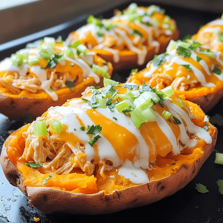 To make Buffalo Chicken Stuffed Sweet Potatoes, you need a few simple ingredients. Here’s the list: - 4 medium sweet potatoes - 2 cups cooked chicken, shredded - 1/2 cup buffalo sauce (adjust to taste) - 1/2 cup ranch dressing (or blue cheese dressing) - 1 cup shredded cheddar cheese - 1/2 cup celery, finely chopped - 1/4 cup green onions, sliced - Salt and pepper to taste - Olive oil for drizzling - Fresh parsley for garnish Using fresh ingredients gives the best flavor. Sweet potatoes are the star here. They provide a sweet and creamy base. The cooked shredded chicken adds protein and heartiness. Buffalo sauce brings spice and tang. You can adjust the buffalo sauce to match your heat level. Ranch or blue cheese dressing adds a cool, creamy touch. Don’t forget the toppings! Celery and green onions add crunch and freshness. Shredded cheddar cheese melts beautifully, making each bite rich and delicious. Olive oil helps create a crispy skin on the sweet potatoes. Finally, fresh parsley adds a pop of color and flavor. Gather these ingredients, and you are ready to create a tasty meal! - Preheat the oven to 400°F (200°C). - Wash and scrub the sweet potatoes. Poke holes in each potato with a fork. - Drizzle olive oil on the potatoes and sprinkle with salt. - Bake the sweet potatoes for 45-60 minutes. They should be tender when pierced. - After baking, slice each potato down the middle. Do not cut all the way through. - Use a fork to gently fluff the insides of the sweet potatoes. - Mix shredded chicken with buffalo sauce in a bowl. - Adjust the buffalo sauce to fit your heat preference. More sauce means more spice. - Fill each sweet potato with the buffalo chicken mixture. Pack it well. - Drizzle ranch dressing on top, then add a sprinkle of shredded cheddar cheese. - Put the stuffed potatoes back in the oven. - Bake for an additional 10-15 minutes, or until the cheese melts and bubbles. - Remove them from the oven and top with chopped celery, green onions, and parsley. To know if sweet potatoes are done, poke them with a fork. If the fork goes in easily, they are ready. The texture should be soft and creamy. For even baking, choose potatoes that are the same size. This helps them cook at the same rate. Remember to poke holes to let steam escape while baking. The right balance of buffalo sauce and ranch dressing is key. Start with half a cup of buffalo sauce. You can add more for extra heat. Mix it well with the shredded chicken. For cheese, cheddar is great, but you can try mozzarella or pepper jack for a twist. Each cheese brings a different flavor to your dish. Buffalo chicken stuffed sweet potatoes pair well with a fresh salad. Try a simple side of greens with lemon dressing. For garnishing, add chopped celery and green onions. Fresh parsley also adds a nice touch. These elements make your dish look and taste even better. {{image_2}} You can make this dish lighter. Try low-fat dressing instead of regular ranch or blue cheese. Greek yogurt works well too. For cheese, use part-skim mozzarella or a vegan option. These swaps cut calories without losing taste. Switch up the flavor by using different sauces. Try BBQ sauce for a sweet twist. You could also use teriyaki or sriracha for heat. Want more crunch? Add jalapeños for spice or feta cheese for a tangy finish. Each choice adds a unique touch. If you want a meatless meal, swap chicken with chickpeas or lentils. These plant-based options provide protein and texture. For fillings, mix in black beans, corn, or roasted veggies. This way, you keep the dish filling and tasty without meat. Once you finish your Buffalo Chicken Stuffed Sweet Potatoes, store any leftovers in the fridge. Place them in an airtight container to keep them fresh. You can safely store them for about 3 to 4 days. If you want to keep them longer, consider freezing them. Wrap each stuffed potato in plastic wrap, then place them in a freezer bag. They can last for up to 3 months in the freezer. When it's time to enjoy your leftovers, you want to keep them tasty. The best way to reheat them is in the oven. Preheat your oven to 350°F (175°C). Place the stuffed potatoes on a baking sheet and cover them with foil. Heat for about 15 to 20 minutes. This method keeps the texture nice. If you prefer the microwave, place one stuffed potato on a microwave-safe plate. Heat for 2 to 3 minutes, checking after 1 minute. To refresh the flavors, drizzle a little extra ranch or buffalo sauce on top before serving. This adds a burst of taste back into your dish. You can tell sweet potatoes are done when they are soft. Use a fork to check. If it goes in easily, they are ready. The skin may also look slightly wrinkled. Perfectly baked sweet potatoes have a sweet, rich flavor and a tender texture. Yes, you can use raw chicken, but it takes longer to cook. Cut the chicken into small pieces to help it cook evenly. Make sure to cook it fully until it reaches 165°F (75°C). Then, mix it with buffalo sauce. This will give you a fresh and juicy filling. Yes! You can use dairy-free ranch dressing or omit it altogether. Instead of cheddar cheese, try a dairy-free cheese substitute. You can also use avocado for creaminess. This keeps the dish tasty while being dairy-free. Yes, you can freeze them! First, let the stuffed sweet potatoes cool. Wrap each one tightly in plastic wrap and place them in a freezer bag. To reheat, bake at 350°F (175°C) for about 30-40 minutes. This keeps them warm and tasty. Buffalo chicken stuffed sweet potatoes are a tasty and fun dish. We covered the key ingredients and detailed steps to make them. You learned how to prep, bake, and stuff sweet potatoes to perfection. We also explored cooking tips, variations for different diets, and storage advice. Enjoy experimenting with flavors and share with friends. This dish can fit any meal or occasion. Try it out and make it your own!