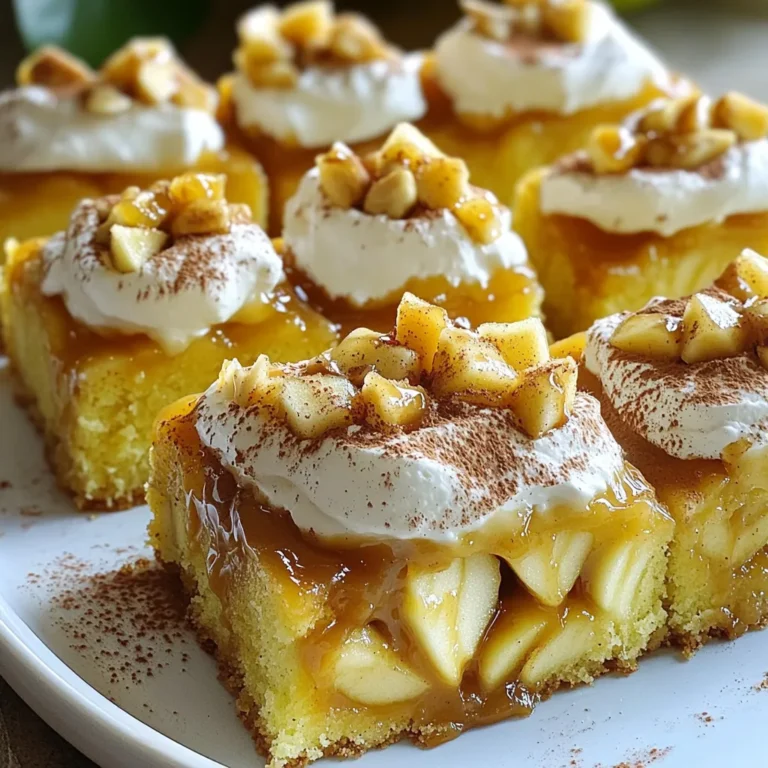 - 1 box yellow cake mix - 1/2 cup unsalted butter, melted - 3 large eggs - 1 cup milk - 1 teaspoon vanilla extract - 2 teaspoons ground cinnamon - 2 medium apples (recommended: Granny Smith or Honeycrisp) - 1 cup caramel sauce - 1 cup whipped topping - Extra caramel for drizzling - Chopped nuts (optional) To make a delicious caramel apple poke cake, you need these simple ingredients. Start with a box of yellow cake mix. This makes the base light and fluffy. Use unsalted butter to add richness. Melt it for easy mixing. You will also need three large eggs, which help bind the cake. Milk adds moisture and richness. Vanilla extract gives a warm flavor. Ground cinnamon brings a sweet spice that pairs well with apples. For the apples, I recommend using Granny Smith or Honeycrisp. Their tartness contrasts beautifully with the sweet caramel. Caramel sauce is key for that gooey texture. You can use store-bought or make your own! Whipped topping adds a creamy layer on top. Don't forget extra caramel for drizzling, and chopped nuts can add a nice crunch if you like. These ingredients come together to create a dessert that is tasty and fun to make. Enjoy the process of blending flavors and textures! First, set your oven to 350°F (175°C). This is the best temperature for baking. Next, greasing a 9x13 inch baking dish helps the cake come out easily. I like to use non-stick spray or butter for this step. In a large bowl, mix the dry and wet ingredients. Combine the cake mix, melted butter, and eggs first. Then, add in the milk, vanilla extract, and ground cinnamon. Stir until the batter is smooth. Make sure there are no lumps. This helps the cake rise evenly. Now it's time to add the apples. I suggest using two medium apples like Granny Smith or Honeycrisp. Peel, core, and dice them before adding. Gently fold the diced apples into the batter. This way, the apples spread evenly throughout the cake. Pour the batter into your greased baking dish. Spread it out evenly. Bake for 25-30 minutes. To check if it’s done, insert a toothpick into the center. If it comes out clean, the cake is ready. Let it cool for about 10 minutes once you take it out. After cooling, poke holes all over the top of the cake. Use the handle of a wooden spoon for this. Make sure to space the holes evenly. This step is key for the caramel to soak into the cake. While the cake is still warm, pour the caramel sauce over the top. The warm cake helps the caramel seep into the holes. Pour slowly and let it soak in. This creates a rich, sweet flavor throughout the cake. Once the cake has cooled completely, spread whipped topping on top. A spatula works well for this. After that, drizzle more caramel sauce over the whipped topping. If you want, sprinkle chopped nuts on top for extra crunch. For the best flavor, chill your cake in the fridge for at least an hour. This allows the flavors to blend together. It also makes slicing easier. When ready to serve, cut into squares and enjoy! To ensure a moist cake texture, follow these simple steps: - Use fresh eggs at room temperature. This helps the batter mix well. - Do not overmix your batter. Mix just until combined for a light texture. - Add a bit of extra milk if the batter seems thick. This improves moisture. To boost the taste of your caramel apple poke cake, consider these swaps: - Swap yellow cake mix for spice cake mix. This adds warmth and depth. - Use brown sugar instead of white sugar in your batter. It gives a richer flavor. - Toss in a handful of raisins or dried cranberries for an extra burst of taste. For the best presentation and taste, try these ideas: - Slice the cake into squares and serve on colorful dessert plates. This makes it pop. - Drizzle extra caramel sauce on each piece before serving. It adds a lovely shine. - Add a sprinkle of chopped nuts on top for a crunchy contrast. This gives a nice texture. {{image_2}} While Granny Smith and Honeycrisp apples are great choices, you can try other types too. For a sweet twist, use Fuji apples. They add a nice, crisp bite. If you prefer less tartness, go for Gala apples. Their sweet flavor shines in the cake. To add more flavor to your cake, consider mixing in nuts or spices. Chopped walnuts or pecans bring a crunchy texture. They pair well with apples and caramel. You can also add a pinch of nutmeg or ginger for warmth. This little change can make a big difference. If you need gluten-free options, use a gluten-free cake mix. They work well with this recipe. For a dairy-free cake, swap the milk with almond or oat milk. You can also use coconut cream instead of whipped topping. These changes keep the cake delicious while fitting your diet. To keep your cake fresh, first let it cool completely. Then, cover it tightly with plastic wrap or aluminum foil. You can also place it in an airtight container. This helps prevent it from drying out. Store the cake in the refrigerator if you want it to last longer. If you plan to serve it later, chilling helps the flavors blend well. You can freeze this cake for later enjoyment. First, let it cool down completely. Then, cut the cake into slices or leave it whole. Wrap each slice in plastic wrap and then in foil. This double wrapping helps protect it from freezer burn. To thaw, simply place the cake in the fridge overnight. For a quick thaw, leave it at room temperature for a few hours. In the fridge, the cake lasts about 5 to 7 days. If you freeze it, the cake can last for up to 3 months. Just remember to check for any changes in texture or taste after freezing. If stored properly, your caramel apple poke cake will stay delicious and ready to serve! Yes, you can make this cake ahead of time. I recommend baking it a day before you plan to serve it. After you poke the cake and add the caramel sauce, let it cool completely. Then, cover it and store it in the fridge. This gives the flavors time to blend well. If you don’t have caramel sauce, you can use dulce de leche or homemade caramel. To make homemade caramel, cook sugar and water until it melts and turns golden. Stir in butter and cream for a rich sauce. You can also use chocolate sauce if you want a twist. To check if the cake is done, insert a toothpick into the center. If it comes out clean or with just a few crumbs, the cake is ready. You can also gently press the top; it should spring back if it’s baked enough. Yes, you can use other fruits. Pears, peaches, or even berries work well in this cake. Just be sure to chop the fruit into small pieces, so they mix evenly in the batter. Each fruit will give a new taste and texture to your poke cake. This cake is easy to make and packed with flavor. We covered all the steps: from mixing the batter to adding toppings. Remember to chill the cake for the best taste. Try different apple types or flavor adjustments to personalize it. Store it well to keep it fresh for a while. Enjoy sharing this sweet treat with friends and family. Happy baking!