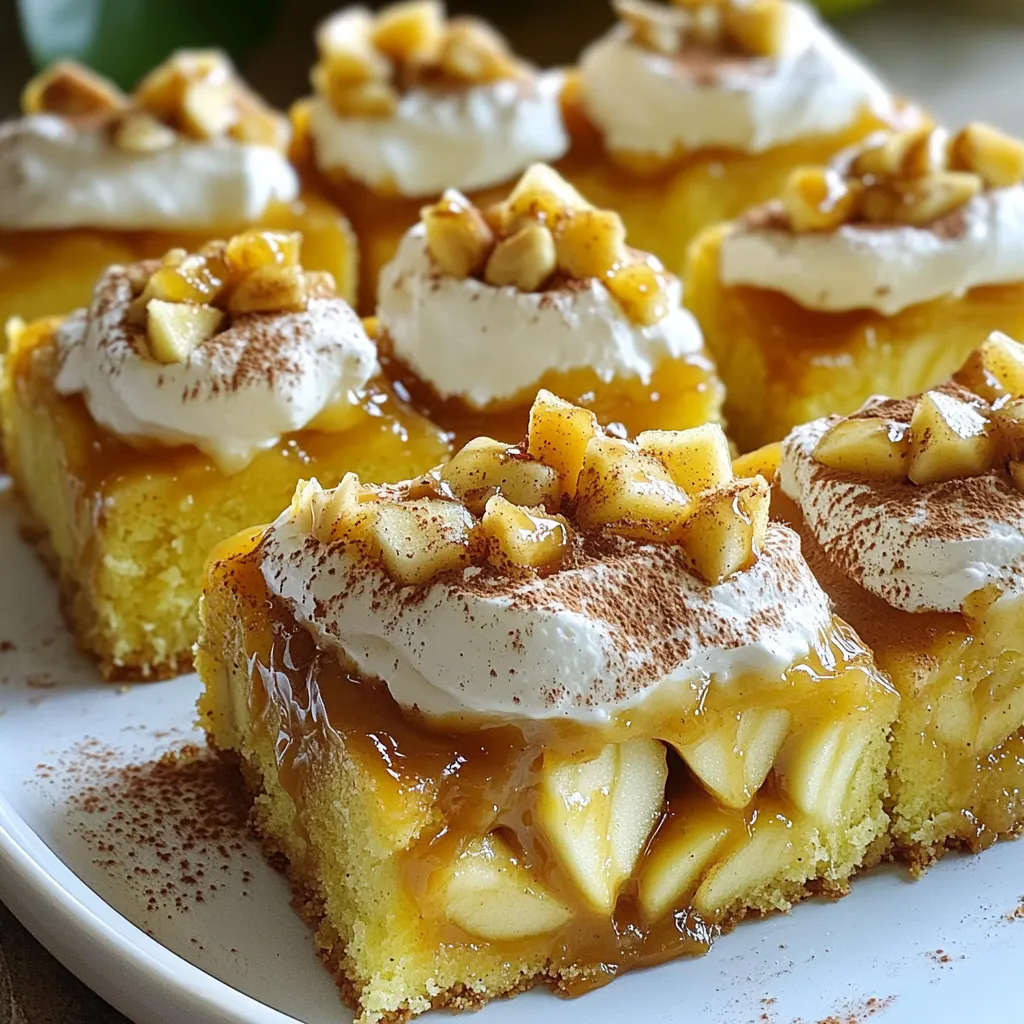 - 1 box yellow cake mix - 1/2 cup unsalted butter, melted - 3 large eggs - 1 cup milk - 1 teaspoon vanilla extract - 2 teaspoons ground cinnamon - 2 medium apples (recommended: Granny Smith or Honeycrisp) - 1 cup caramel sauce - 1 cup whipped topping - Extra caramel for drizzling - Chopped nuts (optional) To make a delicious caramel apple poke cake, you need these simple ingredients. Start with a box of yellow cake mix. This makes the base light and fluffy. Use unsalted butter to add richness. Melt it for easy mixing. You will also need three large eggs, which help bind the cake. Milk adds moisture and richness. Vanilla extract gives a warm flavor. Ground cinnamon brings a sweet spice that pairs well with apples. For the apples, I recommend using Granny Smith or Honeycrisp. Their tartness contrasts beautifully with the sweet caramel. Caramel sauce is key for that gooey texture. You can use store-bought or make your own! Whipped topping adds a creamy layer on top. Don't forget extra caramel for drizzling, and chopped nuts can add a nice crunch if you like. These ingredients come together to create a dessert that is tasty and fun to make. Enjoy the process of blending flavors and textures! First, set your oven to 350°F (175°C). This is the best temperature for baking. Next, greasing a 9x13 inch baking dish helps the cake come out easily. I like to use non-stick spray or butter for this step. In a large bowl, mix the dry and wet ingredients. Combine the cake mix, melted butter, and eggs first. Then, add in the milk, vanilla extract, and ground cinnamon. Stir until the batter is smooth. Make sure there are no lumps. This helps the cake rise evenly. Now it's time to add the apples. I suggest using two medium apples like Granny Smith or Honeycrisp. Peel, core, and dice them before adding. Gently fold the diced apples into the batter. This way, the apples spread evenly throughout the cake. Pour the batter into your greased baking dish. Spread it out evenly. Bake for 25-30 minutes. To check if it’s done, insert a toothpick into the center. If it comes out clean, the cake is ready. Let it cool for about 10 minutes once you take it out. After cooling, poke holes all over the top of the cake. Use the handle of a wooden spoon for this. Make sure to space the holes evenly. This step is key for the caramel to soak into the cake. While the cake is still warm, pour the caramel sauce over the top. The warm cake helps the caramel seep into the holes. Pour slowly and let it soak in. This creates a rich, sweet flavor throughout the cake. Once the cake has cooled completely, spread whipped topping on top. A spatula works well for this. After that, drizzle more caramel sauce over the whipped topping. If you want, sprinkle chopped nuts on top for extra crunch. For the best flavor, chill your cake in the fridge for at least an hour. This allows the flavors to blend together. It also makes slicing easier. When ready to serve, cut into squares and enjoy! To ensure a moist cake texture, follow these simple steps: - Use fresh eggs at room temperature. This helps the batter mix well. - Do not overmix your batter. Mix just until combined for a light texture. - Add a bit of extra milk if the batter seems thick. This improves moisture. To boost the taste of your caramel apple poke cake, consider these swaps: - Swap yellow cake mix for spice cake mix. This adds warmth and depth. - Use brown sugar instead of white sugar in your batter. It gives a richer flavor. - Toss in a handful of raisins or dried cranberries for an extra burst of taste. For the best presentation and taste, try these ideas: - Slice the cake into squares and serve on colorful dessert plates. This makes it pop. - Drizzle extra caramel sauce on each piece before serving. It adds a lovely shine. - Add a sprinkle of chopped nuts on top for a crunchy contrast. This gives a nice texture. {{image_2}} While Granny Smith and Honeycrisp apples are great choices, you can try other types too. For a sweet twist, use Fuji apples. They add a nice, crisp bite. If you prefer less tartness, go for Gala apples. Their sweet flavor shines in the cake. To add more flavor to your cake, consider mixing in nuts or spices. Chopped walnuts or pecans bring a crunchy texture. They pair well with apples and caramel. You can also add a pinch of nutmeg or ginger for warmth. This little change can make a big difference. If you need gluten-free options, use a gluten-free cake mix. They work well with this recipe. For a dairy-free cake, swap the milk with almond or oat milk. You can also use coconut cream instead of whipped topping. These changes keep the cake delicious while fitting your diet. To keep your cake fresh, first let it cool completely. Then, cover it tightly with plastic wrap or aluminum foil. You can also place it in an airtight container. This helps prevent it from drying out. Store the cake in the refrigerator if you want it to last longer. If you plan to serve it later, chilling helps the flavors blend well. You can freeze this cake for later enjoyment. First, let it cool down completely. Then, cut the cake into slices or leave it whole. Wrap each slice in plastic wrap and then in foil. This double wrapping helps protect it from freezer burn. To thaw, simply place the cake in the fridge overnight. For a quick thaw, leave it at room temperature for a few hours. In the fridge, the cake lasts about 5 to 7 days. If you freeze it, the cake can last for up to 3 months. Just remember to check for any changes in texture or taste after freezing. If stored properly, your caramel apple poke cake will stay delicious and ready to serve! Yes, you can make this cake ahead of time. I recommend baking it a day before you plan to serve it. After you poke the cake and add the caramel sauce, let it cool completely. Then, cover it and store it in the fridge. This gives the flavors time to blend well. If you don’t have caramel sauce, you can use dulce de leche or homemade caramel. To make homemade caramel, cook sugar and water until it melts and turns golden. Stir in butter and cream for a rich sauce. You can also use chocolate sauce if you want a twist. To check if the cake is done, insert a toothpick into the center. If it comes out clean or with just a few crumbs, the cake is ready. You can also gently press the top; it should spring back if it’s baked enough. Yes, you can use other fruits. Pears, peaches, or even berries work well in this cake. Just be sure to chop the fruit into small pieces, so they mix evenly in the batter. Each fruit will give a new taste and texture to your poke cake. This cake is easy to make and packed with flavor. We covered all the steps: from mixing the batter to adding toppings. Remember to chill the cake for the best taste. Try different apple types or flavor adjustments to personalize it. Store it well to keep it fresh for a while. Enjoy sharing this sweet treat with friends and family. Happy baking!