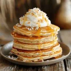 - 1 ½ cups all-purpose flour - 2 tablespoons sugar - 2 teaspoons baking powder - ½ teaspoon baking soda - ¼ teaspoon salt - 1 cup buttermilk - 2 large eggs - 1 teaspoon vanilla extract - ½ cup shredded sweetened coconut - 4 tablespoons unsweetened coconut cream (canned) - 2 tablespoons melted butter - Whipped cream (for topping) - Extra shredded coconut (toasted, for garnish) Each ingredient plays a role in making these pancakes special. The flour gives them structure, while the sugar adds sweetness. Baking powder and baking soda help the pancakes rise and become fluffy. Salt enhances all the flavors in the mix. Buttermilk gives the pancakes a rich flavor and a tender texture. Eggs bind the batter and provide moisture. Vanilla adds a warm aroma, making each bite delightful. Shredded coconut adds chewiness and a tropical taste. Unsweetened coconut cream brings a creamy richness that mimics the pie. Melted butter not only adds flavor but also helps prevent sticking when cooking. Finally, whipped cream and toasted coconut on top give these pancakes a beautiful finish. Together, these ingredients create a tasty treat for breakfast. Start by taking a large mixing bowl. In this bowl, whisk together the following dry ingredients: - 1 ½ cups all-purpose flour - 2 tablespoons sugar - 2 teaspoons baking powder - ½ teaspoon baking soda - ¼ teaspoon salt Make sure to mix well until everything is combined. This step is key for fluffy pancakes. The leavening agents help the pancakes rise. A good mix ensures even flavor throughout. Now, grab another bowl for the wet ingredients. In this bowl, combine: - 1 cup buttermilk - 2 large eggs - 1 teaspoon vanilla extract - 4 tablespoons unsweetened coconut cream (canned) - 2 tablespoons melted butter Whisk these together until smooth. The melted butter adds richness and flavor to the pancakes. It also helps keep them moist. Don't skip this step; it makes a big difference. Next, it's time to bring the two mixtures together. Pour the wet ingredients into the dry ingredients. Stir gently until just combined. It’s okay if the batter is a bit lumpy. Overmixing can lead to tough pancakes. Then, fold in ½ cup shredded sweetened coconut. This will add texture and that lovely coconut flavor. Now, preheat a skillet or griddle over medium heat. Lightly grease it with cooking spray or butter. Pour about 1/4 cup of batter onto the hot skillet for each pancake. Cook for 2-3 minutes. Look for bubbles forming on the surface and edges that look set. Flip the pancakes and cook for another 2-3 minutes until they are golden brown. Repeat this process with the remaining batter. Once done, stack the pancakes on a plate. Top them with whipped cream and a sprinkle of toasted coconut for extra flavor. Enjoy your delightful breakfast treat! To make great pancakes, watch how you mix the batter. Do not overmix it. Mix until just combined, leaving some lumps. This helps keep the pancakes fluffy. When cooking, look for bubbles on the surface. This means it is time to flip. The edges will also look set. Cook until golden brown for the best taste. Want more coconut flavor? You can add a bit of coconut extract to the batter. This will really make the coconut shine. For toppings, whipped cream is a must. It adds richness. You can also try fresh fruit like bananas or strawberries. Toasted coconut on top adds a nice crunch. Enjoy mixing and matching to find your favorite! {{image_2}} You can make these pancakes gluten-free by using a gluten-free flour blend. Look for a mix that includes xanthan gum. This helps mimic the texture of regular flour. Replace the all-purpose flour with 1 ½ cups of this blend. Follow the same steps in the recipe. Your pancakes will still be fluffy and delicious. To make vegan pancakes, swap out the buttermilk and eggs. Use 1 cup of almond milk or coconut milk mixed with 1 tablespoon of vinegar for the buttermilk. For the eggs, use 1/4 cup of unsweetened applesauce or a flax egg (1 tablespoon flaxseed meal mixed with 2.5 tablespoons water). These swaps keep the pancakes moist and tasty. Get creative with flavors! You can add chocolate chips or fresh fruits to the batter. Try folding in 1/2 cup of chocolate chips or diced bananas. You could even use berries for a fruity twist. These additions make your pancakes even more fun and tasty. Enjoy experimenting with different flavors! To keep your pancakes fresh, stack them with parchment paper in between. Place them in an airtight container. Store the container in the fridge for up to three days. This method helps avoid sogginess and keeps them tasty. Reheat pancakes in a skillet over medium heat. Heat each side for about one minute. You can also use a microwave. Place pancakes on a plate and cover with a damp paper towel. Heat for about 20-30 seconds. This keeps them soft and warm. To freeze pancakes, let them cool completely. Stack them with parchment paper in between. Place the stack in a freezer bag or airtight container. Seal it tightly. You can freeze pancakes for up to two months. To defrost, move them to the fridge overnight or use the microwave. Enjoy your pancakes whenever you crave them! Using regular cream will change the taste. Coconut cream adds a tropical, sweet flavor. Regular cream lacks that distinct coconut taste. If you want a rich taste, stick with coconut cream. It makes your pancakes special and more like dessert. Look for bubbles on the surface. When bubbles form, it’s time to flip. The edges should look set and dry. After flipping, wait for the other side to turn golden brown. The pancakes should feel firm to the touch when done. If your batter is too thick, add a splash of buttermilk. Mix well until it reaches a pourable consistency. If it’s too thin, sprinkle in a bit of flour. Stir gently to keep the batter light. Adjust until you have the right thickness for perfect pancakes. These coconut cream pie pancakes are fun and easy to make. You learned about the key ingredients, step-by-step instructions, and helpful tips for the best results. We also explored fun variations, storage options, and FAQs. You can enjoy these pancakes any day of the week, even with special diets. Whether you make them traditional or try new flavors, they’re sure to delight at breakfast or brunch. Happy cooking!