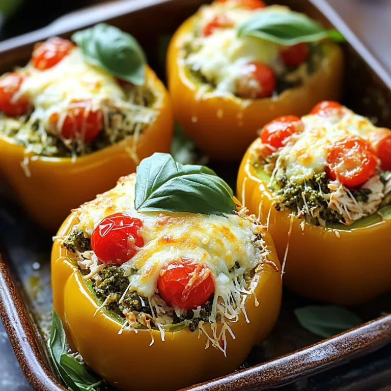 - 4 large bell peppers (any color) - 2 cups cooked chicken, shredded - ½ cup pesto sauce (store-bought or homemade) - 1 cup cherry tomatoes, halved - 1 cup mozzarella cheese, shredded - ½ cup parmesan cheese, grated - Salt and pepper to taste - 1 tablespoon olive oil - Fresh basil leaves for garnish When I pick bell peppers, I look for ones that are firm and shiny. Ripe peppers have a smooth skin and bright color. This makes them sweeter and tastier. For chicken, I like to use fresh, cooked chicken for the best flavor. You can use rotisserie chicken if you're short on time. The pesto sauce should be fresh. If you have time, homemade pesto is a great choice. It packs in more flavor and freshness than store-bought options. Feel free to add other ingredients to make this dish your own. Some ideas include: - Black olives for a salty kick - Spinach or kale for extra greens - Feta cheese for a tangy twist - Red pepper flakes for some heat Mix and match to suit your taste! First, preheat your oven to 375°F (190°C). This helps cook the peppers just right. Next, take four large bell peppers. You can use any color you like. Slice off the tops and remove the seeds. Be careful not to cut too deep. Then, lightly brush the outside of the peppers with olive oil. This adds flavor and helps them brown. Place them upright in a baking dish. In a large bowl, combine two cups of shredded chicken and half a cup of pesto sauce. You can use store-bought or homemade pesto. Add one cup of halved cherry tomatoes for freshness. Next, mix in one cup of shredded mozzarella cheese. This cheese melts well and adds creaminess. Sprinkle in half a cup of grated parmesan cheese for a rich taste. Season with salt and pepper to your liking. Stir everything until it is well mixed. Stuff each bell pepper with the chicken and pesto mixture. Pack it down gently so they hold together. After stuffing, sprinkle the rest of the parmesan cheese on top. Cover the baking dish with aluminum foil to keep moisture in. Bake in the preheated oven for 25 minutes. After that, remove the foil and bake for an additional 10-15 minutes. You want the peppers to be tender and the tops golden brown. Once done, take them out and let them cool for a few minutes. Choose firm bell peppers with smooth skin. Look for bright colors, like red, yellow, or green. Avoid any with soft spots or blemishes. These signs mean they are past their prime. If possible, pick organic peppers for better taste and nutrients. Always smell the peppers; fresh ones have a sweet, earthy scent. This ensures you get the freshest bell peppers for your dish. First, make sure to cut the tops off the peppers evenly. This helps with stuffing later. Use a spoon to scoop out the seeds and membranes. Then, lightly brush the outside of each pepper with olive oil. This adds flavor and helps them cook evenly. When filling, pack the mixture down gently. This prevents air pockets and helps the flavors mix well. Top with extra cheese for a delicious crust. To avoid burning, cover the baking dish with foil for the first part of baking. This traps steam and keeps the peppers moist. Bake them at the right temperature, 375°F (190°C), for even cooking. After 25 minutes, remove the foil. This lets the tops crisp up nicely. Keep an eye on them in the last few minutes. If they start to brown too quickly, lower the oven temperature slightly. {{image_2}} You can swap out chicken for turkey or beef. Ground turkey works well and keeps it light. If you prefer beef, use lean ground beef for a hearty meal. Want more cheese? Try feta or goat cheese for a different taste. Mixing cheeses can add layers of flavor. To make this dish vegetarian, use plant-based chicken. Products made from soy or pea protein fit nicely. They mimic the texture of chicken and soak up the pesto flavor well. Add more veggies like spinach or zucchini for extra nutrition. This keeps the dish tasty and colorful. Boost flavor with herbs like oregano, thyme, or parsley. A pinch of red pepper flakes adds heat, if you like spice. Consider a drizzle of balsamic glaze or hot sauce before serving for a kick. Experiment with different spices to find your favorite blend. Each twist makes the dish unique! Store leftover pesto chicken stuffed peppers in an airtight container. Use a container that fits the peppers well. This helps keep them fresh. Place them in the fridge. They will stay good for up to three days. If you want to keep them longer, freezing works too. To reheat, use the oven for best results. Preheat the oven to 350°F (175°C). Place the stuffed peppers in a baking dish. Cover them with foil to avoid drying out. Heat for about 15 minutes or until warm. You can also use a microwave. Heat them on medium power for 2-3 minutes. This method is quick but may not keep the peppers as tasty. To freeze, let the peppers cool completely first. Wrap each pepper in plastic wrap. Then, place them in a freezer-safe bag or container. Remove as much air as possible to prevent freezer burn. They can stay frozen for up to three months. When ready to eat, thaw them overnight in the fridge. Reheat in the oven for the best flavor. Yes, you can make these stuffed peppers ahead. Prepare them and stuff them, then cover and refrigerate. This makes dinner easy on busy nights. Bake them when you are ready to eat. Just add a few extra minutes to the baking time if they are cold. You can serve many tasty sides with these stuffed peppers. A fresh green salad pairs well. Roasted vegetables add color and flavor. Garlic bread is another great choice for a hearty meal. You can also try a light pasta dish for something different. Absolutely! You can use any bell pepper color you like. Green, red, yellow, or orange peppers all work well. You can also try poblano or Anaheim peppers for a spicy kick. Just remember that cooking time may vary with different types of peppers. In this article, we explored the joy of making Pesto Chicken Stuffed Peppers. You learned about the key ingredients, specific quality tips, and ways to customize your dish. We discussed easy preparation steps and how to bake them perfectly. I shared some tricks for selecting the best peppers and preventing burning. Lastly, we looked at variations, storage, and answered common questions. Try making these stuffed peppers your own. Enjoy the fun of cooking and impress your family with a tasty dish!