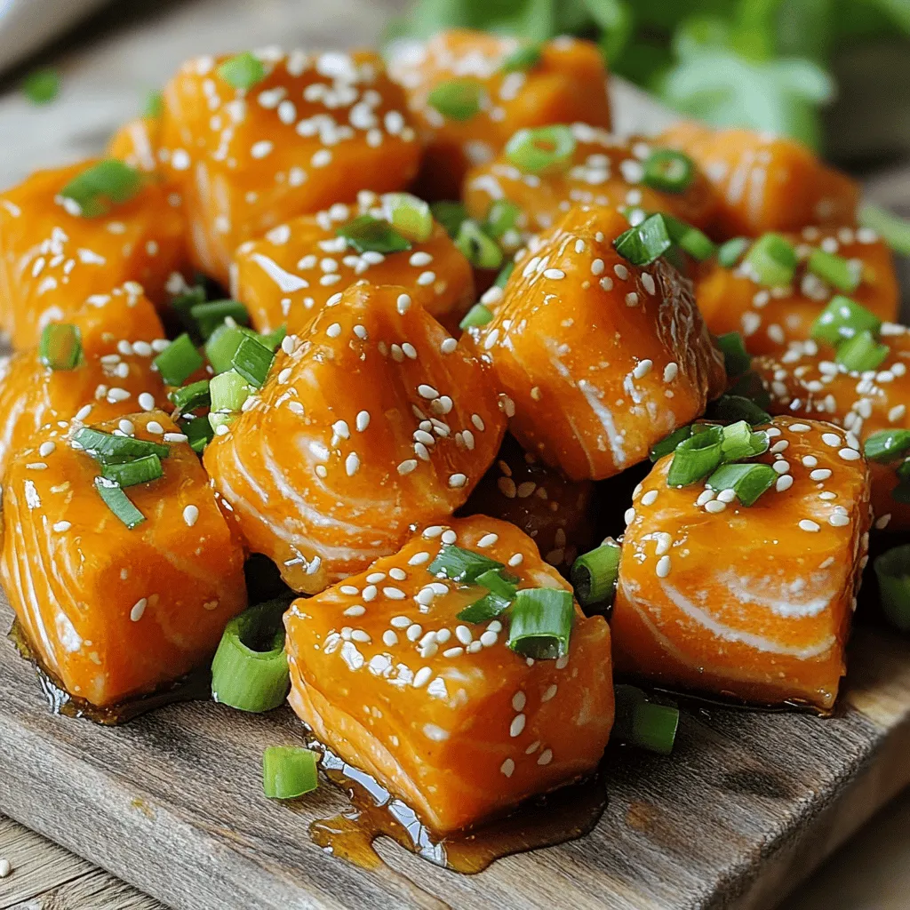 To make these tasty salmon bites, you need: - 1 lb salmon fillet, skinless and boneless - 3 tablespoons honey - 2 tablespoons Sriracha sauce (adjust for spiciness) - 1 tablespoon soy sauce - 1 tablespoon lime juice - 1 teaspoon grated ginger - 1 clove garlic, minced - Salt and black pepper to taste These ingredients work together to create a sweet and spicy flavor. The honey adds sweetness, while the Sriracha gives it a nice kick. Lime juice brightens the dish, and ginger and garlic add depth. For an extra touch, consider these garnishes: - Sesame seeds - Chopped green onions These garnishes add texture and color to your dish. They also enhance the flavors, making your salmon bites even more delicious. If you don’t have some ingredients, here are some easy swaps: - Use maple syrup instead of honey for a vegan option. - Try chili paste or hot sauce if you don’t have Sriracha. - Replace soy sauce with tamari for a gluten-free choice. These substitutions keep the dish flavorful while catering to dietary needs. Feel free to experiment with what you have in your kitchen! First, you need to prep your salmon. Take 1 lb of skinless, boneless salmon fillet. Cut it into bite-sized cubes, about 1 inch each. Place these pieces in a mixing bowl. This step sets the stage for the tasty glaze to stick well. Next, let’s make the Honey Sriracha glaze. In a small bowl, mix together these ingredients: - 3 tablespoons honey - 2 tablespoons Sriracha sauce - 1 tablespoon soy sauce - 1 tablespoon lime juice - 1 teaspoon grated ginger - 1 clove garlic, minced Whisk all these items until they blend perfectly. This glaze adds a sweet and spicy kick to the salmon. Now, it’s time to bake the salmon bites. Preheat your oven to 400°F (200°C). Line a baking sheet with parchment paper for easy cleanup. Drizzle the glaze over the salmon cubes in the mixing bowl. Toss gently so every piece gets coated. Let the salmon marinate for 15-20 minutes. This step boosts the flavor. Spread the marinated salmon bites onto the baking sheet in a single layer. Lightly season with salt and black pepper. Bake in the oven for 12-15 minutes. The salmon is ready when it flakes easily with a fork. Once done, let the bites rest for a couple of minutes. Garnish them with sesame seeds and chopped green onions. Now, they’re ready to serve! Enjoy your delicious Honey Sriracha Glazed Salmon Bites as a snack or meal. To get the best texture, choose fresh salmon. Look for bright color and firm flesh. Cut the salmon into bite-sized cubes, about one inch. This size helps them cook evenly. Bake the salmon until it flakes easily with a fork. This usually takes 12 to 15 minutes at 400°F. If you overcook it, the salmon can become dry. Keep an eye on it as it bakes. The key to great flavor is the right balance of heat. Start with two tablespoons of Sriracha for a mild kick. If you like it spicier, add more Sriracha. You can also mix in a bit of chili paste for extra heat. Taste the sauce before you coat the salmon. Adjust the spice to suit your taste. Remember, you can always add more but can't take it away! Marinating the salmon is crucial for flavor. Combine honey, Sriracha, soy sauce, lime juice, ginger, and garlic. Whisk these ingredients well before adding them to the salmon. Let the salmon sit in the marinade for 15 to 20 minutes. This step makes the bites tasty and full of flavor. Don't skip this step! If you have time, marinating longer can enhance the taste even more. {{image_2}} You can switch up the sauce for your salmon bites. Try teriyaki sauce for a sweet touch. A lemon garlic sauce brings a fresh zing. For a spicy kick, use chipotle or harissa. These sauces can change the flavor while keeping it fun. Baking is easy and mess-free. Grilling adds a nice smoky flavor. If you grill, marinate the salmon first. This step helps keep it moist. Cook on medium heat for about 6-8 minutes per side. Check for flakiness; that means it’s ready. Serve these bites as appetizers at parties. Use toothpicks to make them easy to grab. For a lunch option, place them over rice or quinoa. Drizzle extra honey Sriracha sauce for added flavor. They also work great for game day snacks. To store leftover salmon bites, let them cool first. Place them in an airtight container. This keeps moisture in and prevents drying out. You can store them in the fridge for up to three days. If you want to keep them longer, freezing is best. When you’re ready to eat, preheat your oven to 350°F (175°C). Spread the salmon bites on a baking sheet. Heat them for about 10 minutes. This warms them through and keeps them tasty. You can also microwave them for about one minute. Just cover with a damp paper towel to keep them moist. To freeze salmon bites, make sure they are completely cool. Lay them in a single layer on a baking sheet. Freeze them for about an hour until solid. Then, transfer them to a freezer bag. Remove as much air as possible. Label the bag with the date. They can last in the freezer for up to three months. Yes, you can use frozen salmon. Just make sure to thaw it first. Place it in the fridge overnight for the best results. If you're short on time, you can run it under cold water. After thawing, dry it well before cutting into bite-sized pieces. This helps the glaze stick better and gives you that crispy finish. These salmon bites pair well with many sides. Consider serving them with: - Rice or quinoa for a hearty meal - Fresh salad for a light option - Steamed veggies for added nutrition - Toothpicks for easy snacking at parties You can also drizzle extra honey Sriracha sauce on top for an extra kick. Check the salmon by using a fork. Gently press it, and if it flakes easily, it’s done. The color should change from bright pink to a light, opaque color. If you have a meat thermometer, aim for an internal temperature of 145°F (63°C). Always make sure to not overcook it, as it can dry out quickly. This blog post covered how to make Honey Sriracha Glazed Salmon Bites. You learned about key ingredients and useful tips. I shared ways to adapt the recipe to fit your taste. Consider different cooking methods to enjoy this dish. Store leftovers properly for later use. With a few adjustments, you can make this meal perfect for any gathering. Enjoy creating a dish that is simple and flavorful!