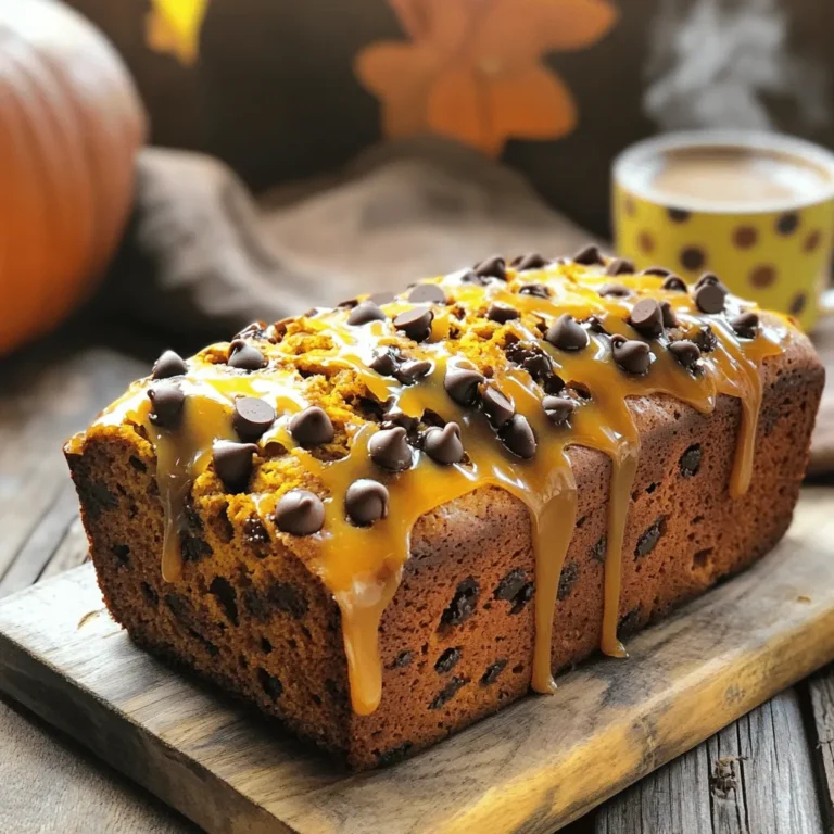 - 1 cup canned pumpkin puree - 1/2 cup vegetable oil - 1/2 cup brown sugar, packed - 1/2 cup granulated sugar - 2 large eggs - 1 teaspoon vanilla extract - 1 1/2 cups all-purpose flour - 1 teaspoon baking soda - 1 teaspoon baking powder - 1 teaspoon ground cinnamon - 1/2 teaspoon ground nutmeg - 1/4 teaspoon ground ginger - 1/4 teaspoon salt - 1 cup semi-sweet chocolate chips - 1/2 cup chopped walnuts or pecans (optional) These ingredients create a rich and moist chocolate chip pumpkin bread. The pumpkin puree gives a soft texture and adds flavor. The mix of sugars balances sweetness and moisture. The eggs help bind everything together, while the oil adds richness. The spices like cinnamon, nutmeg, and ginger bring warmth and aroma. Together, they make the bread perfect for fall or any time you want comfort food. The chocolate chips offer a sweet surprise in every bite. If you like nuts, walnuts or pecans add crunch and depth to the bread. Gather these ingredients before you start. Having everything ready makes the process smooth. Each one plays a key role in making your chocolate chip pumpkin bread a delight for everyone. - Preheat your oven to 350°F (175°C). - Grease a 9x5 inch loaf pan or line it with parchment paper for easy removal. - In a large bowl, combine 1 cup of pumpkin puree, 1/2 cup of vegetable oil, 1/2 cup of brown sugar, and 1/2 cup of granulated sugar. - Mix these until you have a smooth mixture. - Next, add 2 large eggs one at a time, stirring after each addition. - Stir in 1 teaspoon of vanilla extract until it is fully mixed. - In another bowl, whisk together 1 1/2 cups of all-purpose flour, 1 teaspoon of baking soda, 1 teaspoon of baking powder, 1 teaspoon of ground cinnamon, 1/2 teaspoon of ground nutmeg, 1/4 teaspoon of ground ginger, and 1/4 teaspoon of salt. - Gradually add the dry ingredients into the pumpkin mixture. - Stir until just combined; be careful not to overmix. - Fold in 1 cup of semi-sweet chocolate chips and, if you like, 1/2 cup of chopped walnuts or pecans. - Pour the batter into your prepared loaf pan and smooth the top with a spatula. - Bake in your preheated oven for 55-60 minutes. - Check for doneness by inserting a toothpick into the center; it should come out clean. - Once baked, let the bread cool in the pan for about 10 minutes. - Then, transfer it to a wire rack to cool completely. - Ensure all ingredients are at room temperature. This helps the batter mix well, creating a smooth texture. - Avoid overmixing when combining wet and dry ingredients. This keeps the bread tender and light. - Serve the bread warm for a cozy treat. You can drizzle caramel sauce on top for extra flavor. - Pair it with coffee or tea. This combination makes for a delightful snack or light breakfast. - What should you do if the bread sinks? This often happens if the batter is too wet. Make sure to measure your ingredients accurately. - If your oven runs hot or cold, adjust the baking time. A toothpick test is the best way to check for doneness. Insert it into the center; it should come out clean. {{image_2}} You can change this bread to fit your taste. Here are some fun add-ins: - Nuts: Chopped walnuts or pecans add crunch. You can also try hazelnuts or almonds. - Dried Fruits: Raisins or cranberries bring sweetness. If you want chewy bites, add these. - Seeds: Pumpkin seeds or sunflower seeds add a nice crunch and boost nutrition. - Chocolate: Use dark, white, or even milk chocolate. Each type gives a different flavor. Mix and match these add-ins to create your perfect loaf! Looking to make this bread a bit better for you? Here are some ideas: - Applesauce Instead of Oil: Swapping applesauce for oil cuts fat and adds moisture. Use the same amount for a great texture. - Whole Grain Flour: Swap all-purpose flour with whole wheat flour. This adds fiber and nutrients. - Sugar Substitutes: Try using honey or maple syrup. These natural sweeteners can reduce refined sugar content. These changes help you enjoy your treat while being a bit healthier. Want to try something different? Make a savory version of this bread. Here are some ideas: - Savory Spices: Add garlic powder or onion powder for a unique twist. These spices bring an exciting flavor. - Cheese: Mixing in shredded cheese like cheddar can add richness. It gives a great contrast to the sweetness. - Herbs: Fresh herbs like rosemary or thyme can enhance flavor. They add a fresh touch that surprises the palate. These savory ideas let you enjoy pumpkin bread in a whole new way! To keep your chocolate chip pumpkin bread fresh, cool it first. After it cools, wrap it tightly in plastic wrap. This step helps keep the moisture in. You can also place it in an airtight container. A glass or plastic container works well. If stored this way, the bread will stay fresh for about 3 to 5 days at room temperature. If you want to save some for later, freezing is a great option. Slice the bread before freezing for easy serving. Wrap each slice in plastic wrap and then place them in a freezer bag. Be sure to remove as much air as possible to prevent freezer burn. Your bread can last up to 3 months in the freezer. To thaw, just place the slices in the fridge overnight. You can also set them out at room temperature for a few hours. To enjoy your bread warm, use the oven or microwave. For the oven, preheat it to 350°F (175°C). Place the bread on a baking sheet and cover it with foil. Heat for about 10-15 minutes until warm. If you prefer the microwave, place a slice on a plate. Heat it for 10-15 seconds. Be careful not to overheat, or it may get tough. Enjoy the rich and moist flavor of your chocolate chip pumpkin bread! Yes, you can use fresh pumpkin. Start by choosing a sugar pumpkin. Cut it in half and remove the seeds. Roast the halves at 350°F (175°C) for about 45 minutes. Once cool, scoop out the flesh and blend it until smooth. You’ll need about 1 cup of this fresh puree for the recipe. This method adds a fresh taste and bright color to your bread. Chocolate Chip Pumpkin Bread keeps well for about 3-4 days at room temperature. Store it in an airtight container to keep it moist. You can also refrigerate it for up to a week. If you want to keep it longer, freeze slices in a freezer bag. It lasts up to three months in the freezer. Just thaw it overnight in the fridge when you're ready to enjoy it. Yes, you can make this recipe gluten-free! Use a gluten-free all-purpose flour blend. Look for a blend that contains xanthan gum, which helps mimic the texture of regular flour. You can also try almond flour or coconut flour, but adjust the liquid in the recipe since they absorb more moisture. Great toppings can include: - Cream cheese frosting for a sweet touch. - A simple glaze made of powdered sugar and milk. - Chopped nuts for crunch. - A sprinkle of cinnamon sugar for extra flavor. Serve it warm with butter for a cozy treat. Absolutely! This bread is perfect for breakfast. It has a nice balance of sweetness and spice. You can enjoy a slice with coffee or tea. It also serves well as a snack. Pair it with yogurt or fruit for a more complete meal. In this blog post, we covered everything you need to make delicious chocolate chip pumpkin bread. You learned about the key ingredients, easy step-by-step instructions, and helpful tips for baking. We also looked at ways to customize the recipe and how to store leftovers. With this knowledge, you can bake a tasty treat any time. Enjoy sharing your homemade bread with friends or family. You now have all the tools to make perfect chocolate chip pumpkin bread. Let's get baking!