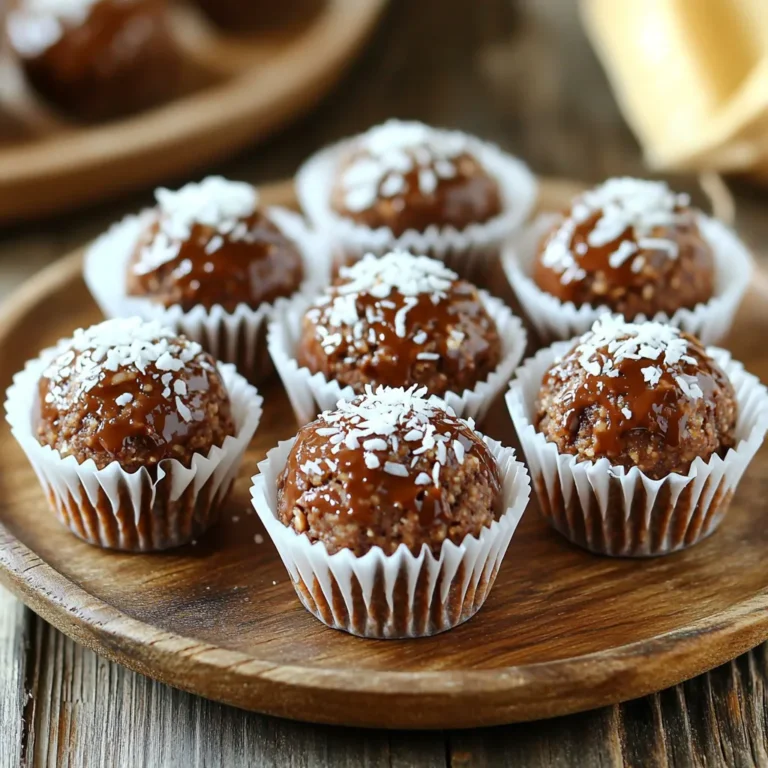 To make No-Bake Chocolate Coconut Energy Bites, you need some simple ingredients. These tasty bites are easy to make and full of flavor. Here’s what you will need: - 1 cup rolled oats - 1/2 cup almond butter (or peanut butter) - 1/2 cup unsweetened shredded coconut - 1/4 cup honey or maple syrup - 1/4 cup cocoa powder - 1/4 cup mini chocolate chips (optional) - 1/2 teaspoon vanilla extract - A pinch of salt These ingredients pack a punch of energy and taste. The rolled oats give a great base. Almond butter or peanut butter adds creaminess and protein. Shredded coconut gives a nice texture. Honey or maple syrup sweetens the bites. Cocoa powder brings that rich chocolate flavor. Mini chocolate chips? They add surprise! The vanilla extract and salt make all the flavors pop. Gather these ingredients, and you are ready to start your energy bite adventure! 1. In a large mixing bowl, combine the rolled oats, almond butter, and shredded coconut. This mix gives the bites a great base. 2. Next, add the honey or maple syrup, cocoa powder, mini chocolate chips, vanilla extract, and a pinch of salt. Each ingredient adds a special flavor. 3. Mix all the ingredients together with a spatula or your hands until everything blends well. The mixture should feel sticky but hold together nicely. 4. If the mixture feels too dry, add a little more almond butter or honey. You want a good, moist texture. 5. Once everything is well combined, use your hands to roll the mixture into small balls. Aim for about 1 inch in diameter. 6. Place the rolled energy bites on a baking sheet lined with parchment paper. This will help with easy cleanup. 1. Refrigerate the energy bites for about 30 minutes. This helps them firm up nicely. 2. Once they are set, transfer the bites to an airtight container. Store them in the fridge for up to a week. This way, you can enjoy them anytime! To get the right texture, the moisture levels matter. If your mixture feels too dry, add a bit more almond butter or honey. This will help it stick together better. On the flip side, if it feels too wet, sprinkle in a bit more oats. This keeps the energy bites from being too sticky or falling apart. Crumbly bites can ruin the fun. To avoid this, ensure you mix well until all parts blend evenly. Use your hands to press the mixture together. This helps it stick well and form nice balls. Serving your energy bites can be fun! Place them in mini cupcake liners for a cute look. This makes them easy to grab and adds a nice touch to your table. You can also stack them on a plate for a lovely display. For a decorative twist, sprinkle extra shredded coconut on top. This adds texture and makes them pop visually. You can also drizzle a little melted chocolate over them for a fancy finish. {{image_2}} You can easily change some ingredients in this recipe. Swap almond butter for peanut butter if you like. Sunflower seed butter also works well for a nut-free option. For sweeteners, use maple syrup or agave syrup instead of honey. Each choice adds its own flavor twist. Want to up the energy in your bites? Adding protein powder gives them a boost. Use chocolate or vanilla protein powder for extra flavor. You can also mix in spices like cinnamon or nutmeg. These spices add warmth and depth to the taste. Just remember to keep it balanced so the chocolate still shines. To keep your No-Bake Chocolate Coconut Energy Bites fresh, store them in an airtight container. This helps prevent moisture and keeps them from drying out. I recommend using a glass container with a tight lid for the best results. These energy bites will last in the fridge for up to one week. Just remember to check for any signs of spoilage before enjoying them. If you notice any changes in smell or texture, it’s best to toss them out. You can also freeze these energy bites for longer storage. To freeze them, place the bites in a single layer on a baking sheet. Make sure they do not touch each other. Freeze them for about one hour. After that, transfer them to an airtight bag or container. This method helps them keep their shape. When you want to eat them, simply take out how many you need. You can thaw them in the fridge overnight or at room temperature for a few hours. Enjoy your tasty bites whenever you want! No-Bake Chocolate Coconut Energy Bites last for up to one week in the fridge. Store them in an airtight container to keep them fresh. The cool temperature helps them stay firm and tasty. After a week, they may lose their flavor and texture, so enjoy them while they are fresh! Yes, you can easily make these bites vegan. Just swap the honey for maple syrup. Both options add sweetness, but maple syrup is the vegan choice. Also, ensure your chocolate chips are dairy-free if you add them. This way, you can still enjoy a rich flavor without animal products. Absolutely! If you need a nut-free option, use sunflower seed butter instead of almond or peanut butter. It offers a similar creamy texture. You can also try soy nut butter, which is a great substitute. These swaps let everyone enjoy the bites, even those with nut allergies! These no-bake chocolate coconut energy bites are fun and easy to make. You mix simple ingredients like oats, nut butter, and honey. You can adjust flavors and textures to suit your taste. Remember to store them well for lasting freshness. With tips on variations and serving ideas, you can make this recipe your own. Enjoy your tasty, healthy snack whenever you need a boost! No matter how you personalize the bites, they are sure to please.