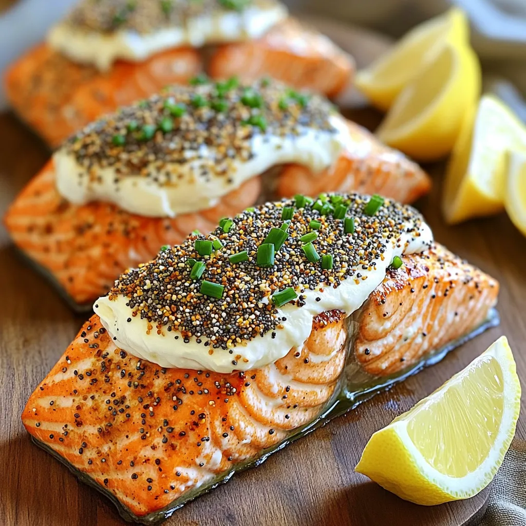 - 2 salmon fillets (6 ounces each) - 1 tablespoon olive oil - 2 tablespoons everything bagel seasoning - 1 tablespoon cream cheese, softened - 1 tablespoon freshly chopped chives (or green onions) - Lemon wedges, for serving - Each serving has about 350 calories. - Protein: 30g, Fat: 22g, Carbohydrates: 5g. The main ingredients for Air Fryer Everything Bagel Salmon are simple and easy to find. You need salmon fillets, olive oil, and everything bagel seasoning. I suggest using fresh salmon for the best flavor. The olive oil helps the seasoning stick and adds richness. Everything bagel seasoning gives the salmon a nice crunch and flavor. For garnish, cream cheese adds a creamy touch. Chives or green onions add a fresh taste and color. Lemon wedges are great for squeezing over the cooked salmon. They add brightness and cut through the richness. Now, let’s talk about the nutrition. This dish is high in protein and healthy fats. Each serving has about 350 calories, making it a filling choice. The balance of protein, fat, and carbs keeps you satisfied. - Preheat your air fryer to 400°F (200°C). This takes about 5 minutes. - Pat the salmon fillets dry with paper towels. This helps the seasoning stick better. - In a small bowl, combine 1 tablespoon of olive oil and 1 tablespoon of softened cream cheese. Mix until smooth. - Apply this olive oil-cream cheese mixture on top of each salmon fillet. Make sure to cover them well. - Generously sprinkle 2 tablespoons of everything bagel seasoning on top of the fillets. Ensure an even coverage. - Place the seasoned salmon fillets in the air fryer basket, skin side down. Do not overcrowd the basket. - Cook the salmon at 400°F (200°C) for 10-12 minutes. Check for doneness at 10 minutes. The salmon should flake easily with a fork and reach an internal temperature of 145°F (63°C). - Carefully remove the salmon using a spatula to avoid breaking the fillets. - Garnish with freshly chopped chives or green onions. Serve with lemon wedges on the side for a bright touch. Drying your salmon fillets is key. Pat them with paper towels. This helps the seasoning stick and makes a crisp top. If the fillets are wet, the seasoning will slide off. For seasoning, cover the fillets well. Use enough everything bagel seasoning to coat the top evenly. This gives you that nice crunch and great flavor. Don't be shy—more seasoning means more taste! Pair your salmon with fresh sides. Roasted veggies like asparagus or broccoli work great. A simple salad with mixed greens adds a nice crunch. For toppings, try a dollop of cream cheese. You can also add fresh herbs like dill or parsley. If you want a zing, a squeeze of lemon brightens everything up. Avoid overcrowding the basket. This allows hot air to flow around each fillet. If you put too many in, they won't cook evenly. Cook in batches if needed. After cooking, clean your air fryer. Let it cool down first. Use warm soapy water for the basket and tray. A clean air fryer ensures great taste and long life. {{image_2}} You can change the flavor of your salmon by using different seasonings. Try using lemon pepper for a zesty kick. You could also add garlic powder for more depth. If you like a bit of heat, sprinkle in some cayenne pepper. Herbs can bring freshness to your dish. Consider adding dill or parsley to the cream cheese mix. These herbs pair well with salmon and enhance the taste. Different types of salmon can bring new flavors. Sockeye salmon has a rich taste and a deep red color. Coho salmon is milder and perfect for those who prefer less fishy flavors. When using thicker fillets, you may need to cook them longer. For thinner pieces, reduce the cooking time to avoid dryness. Always check for flakiness to ensure perfect doneness. If you don’t have an air fryer, you can bake the salmon in a traditional oven. Preheat the oven to 400°F (200°C) and cook for about 15-18 minutes. Broiling is another option. Place the salmon on a baking sheet and broil for 8-10 minutes. This method gives a nice crisp on top while keeping the inside moist. To keep your salmon fresh, you should refrigerate it quickly. Place the salmon in a shallow container. Cover it tightly with a lid or plastic wrap. This helps keep out air and moisture. Use a container that is safe for food storage. Glass or plastic works well. When reheating your salmon, the goal is to keep it moist. You can use the air fryer or oven. Set your air fryer to 350°F (175°C). Heat it for about 5-7 minutes. If using an oven, set it to the same temperature. Place salmon on a baking tray and heat for 10 minutes. Check to ensure it’s warm all the way through. Freezing salmon is a great option for leftovers. Wrap each piece tightly in plastic wrap. Then, place it in a freezer bag. This helps prevent freezer burn. When ready to eat, thaw the salmon in the fridge overnight. Avoid thawing it in hot water, as this can cook the fish. After thawing, reheat it using the methods above. Cooking salmon in an air fryer usually takes about 10 to 12 minutes. The time may change based on the thickness of the fillets. Thicker pieces may need a few extra minutes. Always check for doneness by using a fork to see if the salmon flakes easily. The internal temperature should reach 145°F for safe eating. You can use both fresh and frozen salmon for this recipe. If using frozen salmon, make sure to thaw it first. Thawing helps the salmon cook evenly. Fresh salmon gives a better texture and taste, but frozen works well too. Just remember to adjust the cooking time slightly if your fillets are thicker. If you don't have everything bagel seasoning, you can mix your own. Combine garlic powder, onion powder, sesame seeds, poppy seeds, and salt. This will give you a similar flavor profile. You can also add dried herbs like dill or thyme for extra taste if you like. Yes, using skin-on salmon is fine for air frying. The skin can help keep the salmon moist while cooking. It also adds a nice crispy texture. If you prefer skinless salmon, that works too. Just remember to adjust your cooking time slightly as skinless fillets may cook a bit faster. In this post, we covered how to make simple and tasty air fryer salmon. You learned about the main ingredients and some great garnishes. I shared clear steps for preparation, cooking tips, and variations you can try. Storing and reheating leftover salmon was also discussed. Cooking salmon in an air fryer can be fun and easy. With the right steps, you can enjoy delicious, healthy meals any day!
