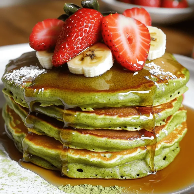To make soft and fluffy matcha green tea pancakes, gather these ingredients: - 1 cup all-purpose flour - 2 tablespoons matcha green tea powder - 2 tablespoons sugar - 1 teaspoon baking powder - ½ teaspoon baking soda - ¼ teaspoon salt - 1 large egg - 1 cup buttermilk (or 1 cup milk with 1 tablespoon vinegar) - 2 tablespoons melted unsalted butter - 1 teaspoon vanilla extract - Extra butter for cooking - Maple syrup and fresh fruit for serving Each ingredient plays a role in creating the perfect pancake. The all-purpose flour gives structure, while matcha adds a unique flavor and a lovely green hue. Sugar balances the bitterness of matcha, and baking powder and baking soda help the pancakes rise. The egg and buttermilk create a tender texture. Using unsalted butter in the batter enhances flavor, while vanilla extract adds warmth. The extra butter is key for cooking, ensuring pancakes do not stick. Finally, the maple syrup and fresh fruit make serving a delight. Enjoy gathering these ingredients; they lead to a delightful breakfast! First, grab a large mixing bowl. Add 1 cup of all-purpose flour. Then, add 2 tablespoons of matcha green tea powder. Sprinkle in 2 tablespoons of sugar, 1 teaspoon of baking powder, ½ teaspoon of baking soda, and ¼ teaspoon of salt. Use a whisk to mix everything well. This step is key for nice, even flavor. Next, take another bowl and beat 1 large egg. Then, add 1 cup of buttermilk, 2 tablespoons of melted unsalted butter, and 1 teaspoon of vanilla extract. Mix until smooth. This mixture adds moisture and flavor to your pancakes. Now, pour the wet ingredients into the dry ones. Gently stir until just combined. A few lumps are fine; don’t overmix! Heat a non-stick skillet over medium heat and add a pat of butter to coat the pan. For each pancake, pour about ¼ cup of batter onto the skillet. Cook until bubbles form on top, about 2-3 minutes. Flip the pancakes and cook for another 1-2 minutes until they are golden brown. Repeat this with the leftover batter, adding more butter as needed. Your fluffy matcha pancakes are ready to enjoy! When making matcha pancakes, you want a smooth batter. Avoid overmixing the batter. Stir just until you see no dry flour. Some lumps are okay. If your batter looks too thick, add a splash of buttermilk. This small change makes your pancakes light and fluffy. Get your skillet ready. Heat it on medium. A hot skillet is key for perfect pancakes. Add a pat of butter to coat the surface. This helps prevent sticking and gives a nice golden color. Pour about ¼ cup of batter for each pancake. Watch for bubbles on the surface. This shows they are ready to flip. Cook until golden brown, about 2-3 minutes. Stack your pancakes high for a lovely look. Drizzle warm maple syrup over them. Top with fresh fruits like strawberries or bananas. This adds color and flavor. For an elegant touch, sprinkle a little matcha powder on top. It makes your dish pop with color! {{image_2}} You can make these pancakes dairy-free by using almond or coconut milk. Just replace buttermilk with 1 cup of almond or coconut milk. If you want a creamier texture, add a splash of vinegar. This will mimic buttermilk's tanginess. The pancakes will still be soft and fluffy, even without dairy! To make your pancakes extra special, try adding chocolate chips or nuts to the batter. Chocolate chips bring a sweet, rich taste. Nuts, like walnuts or pecans, add a nice crunch. Mix in about ½ cup of either option. Just fold them in gently after combining your wet and dry ingredients. The result will be a delightful twist on a classic pancake! For serving, think beyond syrup! Whipped cream adds a light, fluffy topping. Flavored yogurt, like vanilla or berry, pairs well too. You can also stack pancakes high and top them with fresh fruit. This adds color and flavor. Try strawberries, bananas, or blueberries for a burst of freshness. These simple changes will make your matcha pancakes shine! To store leftover pancakes, let them cool first. Then, stack the pancakes with a piece of parchment paper between each one. Place them in an airtight container. This method prevents sticking and keeps them fresh. You can refrigerate them for up to three days. To reheat pancakes, use a skillet or microwave. On the skillet, warm them over low heat. Flip them once to heat both sides. This helps them stay soft. If using a microwave, place pancakes on a plate. Cover them with a damp paper towel and heat for 20-30 seconds. Check to see if they are warm enough. To freeze pancakes, first cool them completely. Then, stack them with parchment paper in between. Wrap the stack in plastic wrap and place it in a freezer bag. Label it with the date. You can freeze pancakes for up to two months. When ready to eat, thaw them in the fridge overnight before reheating. Yes, you can make these pancakes gluten-free. Use a gluten-free flour blend instead of all-purpose flour. Look for blends that include rice flour, tapioca flour, and potato starch. These blends often work well in pancake recipes. If you do not have matcha powder, you can try other flavors. Cocoa powder gives a rich chocolate taste. You can also use vanilla extract for a sweet flavor. Try adding spices like cinnamon for a warm twist. Watch for bubbles forming on the pancake surface. When the bubbles pop, it’s time to flip. Cook until both sides are golden brown. The pancakes should feel firm yet springy when you touch them. You now have all the steps to make delicious matcha pancakes. We covered the ingredients, mixing, and cooking. You learned tips to avoid overmixing and how to present your pancakes nicely. Feel free to try different flavors or dairy-free options. Remember to store any leftovers properly for later. With this guide, you can impress anyone with your matcha pancake skills. Enjoy your cooking!