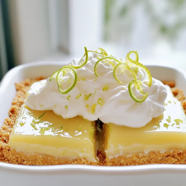 To make No-Bake Key Lime Pie Bars, gather these simple ingredients: - 1 ½ cups graham cracker crumbs - ⅓ cup granulated sugar - ½ cup unsalted butter, melted - 1 (14 oz) can sweetened condensed milk - ½ cup fresh key lime juice (or regular lime juice) - Zest of 2 key limes - 1 teaspoon pure vanilla extract - 1 cup heavy whipping cream - 2 tablespoons powdered sugar - Extra lime zest for garnish Each ingredient plays a key role in the flavor and texture of the bars. The graham cracker crumbs give a nice crunch and sweetness. The butter binds the crumbs together, making the crust rich. Sweetened condensed milk adds creaminess and sweetness to the filling. Key lime juice brings that unique tartness. The vanilla extract enhances all the flavors. Whipping cream makes the filling light and fluffy. The powdered sugar balances the cream's taste. Finally, extra lime zest is perfect for garnish, adding a pop of color and flavor. You can adjust ingredients based on your taste. For example, if you want a sweeter pie, add more sugar. If you like a stronger lime flavor, use more lime juice and zest. This recipe is flexible and fun to play with! - In a medium bowl, mix 1 ½ cups of graham cracker crumbs, ⅓ cup of granulated sugar, and ½ cup of melted unsalted butter. - Stir until the crumbs look like wet sand. This blend gives your crust a rich flavor. - Transfer the mixture to a 9x9-inch baking pan lined with parchment paper. - Press the crumb mix firmly into the bottom of the pan to form an even layer. - Refrigerate while you prepare the filling. This step helps the crust hold together. - In a mixing bowl, combine 1 can of sweetened condensed milk and ½ cup of fresh key lime juice. - Add the zest of 2 key limes and 1 teaspoon of pure vanilla extract. - Whisk until the mixture is smooth and well combined. The lime juice gives it a zesty punch. - In a separate bowl, beat 1 cup of heavy whipping cream with an electric mixer. - Keep beating until soft peaks form. This can take a few minutes, so stay patient. - Gradually add in 2 tablespoons of powdered sugar. Continue beating until stiff peaks form. - Gently fold the whipped cream into the lime filling mixture. - Be careful not to deflate the whipped cream; you want to keep it light and airy. - Pour the lime filling over the prepared graham cracker crust. Smooth it out evenly. - Cover the pan with plastic wrap. - Refrigerate for at least 4 hours, or until firm. This cooling time allows the flavors to meld. - Once the bars are set, use the parchment paper to lift them out of the pan. - Cut into squares and garnish with extra lime zest on top. This adds a nice touch! To get a crust that holds well, press it down firmly. Use a flat object, like a measuring cup, to pack it evenly. Make sure the edges are also pressed down. If you want to try a different crust, use crushed cookies or nuts. Almond flour can make a tasty gluten-free option. Whipping cream well is key to a fluffy filling. Beat it until soft peaks form first. Then, slowly add the powdered sugar. This helps it stay stable. When you fold the whipped cream into the lime mix, be gentle. Use a spatula and fold slowly to avoid losing air. These pie bars go great with fresh fruit on the side. Slices of kiwi or strawberries add color. For a fun touch, serve them in small cups. This makes for a neat presentation. You can also sprinkle extra lime zest on top for a bright finish. {{image_2}} You can change the taste of your No-Bake Key Lime Pie Bars in fun ways. First, try using regular lime juice instead of key lime juice. This option gives a slightly different flavor but still tastes great. You can also add coconut flavor to the filling. Just mix in a little coconut extract. This will give your bars a tropical twist. If you need gluten-free bars, switch the graham cracker crumbs. Use gluten-free crumbs made from nuts or oats. This makes a tasty crust that everyone can enjoy. For a vegan option, replace the sweetened condensed milk with coconut cream. Use a plant-based whipped cream too. These changes keep the bars creamy and delicious. How you serve these bars can make them even more special. Consider serving them in individual cups. This makes them easy to grab and enjoy at parties. You can also garnish your bars with fresh fruit like berries or a dollop of whipped cream. Extra lime zest on top adds a nice touch and makes them look pretty. To keep your no-bake key lime pie bars fresh, choose an airtight container. Glass or plastic containers work well. Store the bars in the fridge for the best taste and texture. Make sure they are covered tightly to avoid drying out. If you want to save some bars for later, freezing is easy. First, cut the bars into squares. Wrap each square in plastic wrap. Then, place them in a freezer bag or container. Be sure to remove as much air as you can. To thaw, take them out of the freezer and put them in the fridge overnight. This keeps them nice and tasty. For the best flavor, enjoy these bars within five days when stored in the fridge. If frozen, they can last up to three months. Check for changes in color or texture as signs of spoilage. If they look or smell off, it's best to toss them. The bars take at least 4 hours to set. I recommend chilling them overnight for the best results. This extra time helps the filling firm up nicely. Yes, you can use bottled lime juice. However, fresh key lime juice gives the best flavor. If you can, choose fresh for a brighter taste. To cut the bars, first chill them until firm. Use a sharp knife for clean cuts. Wipe the knife with a damp cloth between cuts for neat slices. Absolutely! You can prepare these bars a day or two ahead. Just store them in the fridge until you are ready to serve. The filling is set when it is firm to the touch. You can also gently shake the pan; it should not jiggle. If it feels soft, give it more time in the fridge. This blog post covered how to make delicious Key Lime Bars. We discussed ingredients, step-by-step instructions, and helpful tips. You learned about variations and storage methods too. Key Lime Bars are easy to make and fun to share. With practice, you'll get the flavors just right. Enjoy making these treats for friends and family. Your next gathering will be a hit with these tasty bars!