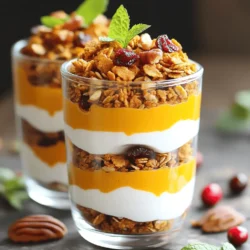 - 2 cups granola (preferably pumpkin spice flavor) - 4 cups Greek yogurt (plain or vanilla) - 1 cup pumpkin puree - 2 tablespoons maple syrup (adjust for sweetness) - 1 teaspoon pumpkin pie spice - 1/2 teaspoon vanilla extract - 1/2 cup chopped pecans or walnuts - 1/2 cup dried cranberries or raisins These ingredients create a balance of flavors and textures. The granola offers crunch. The Greek yogurt provides creaminess. The pumpkin puree adds rich taste. Maple syrup sweetens it all up. Pumpkin pie spice brings warmth, while nuts and fruits add interest. - Fresh mint leaves for garnish - Additional sweeteners like honey or agave - Different nuts such as almonds or cashews - Alternative dried fruits like apricots or cherries You can make this parfait your own. Add fresh mint for a pop of color. Use different nuts to change the crunch. Try other dried fruits for new flavors. This way, you can fit the parfait to your taste. - Granola: Look for brands like Nature Valley or Bear Naked for a good pumpkin spice flavor. - Greek Yogurt: Chobani and Fage are both great options for creamy textures. - Pumpkin Puree: Libby’s is a trusted brand that delivers rich pumpkin flavor. - Maple Syrup: Choose pure maple syrup for the best taste, like Grade A or B. Using these suggested brands can enhance your parfait. They provide quality and flavor that make a difference. Trust these options to create a tasty treat. First, gather your ingredients. You need pumpkin puree, maple syrup, pumpkin pie spice, and vanilla extract. In a bowl, mix 1 cup of pumpkin puree with 2 tablespoons of maple syrup. Add 1 teaspoon of pumpkin pie spice and 1/2 teaspoon of vanilla extract. Stir well until everything is smooth. This is your pumpkin yogurt layer. The mix gives a sweet and spicy flavor. Grab your serving glasses or bowls. Start with a layer of Greek yogurt, about 1/2 cup. Next, add 1/4 cup of the pumpkin yogurt mixture on top. Sprinkle 1/4 cup of granola over the pumpkin yogurt. Then, add a layer of chopped pecans or walnuts, about 1/2 cup. Follow that with a sprinkle of dried cranberries or raisins. Repeat the layers until your glasses are full. Finish with a final layer of granola on top. To make your parfaits look great, drizzle some extra maple syrup on top of the granola. You can also add fresh mint leaves for color. Using clear glasses helps show off the beautiful layers of yogurt, pumpkin, and granola. For a fun touch, place a cinnamon stick in each parfait. This adds both flavor and a nice look. Layering is key for a great parfait. Start with Greek yogurt. Use about 1/2 cup. Next, add a 1/4 cup of the pumpkin yogurt mixture. Then, sprinkle 1/4 cup of granola. Make sure to press down gently. This helps the layers stick. Repeat until your glass is full. Finish with a top layer of granola. A little crunch on top looks nice! You can change the sweetness to fit your taste. If you want it sweeter, add more maple syrup. Just remember, too much can make it too sticky. The pumpkin pie spice adds warmth. You might want to try adding a pinch more for extra flavor. Adjust the vanilla too. A little extra can enhance the taste. These parfaits work for many events. Serve them at brunch for a tasty treat. They also make great snacks. Store them in the fridge for a quick breakfast. For a party, use clear glasses to show the layers. You can even add a cinnamon stick for flair. Fresh mint leaves add color and freshness. Enjoy them at home or share with friends! {{image_2}} You can switch up the granola flavor in your parfait. Try apple cinnamon granola for a fruity twist. Honey almond granola adds a nice crunch. Chocolate granola makes it feel like dessert. Each option gives a new taste, keeping it fresh and fun. For a dairy-free or vegan parfait, use coconut yogurt instead of Greek yogurt. Almond yogurt works well too. You can still enjoy the pumpkin yogurt mix. Just make sure your granola is vegan-friendly. This way, everyone can enjoy this tasty treat! You can change the parfait for holidays. For Thanksgiving, add chopped apples or pecans. For Christmas, try adding peppermint extract to the yogurt. In the spring, use fresh berries instead of cranberries. Each holiday brings a new chance to create a delightful layer! To store leftover parfaits, cover them tightly. Use plastic wrap or a lid. This keeps them fresh. You can keep them in the fridge for up to three days. If the layers mix, don’t worry. They still taste great! You can make the pumpkin yogurt layer ahead of time. Mix the pumpkin puree, maple syrup, and spices. Store this mix in the fridge. You can layer it with yogurt and granola later. Just build the parfaits the day you plan to serve them. Use clear glass jars or bowls for storage. They show off the pretty layers. Mason jars are great too. They seal well and are easy to transport. If you have plastic containers, those work, but they hide the beauty of the parfait. Yes, you can use regular yogurt. It will change the texture. Greek yogurt is thicker and creamier. Regular yogurt will make a lighter parfait. These parfaits last for about three days in the fridge. Keep them covered to stay fresh. The granola may get soft over time. You can use applesauce or mashed banana instead of pumpkin puree. This will change the flavor, but it can still be tasty. Each option adds a unique sweetness. You can use honey or agave syrup as a substitute. Both alternatives add sweetness. Adjust the amount to match your taste. Yes, you can make this recipe gluten-free. Use gluten-free granola. Check the labels on all ingredients to ensure they are gluten-free. This blog post explored how to make delicious pumpkin spice granola yogurt parfaits. We covered essential ingredients, preparation steps, and tips to perfect your parfaits. Customizing your recipe adds personal flair. You can even adjust the flavors to suit your taste. Remember to store leftovers properly and consider variations for different seasons. Now you’re ready to impress your friends and family with this tasty treat. Enjoy making these parfaits as much as you love eating them!