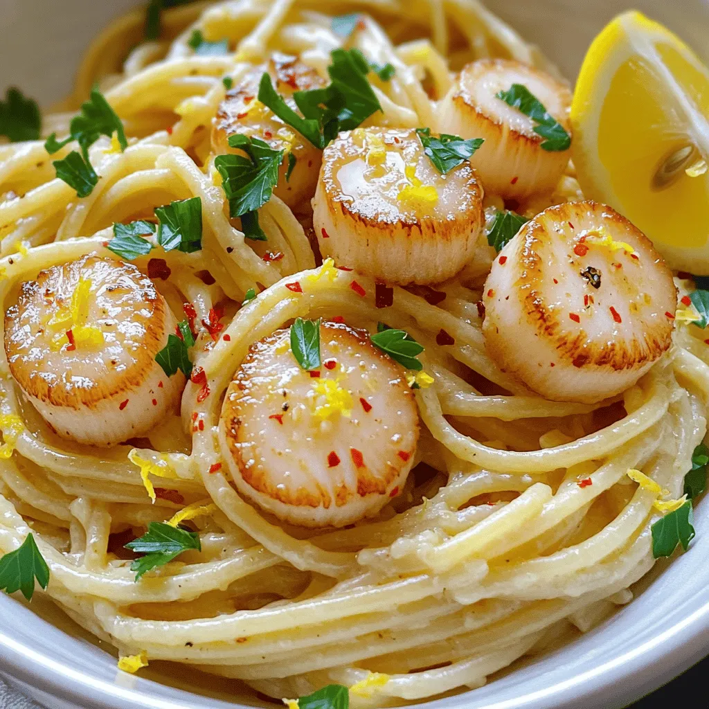 - 8 oz spaghetti or fettuccine - 1 lb scallops, patted dry - 4 tablespoons unsalted butter - 4 cloves garlic, minced - 1 lemon, zested and juiced - 1/2 teaspoon red pepper flakes - 1/4 cup fresh parsley, chopped - Grated Parmesan cheese for serving (optional) - Salt and pepper - Pasta water To make Garlic Butter Scallop Pasta, you need fresh, simple ingredients. Pasta forms the base, so choose spaghetti or fettuccine. Scallops are the star of the dish. They add a sweet, delicate flavor. Use unsalted butter to control the salt in your meal. Garlic is key for flavor. I always use fresh garlic, minced for the best taste. For seasoning, lemon juice and zest brighten the dish. Red pepper flakes add a nice kick. Fresh parsley not only adds color but fresh flavor too. If you like cheese, Parmesan works well on top. Don't forget the cooking essentials: salt and pepper for seasoning your pasta and scallops. Reserve some pasta water. It helps combine everything smoothly. Enjoy gathering these ingredients as you prepare for a quick, tasty meal! Start by boiling water in a large pot. Add a good amount of salt; this helps flavor the pasta. Once the water is boiling, add 8 oz of spaghetti or fettuccine. Cook it for about 8-10 minutes until it is al dente. This means it should still have a bit of bite. After cooking, reserve about 1 cup of the pasta water. Then, drain the pasta in a colander and set it aside for later. Next, prepare a large skillet. Heat 2 tablespoons of unsalted butter over medium-high heat. While the butter melts, pat 1 lb of scallops dry with a paper towel. Season them well with salt and pepper. When the butter is hot, add the scallops in a single layer. Sear them for 2-3 minutes on one side until they turn golden brown. Flip them over and cook for another 2-3 minutes. Once done, remove the scallops from the skillet and set them aside. In the same skillet, lower the heat to medium. Add the remaining 2 tablespoons of unsalted butter. Let it melt completely. Then, add 4 cloves of minced garlic and 1/2 teaspoon of red pepper flakes. Cook this mixture for about 1-2 minutes. Stir it well, but be careful not to burn the garlic. You want it fragrant and soft. Now, add the cooked pasta to the skillet with the garlic butter sauce. Use tongs to toss the pasta and coat it well. If the pasta seems dry, slowly add some of the reserved pasta water. Keep mixing until you reach your desired consistency. The sauce should cling to the pasta nicely. To finish, stir in the juice and zest of 1 lemon. This adds a bright flavor. Gently add the seared scallops back into the skillet. Toss everything together for about one more minute to heat it through. Taste and adjust seasoning with salt and pepper if needed. For serving, place the pasta in deep bowls. Sprinkle with fresh chopped parsley for a pop of color. If you like, add some grated Parmesan cheese on top. Serve it hot, and enjoy it with a light salad on the side for a complete meal. When choosing scallops, I recommend fresh over frozen. Fresh scallops have a sweet taste and firm texture. If you must use frozen, thaw them properly before cooking. Look for scallops that are plump and moist. Avoid those that smell overly fishy. Your local fish market is a great place to find high-quality scallops. Ask about their catch of the day for the best flavor. Cooking garlic takes just a few minutes. Keep an eye on it to avoid burning. Burnt garlic can ruin your sauce's taste. I like to cook it until it's fragrant but not brown. For spice lovers, adjust the red pepper flakes to your taste. Start with half a teaspoon and add more if you want heat. Overcooking scallops is the most common mistake. They cook quickly, just 2-3 minutes per side. They should be golden brown and opaque when done. Another mistake is not reserving enough pasta water. This water helps bind the sauce to the pasta. Always save at least one cup of it. It can make your dish creamy and flavorful. {{image_2}} You can make this dish even better by adding vegetables. Seasonal veggies like spinach, asparagus, or cherry tomatoes work great. To add them, sauté the vegetables in the skillet after cooking the garlic. This adds color and nutrition to your meal. Just be sure to cook them until they are tender but still bright. If you want a change, shrimp or chicken can replace scallops. For shrimp, use the same cooking time as scallops. Just make sure they turn pink and opaque. If you choose chicken, cut it into small pieces. Cook it longer until it’s fully cooked. This way, you keep the dish tasty and satisfying. You can easily make this dish gluten-free. Use gluten-free pasta made from rice or quinoa. Check the sauce too; make sure all ingredients are gluten-free. You can still enjoy the rich garlic butter flavor with these swaps, so don’t worry about missing out. To store leftovers, let the pasta cool first. Place it in an airtight container. This keeps it fresh for up to three days. Glass or plastic containers work well. Just make sure they seal tight. For best results, reheat the pasta in a skillet. Heat it on low to medium. Add a splash of water or broth to keep it moist. Stir gently for about 5 minutes. If you prefer the microwave, use a microwave-safe bowl. Heat it on medium power for 2-3 minutes, stirring halfway through. You can freeze this dish if you have extra. Divide it into portions. Use freezer-safe containers or bags. Squeeze out air to prevent freezer burn. It can stay frozen for up to three months. To thaw, place it in the fridge overnight. Reheat as mentioned above. This keeps the texture nice and tasty. This dish is quick and easy to prepare. It takes about 5 minutes to prep and 15 minutes to cook. In total, you can enjoy your meal in just 20 minutes. Yes, you can switch up the pasta! While spaghetti or fettuccine works best, you can also use: - Linguine - Penne - Gluten-free pasta Each type of pasta brings a unique texture but pairs well with garlic butter. Look for a few signs to know your scallops are done: - They should be opaque. - They will have a nice golden crust. - They should feel firm to the touch. Overcooking makes them tough, so watch them closely! Yes, this dish can work for meal prep! You can cook the pasta and scallops ahead of time. Store them in airtight containers in the fridge. When you are ready to eat, just reheat and add fresh lemon and parsley. You can easily make this dish dairy-free! Instead of butter, use these options: - Olive oil - Coconut oil - Vegan butter Each option will give you a nice flavor while keeping it dairy-free! In this post, we explored the delightful Garlic Butter Scallop Pasta. We covered key ingredients, including scallops, garlic, and seasonings. I provided step-by-step instructions for cooking, mixing, and serving. You learned tips for selecting fresh scallops and avoiding common mistakes. Variations included adding veggies or trying different proteins. Finally, I shared storage tips to keep leftovers fresh. Cooking this dish can be easy and fun. With practice, you’ll impress yourself and others with your skills! Enjoy your kitchen adventure!