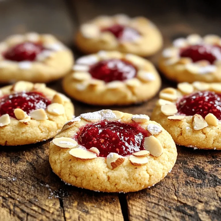 To make these delightful cookies, you need: - 1 cup unsalted butter, softened - 1/2 cup granulated sugar - 1 cup powdered sugar - 1 teaspoon vanilla extract - 2 cups all-purpose flour - 1/2 cup almond flour - 1/4 teaspoon salt - 1/2 cup raspberry jam These ingredients come together to create a soft and tasty cookie. The blend of almond flour adds a nutty flavor. The raspberry jam gives a sweet and tart touch. You can enhance your cookies with: - 1/4 cup sliced almonds (for garnish) - Additional powdered sugar for dusting The sliced almonds add crunch and texture. Dusting with powdered sugar makes them look extra special. If you need to substitute ingredients, here are some ideas: - Use coconut oil instead of butter for a dairy-free option. - Swap raspberry jam with strawberry or apricot jam for a different flavor. - Use gluten-free flour blends if you want gluten-free cookies. These substitutions let you customize the cookies to fit your needs. Feel free to experiment and find what you love best! Start by preheating your oven to 350°F (175°C). Grab a baking sheet and line it with parchment paper to prevent sticking. In a large bowl, mix 1 cup of softened unsalted butter with 1/2 cup of granulated sugar and 1 cup of powdered sugar. Beat this mixture until it is light and fluffy. Add 1 teaspoon of vanilla extract and mix well. In another bowl, whisk together 2 cups of all-purpose flour, 1/2 cup of almond flour, and 1/4 teaspoon of salt. Slowly add the dry mix to the butter mixture. Stir until a soft dough forms. Scoop about a tablespoon of dough and roll it into a ball. Place each ball on the lined baking sheet, leaving space between them. Now it’s time to create the thumbprint! Use your thumb or the back of a teaspoon to make a small dent in each dough ball. Fill each dent with about half a teaspoon of raspberry jam. If you like, sprinkle sliced almonds around the edges for extra crunch. Bake the cookies in the preheated oven for 12-15 minutes. Look for lightly golden edges as a sign they are ready. Once baked, let the cookies sit on the baking sheet for a few minutes. Then, transfer them to a wire rack to cool completely. For a lovely touch, dust the cookies with more powdered sugar before serving. Enjoy these cookies with a cup of tea or coffee for a delightful treat! To get the best cookie texture, start with softened butter. It helps blend well with the sugars. Cream the butter and sugars until light and fluffy. This step adds air to the mix, making your cookies soft. Use a mix of all-purpose flour and almond flour for a nice crumb. Almond flour adds a bit of moisture and flavor. One common mistake is overmixing the dough. Mix just until combined to keep cookies tender. Avoid using cold butter, as it won't cream properly. Also, don't skip the chilling step if you want thicker cookies. Lastly, watch the baking time closely. Overbaking makes cookies hard instead of soft. You can make the dough a day ahead. After mixing, wrap it in plastic wrap and chill in the fridge. This helps the flavors blend and the dough firm up. You can also freeze the dough. Scoop the dough balls and place them on a baking sheet. Freeze until solid, then transfer to a bag. When ready to bake, just add a minute or two to the baking time. {{image_2}} You can switch up the jam in these cookies. Try strawberry or blueberry jam. Each option gives a new taste. You might also use apricot or peach jam for a fruity twist. If you prefer a tart flavor, go for sour cherry jam. These swaps keep the cookies fresh and fun. Making these cookies gluten-free is easy. Use a gluten-free flour blend in place of all-purpose flour. Check the blend for a good taste. For nut-free options, skip the almond flour. You can replace it with more all-purpose flour. This way, everyone can enjoy these treats without worry. To make these cookies more exciting, add flavors. A few drops of almond extract boost the almond taste. You can also add a pinch of cinnamon for warmth. For a zesty kick, mix in some lemon zest. These small changes bring big flavor to each cookie. To keep your raspberry almond thumbprint cookies fresh, store them in an airtight container. This helps prevent them from drying out. Place layers of parchment paper between the cookies if you stack them. This keeps the cookies from sticking together. Store them at room temperature for up to one week. If you want to keep them longer, consider freezing them. Freezing is a great way to enjoy these cookies later. To freeze, let the cookies cool completely first. Place them in a single layer on a baking sheet and freeze until solid. Once frozen, transfer the cookies to a freezer bag or container. Remove as much air as possible to prevent freezer burn. They can last up to three months in the freezer. When you're ready to eat them, just thaw them at room temperature. If your cookies become stale, do not worry! You can revive them easily. Preheat your oven to 300°F (150°C). Place the cookies on a baking sheet and warm them for about five minutes. This helps restore some moisture and improves their texture. You can also add a slice of bread in the container with the cookies. It keeps them soft by adding moisture. To help the cookie dough hold its shape, chill it for about 30 minutes. This step firms up the butter and helps the dough stay together during baking. When you scoop the dough, make sure to roll it into tight balls. This ensures they keep their shape while baking. Yes, you can use frozen raspberry jam. Just let it thaw before using. If you want a smoother texture, heat it slightly in the microwave. This will make it easier to fill the cookie wells. Frozen jam works well and still tastes great. The best way to measure flour is to use a spoon. First, fluff the flour in its container. Then, spoon the flour into your measuring cup. Avoid packing it down. Level off the top with a knife for accuracy. This method gives you the right amount without adding too much flour. Raspberry almond thumbprint cookies are easy and fun to make. We covered key ingredients, baking steps, and tips for perfect texture. Don’t forget the variations to add your twist! Storing and reviving cookies can keep them fresh longer. Experiment with flavors and enjoy these treats. You now have the tools to make it perfect. Happy baking!