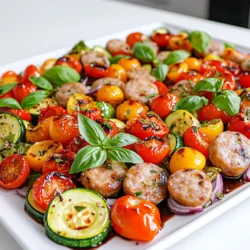 - 1 pound chicken sausage, sliced - 1 bell pepper, diced - 1 zucchini, sliced - 1 red onion, chopped - 1 cup cherry tomatoes, halved - 3 tablespoons balsamic vinegar - 2 tablespoons olive oil - 2 teaspoons dried Italian herbs - Fresh basil leaves for garnish - Salt and pepper to taste When I make this dish, I love how the flavors mix. The chicken sausage gives a nice, hearty taste. I often use Italian sausage, but any flavor works well. The colorful veggies add a crunch and sweetness. I like using red or yellow bell peppers for their flavor. Zucchini and red onion balance the dish. Cherry tomatoes burst with juice when cooked, adding a fresh touch. For the glaze, balsamic vinegar and olive oil blend nicely. The herbs bring an Italian flair. I don’t skip the salt and pepper; they enhance every bite. If you want, fresh basil leaves make a great garnish. They add a pop of color and flavor. - Preheat your oven to 425°F (220°C). - Line a large baking sheet with parchment paper. This makes cleanup easy. - In a big bowl, combine the sliced chicken sausage, diced bell pepper, sliced zucchini, chopped red onion, and halved cherry tomatoes. - In a small bowl, whisk together 3 tablespoons of balsamic vinegar, 2 tablespoons of olive oil, 2 teaspoons of dried Italian herbs, salt, and pepper. Pour this glaze over the sausage and veggies. - Toss all the ingredients gently to coat them evenly with the balsamic glaze. - Spread the mixture on the sheet pan in a single layer. This helps everything cook evenly. - Place the sheet pan in the oven and roast for 20-25 minutes. Stir halfway through. The sausage should brown, and the veggies should get tender. To ensure even cooking on your sheet pan, spread the sausage and veggies in a single layer. This allows heat to circulate well. Stir the mixture halfway through cooking. This step helps all ingredients cook evenly and achieve that perfect golden brown color. Monitor the roasting time carefully. Roasting for 20 to 25 minutes usually gives great results. Check for tenderness by piercing the veggies with a fork. If they are soft, they are ready to enjoy. This dish pairs well with a fresh salad or some crusty bread. You can serve it over rice or quinoa for a heartier meal. For a pop of color, add fresh basil leaves on top before serving. Arrange the food nicely on the plate for an appealing look. If your oven cooks unevenly, adjust your cooking time. Ovens can vary, so check the dish a few minutes early. Keep an eye on the sausage and veggies to avoid overcooking. If your veggies are overcooked, you can still salvage them. Add a splash of olive oil and a sprinkle of fresh herbs. This can bring back some flavor and moisture. {{image_2}} You can switch chicken sausage for other types. Try pork or turkey sausage for a different taste. Each type brings its own flavor. If you want a spicy kick, go for spicy Italian sausage. If you prefer a meatless option, plant-based sausage works great. It still tastes good and keeps the dish hearty. Look for brands that mimic the texture of meat. Feel free to mix in other seasonal veggies. Broccoli, asparagus, or carrots all work well. They add different colors and flavors. Try using sweet potatoes for a hearty twist. To change the taste, play with herbs. You can use rosemary, thyme, or even cilantro. Each herb gives a unique flavor. Experiment to find your favorite blend! Adding garlic or onion powder can boost the flavor. Both add depth and aroma to the dish. Just sprinkle a bit on the veggies before roasting. You can also try different types of vinegar. Apple cider vinegar adds a fruity note. Red wine vinegar gives a sharp taste. Each vinegar changes the dish's character. Don't be afraid to mix and match! To keep your leftovers fresh, use airtight containers. Glass or plastic containers work well. Allow the dish to cool first. This helps prevent moisture buildup. Once cool, seal the container tightly. Store it in the fridge. Your leftovers will stay good for 3 to 4 days. For the best taste, reheat in the oven. Preheat the oven to 350°F (175°C). Spread the dish on a baking sheet. Heat for about 10 to 15 minutes. If you're in a hurry, use the microwave. Place a serving in a microwave-safe bowl. Heat for 1 to 2 minutes. Stir halfway through to ensure even warming. Avoid overcooking to keep the texture nice. For long-term storage, you can freeze this dish. Place it in a freezer-safe container. Be sure to leave some space for expansion. Seal it tightly. Your meal can last up to 3 months in the freezer. To thaw, move it to the fridge overnight before reheating. This keeps the flavors intact and ensures even cooking. You can use any chicken sausage for this dish. I love Italian sausage. It gives a nice, rich flavor. You can also try apple or spicy sausage for a twist. Each flavor brings a unique taste to the meal. Choose what you like best! Yes, you can prep ingredients in advance. Chop your veggies and slice the sausage the night before. Store them in the fridge, covered. When you’re ready, just mix them with the balsamic glaze and roast. This saves time and is perfect for busy days. Look for a nice, golden color on the sausage. The veggies should be tender but not mushy. You can also check the internal temperature. It should reach 165°F (74°C) for chicken sausage. A fork should easily pierce the veggies. That's how you know it's ready! This recipe for chicken sausage and vegetables is simple and tasty. You learned about key ingredients, step-by-step cooking methods, and tips for perfect results. I shared ways to store leftovers and options for variations to suit your taste. Remember, cooking is about fun and creativity. So, don't hesitate to try new ingredients. Enjoy your delicious meal!